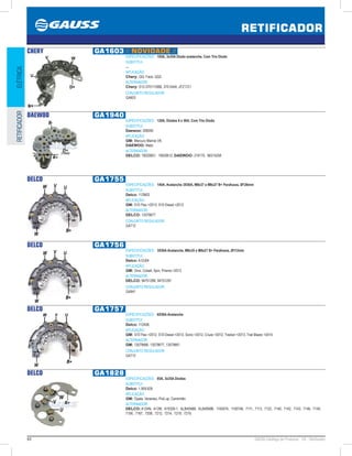 84 GAUSS Catálogo de Produtos - 24 - Retificador
RETIFICADOR
ELÉTRICARETIFICADOR
CHERY GA1603 // NOVIDADE //
ESPECIFICAÇÕES: 105A, 3x35A Diodo avalanche, Com Trio Diodo
SUBSTITUI:
...
APLICAÇÃO:
Chery: QQ; Face; QQ3
ALTERNADOR:
Chery: S12-3701110BB, 3701AAA, JFZ1721
CONJUNTO REGULADOR:
GA603
DAEWOO GA1940
ESPECIFICAÇÕES: 120A, Diodos 6 x 50A, Com Trio Diodo
SUBSTITUI:
Daewoo: 266000
APLICAÇÃO:
GM: Mercury Marine V8;
DAEWOO: Matiz
ALTERNADOR:
DELCO: 19020601, 19020612; DAEWOO: 219170, 96314258
DELCO GA1755
ESPECIFICAÇÕES: 140A, Avalanche 3X50A, M8x37 e M8x27 B+ Parafusos, Ø126mm
SUBSTITUI:
Delco: 112M03
APLICAÇÃO:
GM: S10 Flex 2013; S10 Diesel 2013
ALTERNADOR:
DELCO: 13579677
CONJUNTO REGULADOR:
GA712
DELCO GA1756
ESPECIFICAÇÕES: 3X50A Avalanche, M8x35 e M8x27 B+ Parafusos, Ø112mm
SUBSTITUI:
Delco: A12J04
APLICAÇÃO:
GM: Onix, Cobalt, Spin, Prisma 2013
ALTERNADOR:
DELCO: 94751298, 94751297
CONJUNTO REGULADOR:
GA941
DELCO GA1757
ESPECIFICAÇÕES: 6X50A Avalanche
SUBSTITUI:
Delco: 112A06
APLICAÇÃO:
GM: S10 Flex 2012, S10 Diesel 2013, Sonic 2012, Cruze 2012, Tracker 2013, Trail Blazer 2014
ALTERNADOR:
GM: 13579666, 13579677, 13579661
CONJUNTO REGULADOR:
GA712
DELCO GA1828
ESPECIFICAÇÕES: 85A, 3x35A Diodos
SUBSTITUI:
Delco: 1.959.828
APLICAÇÃO:
GM: Opala, Veraneio, Pick up, Caminhão
ALTERNADOR:
DELCO: A124N, A12M, A19326-1, ALB40N68, ALB40N86, 1100074, 1100748, 7111, 7113, 7122, 7140, 7142, 7143, 7146, 7149,
7156, 7167, 7208, 7212, 7214, 7218, 7219.
 
