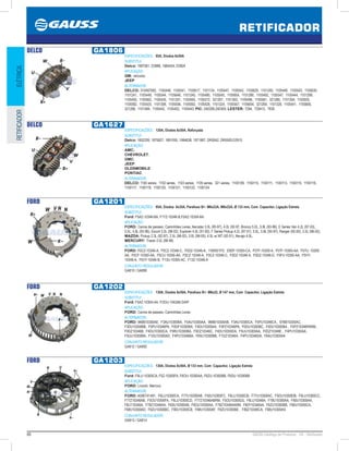 88 GAUSS Catálogo de Produtos - 24 - Retificador
RETIFICADOR
ELÉTRICARETIFICADOR
DELCO GA1806
ESPECIFICAÇÕES: 95A, Diodos 6x50A
SUBSTITUI:
Delco: 1987061, D3986, 1984454, D3924
APLICAÇÃO:
GM: veículos;
JEEP
ALTERNADOR:
DELCO: 310497082, 1105446, 1105541, 1105617, 1101134, 1105447, 1105542, 1105629, 1101240, 1105448, 1105543, 1105630,
1101241, 1105449, 1105544, 1105648, 1101245, 1105480, 1105545, 1105654, 1101280, 1105492, 1105547, 1105444, 1101299,
1105493, 1105562, 1105445, 1101301, 1105495, 1105572, 321267, 1101302, 1105496, 1105581, 321266, 1101304, 1105505,
1105582, 1105425, 1101308, 1105506, 1105592, 1105428, 1101324, 1105507, 1105604, 321269, 1101328, 1105441, 1105606,
321268, 1101484, 1105442, 1105402, 1105443; PIC: 240308,240309; LESTER: 7294, 729412, 7830
DELCO GA1627
ESPECIFICAÇÕES: 120A, Diodos 6x50A, Reforçada
SUBSTITUI:
Delco: 1852209, 1875627, 1891055, 1984638, 1971987, DR5042, DR5000,D3915
APLICAÇÃO:
AMC;
CHEVROLET;
GMC;
JEEP;
OLDSMOBILE;
PONTIAC.
ALTERNADOR:
DELCO: 1100 series, 1102 series, 1103 series, 1105 series, 321 series, 1100109, 1100110, 1100111, 1100113, 1100115, 1100116,
1100117, 1100119, 1100120, 1100121, 1100122, 1100124
FORD GA1201
ESPECIFICAÇÕES: 95A, Diodos 8x35A, Parafuso B+: M6x22A, M6x22A, Ø 133 mm, Com Capacitor, Ligação Estrela
SUBSTITUI:
Ford: F5AZ-10346-BA, F1TZ-10346-B,F5AZ-10304-BA
APLICAÇÃO:
FORD: Carros de passeio, Caminhões Leves, Aerostar 3.0L (95-97), 4.0L (92-97, Bronco 5.0L, 5.8L (93-96), E Series Van 4.2L (97-03),
5.0L, 5.8L (93-96), Escort 2.0L (98-02), Explorer 4.0L (91-00), F Series Pickup 4.2L (97-01), 5.0L, 5.8L (93-97), Ranger (92-05), 2.5L (98-02);
MAZDA: Pickup 2.3L (92-97), 2.5L (98-02), 3.0L (96-05), 4.0L w/ MT (92-01), Navajo 4.0L;
MERCURY: Tracer 2.0L (98-99)
ALTERNADOR:
FORD: F0CZ-10346-A, F0CZ-10346-C, F0DZ-10346-A, 1160931FD, E9DF-10300-CA, F07F-10300-A, F07F-10300-AA, F07U- 10300-
AA, F0CF-10300-AA, F0CU-10300-AA, F0CZ-10346-A, F0CZ-10346-C, F0DZ-10346-A, F0DZ-10346-D, F0FV-10300-AA, F0VY-
10346-A, F0VY-10346-B, F13U-10300-AC, F13Z-10346-A
CONJUNTO REGULADOR:
GA810 / GA890
FORD GA1202
ESPECIFICAÇÕES: 130A, Diodos 8x50A, Parafuso B+: M6x22, Ø 147 mm, Com Capacitor, Ligação Estrela
SUBSTITUI:
Ford: F5AZ-10304-AA, FODU-10A366-DAIP
APLICAÇÃO:
FORD: Carros de passeio, Caminhões Leves
ALTERNADOR:
FORD: 94BB10300AE, F3AU10300BA, F5AU10300AA, 96BB10300AB, F3AU10300CA, F5PU10346CA , 97BB10300AC,
F3DU10300BB, F5PU10346PA, F0DF10300BA, F4DU10300AA, F5PZ10346PA, F0DU10300BC, F4DU10300BA , F5PZ10346PARM,
F0DZ10346B, F4DU10300CA, F5RU10300BA, F0DZ10346C, F4DU10300DA, F5UU10300AA, F0DZ10346E , F4PU10300AA ,
F5UU10300BA, F1DU10300AD, F4PU10346BA, F65U10300BB, F1DZ10346A, F4PU10346DA, F6AU10300AA
CONJUNTO REGULADOR:
GA812 / GA892
FORD GA1203
ESPECIFICAÇÕES: 130A, Diodos 8x50A, Ø 133 mm, Com Capacitor, Ligação Estrela
SUBSTITUI:
Ford: F6LU-10300CA, F5Z-10300FA, F6OU-10300AA, F6ZU-10300BB, F6DU-10300BB
APLICAÇÃO:
FORD: Lincoln, Mercury
ALTERNADOR:
FORD: A006T41491, F6LU10300CA, F77U10300AB, F50U10300FC, F6LU10300CB, F77U10300AC, F5DU10300DB, F6LU10300CC,
F77Z10346AB, F5OU10300FA, F6LU10300CD, F77Z10346ABRM, F5OU10300GS, F6LU10346A, F78U10300AA, F60U10300AA,
F6LY10346A, F78Z10346AA, F60U10300AB, F6OU10300AA, F78Z10346AARM, F60Y10346AA, F6ZU10300BB, F80U10300CA,
F68U10300AD, F6ZU10300BC, F80U10300CB, F68U10300AF, F6ZU10300BE , F80Z10346CA, F68U10300AS
CONJUNTO REGULADOR:
GA813 / GA814
 