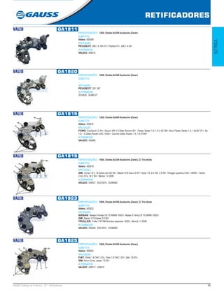 85GAUSS Catálogo de Produtos - 22 - Retificadores
RETIFICADORES
ELÉTRICA
VALEO GA1811
ESPECIFICAÇÕES: 120A, Diodos 6x35A Avalanche (Zener)
SUBSTITUI:
Valeo: 593509
APLICAÇÃO:
PEUGEOT: 206 1.6 16V 01>, Partner 01>, 206 1.4 03>
ALTERNADOR:
VALEO: 439515
VALEO GA1820
ESPECIFICAÇÕES: 120A, Diodos 6x35A Avalanche (Zener)
SUBSTITUI:
...
APLICAÇÃO:
PEUGEOT: 207, 307
ALTERNADOR:
2610426, SG9B127
VALEO GA1815
ESPECIFICAÇÕES: 120A, Diodos 6x50A Avalanche (Zener)
SUBSTITUI:
Valeo: 493815
APLICAÇÃO:
FORD: EcoSport 2.0 04>, Escort, SW 1.6 Zetec Rocam 00> , Fiesta, Sedan 1.0, 1.6 c/ AC 99>, Novo Fiesta, Sedan 1.0, 1.6c/AC 01>, Ka
1.0, 1.6 Zetec Rocam c/AC 10/02>, Courrier Zetec Rocam 1.6, 1.0 07/99>
ALTERNADOR:
VALEO: 439466
VALEO GA1819
ESPECIFICAÇÕES: 100A, Diodos 8x35A Avalanche (Zener), C/ Trio diodo
SUBSTITUI:
Valeo: 493819
APLICAÇÃO:
GM: Corsa 1.0 e 1.6 todos com AC 94>, Blazer/ S10 Gas 2.0 97>, Astra 1.8, 2.0 16V, 2.0 99>, Omega/ suprema 3.0/4.1 09/92>, Vectra
2.0/2.2 8 e 16 V 93>, Meriva 1.4 2008
ALTERNADOR:
VALEO: 439427, 93312974, SG9B082
VALEO GA1823
ESPECIFICAÇÕES: 100A, Diodos 8x35A Avalanche (Zener), C/ Trio diodo
SUBSTITUI:
Valeo: 493823
APLICAÇÃO:
NISSAN: Nissan Frontier 2.8 TD MWM 10/02>, Nissan X Terra 2.8 TD MWM 10/02>;
GM: Blazer/ S10 Diesel 2.8 00>;
TROLLER: Troller T4/T4M/Veículos especiais 10/02>, Meriva 1.4 2008
ALTERNADOR:
VALEO: 439428, 93312974, SG9B082
VALEO GA1825
ESPECIFICAÇÕES: 100A, Diodos 8x35A Avalanche (Zener)
SUBSTITUI:
Valeo: 493825
APLICAÇÃO:
FIAT: Dobló 1.8 OHC I 03>, Palio 1.8 OHC I 02>, Stilo 1.8 03>;
GM: Novo Corsa, sedan 1.0 02>
ALTERNADOR:
VALEO: 439517, 439519
 