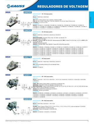 5GAUSS Catálogo de Produtos - 22 - Reguladores de Voltagem
REGULADORES DE VOLTAGEM
ELÉTRICA
BOSCH GA032
ESPECIFICAÇÕES: 14V / 75A Campo positivo
SUBSTITUI:
Bosch: 9 190 087 032, 9 190 087 026
APLICAÇÃO:
GM: Kadett 1.8, GS 2.0, GSI 2.0, Lite 1.8. Ipanema 1.8. Monza 2.0 MPFI;
FIAT: Uno 1.6R, 1.6R MPI. Premio. Elba 1.6 c/ar cond, Tempra 8V, 16V c/ar cond, Tempra Turbo s/ar cond;
CITROËN: ZX 1.9, ZX 2.0, ZX 16V.
ALTERNADOR:
BOSCH: 0 120 484 011, 0 120 484 205, 9 120 0806 153, 9 120 0806 165, 9 120 0806 168, 9 120 0806 169, 9 120 0806 170,
9 120 0806 171, 9 120 0806 172, 9 120 0806 173, 9 120 0806 180, 9 120 0806 198, 9 120 0806 203, 9 120 0806 208, 9 120 0806 211,
9 120 0806 213, 9 120 0806 221, 9 120 0806 224, 9 120 0806 229
BOSCH GA034
ESPECIFICAÇÕES: 14V / 55A Campo positivo
SUBSTITUI:
Bosch: 9 190 087 034, 9 190 087 023, 9 190 087 016, 9 190 087 031
APLICAÇÃO:
MERCEDES BENZ: Caminhões, Ônibus, Estac. Ind. e Marít. com alternador 14V;
CBT: Tratores 8240, 2105, 8060;
MAXION: Colheitadeiras MF1630/ 3640/ 5650. Retroescavadeiras M750, MF86, Tratores 9110/ 9130. Estac. 4 e 6 Cil. Ind. MF235/ 265/
272/ 275/ 283/ 290/ 292;
TOYOTA: Bandeirante (após 88);
AGRALE: Caminhões 1800K, Estac. M80/85/90, Tratores 4200 /4300 (M790) (após 06.85).
ALTERNADOR:
BOSCH: 0 120 468 028, 0 120 468 055, 9 120 080 112, 9 120 080 113, 9 120 080 130, 9 120 080 136, 9 120 080 140, 9 120 080 141,
9 120 080 142, 9 120 080 143, 9 120 080 145, 9 120 080 148, 9 120 080 149, 9 120 080 154, 9 120 080 157, 9 120 080 158,
9 120 080 159, 9 120 080 160, 9 120 080 161, 9 120 080 162, 9 120 080 163, 9 120 080 164, 9 120 080 166, 9 120 080 167,
9 120 080 175, 9 120 080 176, 9 120 080 177, 9 120 080 178, 9 120 080 179, 9 120 080 182, 9 120 080 183, 9 120 080 184,
9 120 080 185, 9 120 080 186, 9 120 080 188, 9 120 080 190, 9 120 080 191, 9 120 080 192, 9 120 080 193, 9 120 080 194,
9 120 080 195, 9 120 080 196, 9 120 080 197, 9 120 080 199, 9 120 080 200, 9 120 080 201, 9 120 080 202, 9 120 080 204,
9 120 080 214, 9 120 080 218, 9 120 080 182
BOSCH GA375
ESPECIFICAÇÕES: 14V Campo positivo
SUBSTITUI:
Bosch: 9 190 067 001, 9 190 067 003, 9 190 067 005, 9 190 067 011
APLICAÇÃO:
GM: Veículos da Austrália e América do Sul com Alternador Bosch.
ALTERNADOR:
BOSCH: 9 120 060 910
BOSCH GA041
ESPECIFICAÇÕES: 28V / 140A Campo positivo
SUBSTITUI:
Bosch: 9 190 457 001, 1 197 311 315, 9 190 457 051 , 1 197 311 316, 0 192 053 003, 0 192 053 012, 0 192 053 025, 0 192 053 009,
0 192 053 014
APLICAÇÃO:
FORD / VW: Chassis p/ ônibus Volksbus. com alternador 9 120 456 039 (75A);
MAFERSA: Ônibus M-210, M-240, com alternador 9 120 456 042 (75A);
MERCEDES BENZ: Chassis e Ônibus O370 RS, O370 RSD, O371 R, O371 RS, O371 RSD, O371 U, O371 UP, OF/OH, BR 400, Motor
M366 G, O400 UP, todos com alternador 9 120 456 001;
VOLVO: Ônibus B58, B10 M, com alternador 9 120 456 011;
RANDOM: Caminhão fora de estrada.
ALTERNADOR:
BOSCH: 0 120 689 535, 0 120 689 562, 9 120 456 001, 9 120 456 010, 9 120 456 011, 9 120 456 012, 9 120 456 015, 9 120 456 031,
9 120 456 032, 9 120 456 034, 9 120 456 036, 9 120 456 038, 9 120 456 039, 9 120 456 040, 9 120 456 041, 9 120 456 042,
9 120 456 043, 9 120 456 046, 9 120 456 047, 9 120 456 048, 9 120 456 049, 9 120 456 050, 9 120 456 052, 9 120 456 053,
9 120 080 015, 9 120 080 038
BOSCH GA042
ESPECIFICAÇÕES: 28V / 105A Campo positivo
SUBSTITUI:
Bosch: 9 190 457 003, 9 192 053 021, 1 197 311 320
APLICAÇÃO:
SCANIA: Ônibus, Chassis p/ Ônibus F112 HL, F113 HL, K113 CL, L113 CL, S113 AL, S113 CL, todos com alternador 9 120 456 003
(105A), Ônibus com alternador 9 120 456 014 (105A);
MAFERSA: Trolebus com alternador 9 120 456 028 (75A).
ALTERNADOR:
BOSCH: 9 120 456 003, 9 120 456 014, 9 120 456 028
 