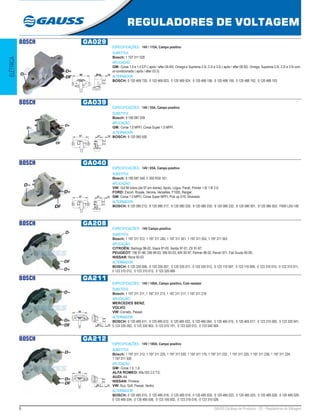 8 GAUSS Catálogo de Produtos - 22 - Reguladores de Voltagem
REGULADORES DE VOLTAGEM
ELÉTRICA
BOSCH GA029
ESPECIFICAÇÕES: 14V / 115A, Campo positivo
SUBSTITUI:
Bosch: 1 197 311 028
APLICAÇÃO:
GM: Corsa 1.0 e 1.4 EFI ( após / after 04.94). Omega e Suprema 2.0i, 2.2i e 3.0i ( após / after 09.92). Omega, Suprema 2.0i, 2.2i e 3.0i com
ar-condicionado ( após / after 03.3).
ALTERNADOR:
BOSCH: 0 120 469 729, 0 120 469 923, 0 120 469 924, 0 120 488 158, 0 120 488 159, 0 120 488 192, 0 120 488 193
BOSCH GA039
ESPECIFICAÇÕES: 14V / 55A, Campo positivo
SUBSTITUI:
Bosch: 9 190 087 039
APLICAÇÃO:
GM: Corsa 1.0 MPFI, Corsa Super 1.0 MPFI.
ALTERNADOR:
BOSCH: 9 120 080 500
BOSCH GA040
ESPECIFICAÇÕES: 14V / 85A, Campo positivo
SUBSTITUI:
Bosch: 9 190 087 040, F 000 RS0 101 
APLICAÇÃO:
VW: Gol Mi todos (de 97 em diante), Apolo, Logus, Parati, Pointer 1.6/ 1.8/ 2.0;
FORD: Escort, Royale, Verona, Versailles, F1000, Ranger;
GM: Corsa 1.0 MPFI, Corsa Super MPFI, Pick up S10, Silverado.
ALTERNADOR:
BOSCH: 9 120 080 212, 9 120 080 217, 9 120 080 226, 9 120 080 230, 9 120 080 232, 9 120 080 501, 9 120 080 502, F000 LD0-100
BOSCH GA208
ESPECIFICAÇÕES: 14V Campo positivo
SUBSTITUI:
Bosch: 1 197 311 512, 1 197 311 240, 1 197 311 551, 1 197 311 552, 1 197 311 553
APLICAÇÃO:
CITROËN: Berlingo 96-02, Xsara 97-00, Xantia 97-01, ZX 91-97;
PEUGEOT: 106 91-96, 206 99-03, 306 93-03, 405 92-97, Partner 96-02, Ranch 97>, Fiat Scudo 95-00;
NISSAN: Nicra 92-02
ALTERNADOR:
BOSCH: 0 120 335 006, 0 120 335 007, 0 120 335 011, 0 120 335 012, 0 123 110 007, 0 123 110 009, 0 123 310 010, 0 123 310 011,
0 123 310 012, 0 123 310 013, 0 123 320 068
BOSCH GA211
ESPECIFICAÇÕES: 14V / 100A, Campo positivo, Com resistor
SUBSTITUI:
Bosch: 1 197 311 211, 1 197 311 213, 1 197 311 217, 1 197 311 219
APLICAÇÃO:
MERCEDES BENZ;
VOLVO;
VW: Corrado, Passat.
ALTERNADOR:
BOSCH: 0 120 485 011, 0 120 485 012, 0 120 485 022, 0 120 465 004, 0 120 465 015, 0 120 465 017, 0 123 315 005, 0 123 320 041,
0 123 335 002, 0 123 335 003, 0 123 510 101, 0 123 520 012, 0 123 540 004
BOSCH GA212
ESPECIFICAÇÕES: 14V / 100A, Campo positivo
SUBSTITUI:
Bosch: 1 197 311 212, 1 197 311 225, 1 197 311 530, 1 197 311 175, 1 197 311 232 , 1 197 311 220, 1 197 311 238, 1 197 311 224,
1 197 311 500
APLICAÇÃO:
GM: Corsa 1.0, 1,4;
ALFA ROMEO: Alfa ISS 2.0 T.S;
AUDI: A4;
NISSAN: Primera;
VW: Bus, Golf, Passat, Ventro.
ALTERNADOR:
BOSCH: 0 120 485 015, 0 120 485 018, 0 120 485 019, 0 120 485 020, 0 120 485 023, 0 120 485 025, 0 120 485 026, 0 120 485 029,
0 120 485 034, 0 120 485 036, 0 123 100 002, 0 123 310 016, 0 123 310 026
 