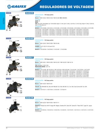 10 GAUSS Catálogo de Produtos - 22 - Reguladores de Voltagem
REGULADORES DE VOLTAGEM
ELÉTRICA
BOSCH GA225
ESPECIFICAÇÕES: 14V Campo positivo
SUBSTITUI:
Bosch: F 00M 145 225, F 00M 144 136, F 00M 145 350; VW: 038903803
APLICAÇÃO:
AUDI: A3;
SEAT;
VW: Bora, Golf 4, New Beatle, GoI 1.0 Mi 16V/8V, Parati II 1.0 16V, Gol III 1.0 Mi e 1.0 Mi 16V e 1.0 16V Turbo, Parati III 1.0 Mi e 1.0 Mi 16V,
Golf 4 1.9 TDI e SDI e 2.3
ALTERNADOR:
BOSCH: 0 124 215 006, 0 124 215 012, 0 124 315 001, 0 124 315 002, 0 124 315 003, 0 124 315 004, 0 124 315 005, 0 124 315 006,
0 124 315 007, 0 124 315 008, 0 124 315 011, 0 124 315 012, 0 124 315 013, 0 124 315 018, 0 124 315 020, 0 124 315 021,
0 124 315 022, 0 124 325 001, 0 124 325 002, 0 124 325 003, 0 124 325 004, 0 124 325 011, 0 124 325 012, 0 124 325 013,
0 124 325 014, 0 124 325 015, 0 124 325 016, 0 124 325 021, 0 124 325 022, 0 124 325 032, 0 124 325 033, 0 124 325 034,
0 124 325 035, 0 124 325 041, 0 124 325 042, 0 124 325 043, 0 124 515 010, 0 124 515 012, 0 124 515 022, 0 124 515 026,
0 124 515 035, 0 124 515 038, 0 124 515 039, 0 124 515 042, 0 124 515 045, 0 124 515 046, 0 124 515 056, 0 124 515 057,
0 124 515 073
BOSCH GA240
ESPECIFICAÇÕES: 14V Campo positivo
SUBSTITUI:
Bosch: F 00M 145 240, F 00M 145 206, F 00M 145 346
APLICAÇÃO:
HONDA: Civic 01 a 06, Fit >03, Acord 01-06
ALTERNADOR:
BOSCH: 0 124 225 039, 0 124 225 042, 0 124 225 007 , 0 124 325 006
BOSCH GA261
ESPECIFICAÇÕES: 14V Campo positivo
SUBSTITUI:
Bosch: F 00M 145 261, F 00M 145 296, F 00M 145 397, F 00M 145 876, F 00M 144 154
APLICAÇÃO:
VW caminhões: 13 150, 9 150;
MERCEDES BENZ: 1214, 710
ALTERNADOR:
BOSCH: 0 124 215 008, 008 124 225 012, 008 124 225 032, 008 124 225 040, 0 124 315 003, 0 124 315 004, 0 124 315 007,
0 124 315 008, 0 124 315 018, 0 124 315 020, 0 124 315 021, 0 124 315 022, 0 124 315 031, 0 124 325 012, 0 124 325 015,
0 124 325 016, 0 124 325 033, 0 124 325 034, 0 124 325 041, 0 124 325 042, 0 124 325 044, 0 124 325 051, 0 124 325 066,
0 124 325 067, 0 124 325 073, 0 124 325 076, 0 124 325 098, 0 124 325 107, 0 124 325 111, 0 124 325 125, 0 124 325 132,
0 124 515 010, 0 124 515 011, 0 124 515 012, 0 124 515 022, 0 124 515 035, 0 124 515 040, 0 124 515 057, 0 124 515 068,
0 124 515 101, 0 124 515 103, 0 124 515 110, 0 124 515 117, 0 124 515 121, 0 124 515 122, 0 124 515 124, 0 124 515 125
BOSCH GA229
ESPECIFICAÇÕES: 14V Campo positivo
SUBSTITUI:
Bosch: F 00M 145 229, F 00M 145 351
APLICAÇÃO:
VOLVO: S80 1999-2000 2.8L 120A, S80 1999-2001 2.9L 120A, S60 2001 2.3L, 2.4L 120A, Cross Country 2001 2.4L 120A
ALTERNADOR:
BOSCH: 0 124 515 017, 0 124 515 054, 0 124 525 001, 0 124 525 014
BOSCH GA239
ESPECIFICAÇÕES: 14V Campo positivo
SUBSTITUI:
Bosch: F 00M 145 239, F 00M 145 404, F 00M 144 111
APLICAÇÃO:
RENAULT: Renault Clio II 99-07/, Kangoo 98>, Megane, Grandtour 99>, Scenic 98>, Symbol 03>, Thalia II 99-07, Logan 04>, Laguna
97-03
ALTERNADOR:
BOSCH: 0 124 325 024, 0 124 325 184, 0 124 325 185, 0 124 325 031, 0 124 415 007, 0 124 415 013, 0 124 415 014, 0 124 415 041,
0 124 415 043
 