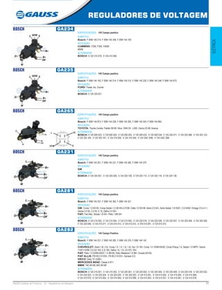 11GAUSS Catálogo de Produtos - 22 - Reguladores de Voltagem
REGULADORES DE VOLTAGEM
ELÉTRICA
BOSCH GA234
ESPECIFICAÇÕES: 14V Campo positivo
SUBSTITUI:
Bosch: F 00M 145 214, F 00M 145 348, F 00M 144 183
APLICAÇÃO:
CUMMINS: F250, F350, F4000;
MWM
ALTERNADOR:
BOSCH: 0 124 315 019, 0 124 415 006
BOSCH GA235
ESPECIFICAÇÕES: 14V Campo positivo
SUBSTITUI:
Bosch: F 00M 144 183, F 00M 145 214, F 00M 145 215, F 00M 145 235, F 00M 145 348, F 00M 145 672
APLICAÇÃO:
FORD: Fiesta, Ka, Courier
ALTERNADOR:
BOSCH: 0 124 225 021
BOSCH GA265
ESPECIFICAÇÕES: 14V Campo positivo
SUBSTITUI:
Bosch: F 00M 145 873, F 00M 145 236, F 00M 145 305, F 00M 145 324, F 00M 145 865
APLICAÇÃO:
TOYOTA: Toyota Corolla, Fielder 99-08, Hilux, SW4 05-, L200, Camry 02-06, Avenys
ALTERNADOR:
BOSCH: 0 120 000 023, 0 120 000 024, 0 120 000 025, 0 120 000 033, 0 120 000 034, 0 125 325 071, 0 125 325 086, 0 125 325 123,
0 125 325 165, 0 125 325 167, 0 124 315 029, 0 124 315 040, 0 124 OAC 5HB, 0 124 OAC 30B
IG
S
L
DFM
BOSCH GA231
ESPECIFICAÇÕES: 14V Campo positivo
SUBSTITUI:
Bosch: F 00M 145 201, F 00M 145 231, F 00M 145 282, F 00M 145 370
APLICAÇÃO:
GM
ALTERNADOR:
BOSCH: 0 124 225 001, 0 124 225 028, 0 124 325 109, 0 124 325 115, 0 124 325 118, 0 124 325 136
BOSCH GA281
ESPECIFICAÇÕES: 14V Campo positivo
SUBSTITUI:
Bosch: F 00M 145 257, F 00M 145 362, F 00M 145 321
APLICAÇÃO:
GM: Corsa 1.0 00>05, Corsa Sedan 1.0 00>05 e 01/06, Celta 1.0 05>06, Astra 2.0 04>, Astra Sedan 1.8 05/01, 2.0 04/04, Omega 3.0 e 4.1,
Vectra 2.0 05, 2.4 05, S 10, Zafira 2.0 04>;
FIAT: Fiat Stilo, Strada 1.8 04>, Pálio 1.8R 04>
ALTERNADOR:
BOSCH: 0 124 215 002, 0 124 215 004, 0 124 215 005, 0 124 225 016, 0 124 225 026, 0 124 225 027, 0 124 325 009, 0 124 325 028,
0 124 325 046, 0 124 415 011, 0 124 415 012, 0 124 415 015, 0 124 515 091, 0 124 615 015
BOSCH GA282
ESPECIFICAÇÕES: 14V Campo Positivo
SUBSTITUI:
Bosch: F 00M 144 231, F 00M 145 282, F 00M 145 370, F 00M 144 142
APLICAÇÃO:
CHEVROLET: Astra 1.8i, 2.0i, Corsa 1.0, 1.4, 1.6, 1.6i, Gsi 1.6 16V, Corsa 1.6 10/99>04/00, Corsa Pickup 1.6, Sedan 1.6 MPFI, Vectra
11/97>10/99, 2.0 CD 16V, 2.2i 16V, Zafira 1.6, 1.8, 2.0 DTL 16V;
FIAT: Palio 1.0 03/99>05/01 1.5 98>00, Palio Weekend 1.6 98>, Ducato 00>05;
FIAT ALLIS: FB100.0 01/03>, FB 80.2 01/03>, Genesis 5.0;
IVECO: Daily 10 12/00>;
MERCEDES BENZ: Classe A 97>;
BMW: 740 94>99, 840 94>99
ALTERNADOR:
BOSCH: 0 124 215 001, 0 124 215 003, 0 124 225 001, 0 124 225 002, 0 124 225 004, 0 124 225 009, 0 124 225 018, 0 124 225 022,
0 124 225 023, 0 124 225 024, 0 124 225 025, 0 124 325 023, 0 124 415 001, 0 124 415 002, 0 124 415 005, 0 124 415 008,
0 124 415 010, 0 124 515 004, 0 124 515 005, 0 124 515 006, 0 124 515 023, 0 124 515 031, 0 124 515 061, 0 124 515 079
 