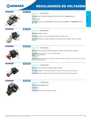 31GAUSS Catálogo de Produtos - 22 - Reguladores de Voltagem
REGULADORES DE VOLTAGEM
ELÉTRICA
MITSUBISHI GA798
ESPECIFICAÇÕES: 14V, Campo Positivo
SUBSTITUI:
Mitsubishi: A866X14072, A866X14070; Ford: E8PZ10313A, E8PZ10316A, GRE792; Motorcraft: GRE317
APLICAÇÃO:
FORD: Thunderbird
ALTERNADOR:
MITSUBISHI: A3T01496, A3T01496MA; FORD: E8SF10300AA, E8SZ10346A; LESTER: 13189; MOTORCRAFT: GLE254;
PIC: 203325
MITSUBISHI GA799
ESPECIFICAÇÕES: 28V, Campo Positivo
SUBSTITUI:
Mitsubishi: A866T06870, ME700635
APLICAÇÃO:
MITSUBISHI: Canter FE431, Canter FE444, Caminhões, Mitsubishi Fuso no Estado Unidos
ALTERNADOR:
MITSUBISHI: 34468-25100, A2T72483, A2T72986, A2T72987, A2T72999, A2T73387, ME049175, ME049177, ME070120,
ME087508
MITSUBISHI GA423
ESPECIFICAÇÕES: 14V, Campo Positivo
SUBSTITUI:
Mitsubishi: A866T00670, A866T01970, A866T02570, A866T02770, A866T03270, A866T09370, MD607372, MD607570
APLICAÇÃO:
MITSUBISHI: L200 1.8, Lancer 1.2, 1.4, Colt 1.2, 1.4T Pajero 2.6 83-86;
MAZDA: 121, 626, 929LRX7, 323;
SUZUKI: SJ710
ALTERNADOR:
MITSUBISHI: A001T23283, A001T24571, A001T32471, A002T16371, A002T40277, A003732877, A1T23377, A2T12371, A2T16371,
A2T31677, A3T21278, A3T32772
MITSUBISHI GA425
ESPECIFICAÇÕES: 14V, Campo Positivo
SUBSTITUI:
Mitsubishi: A866T18270, A866T03070, A866703470, MD607619, MD618302
APLICAÇÃO:
MITSUBISHI: L200 2.3D , L200 2.5D 4WD 86-96, Pajero 2.3TD 82-86, Colt 1.8D, Galant 1.8D, Lancer 1.8D, Canter
ALTERNADOR:
MITSUBISHI: A1T32084, A1T32009, A1T32176, A1T33576, A2T01077, A2T07677, A2T07777, A5T15584, A5T15684
MITSUBISHI GA426
ESPECIFICAÇÕES: 14V, Campo Positivo
SUBSTITUI:
Mitsubishi: A866X498; Cargo: 235450
APLICAÇÃO:
PEUGEOT: 306
ALTERNADOR:
MITSUBISHI: A5TA6292, A5TA6391, A5TA6291, A2TA6392C;
 