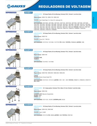 35GAUSS Catálogo de Produtos - 22 - Reguladores de Voltagem
REGULADORES DE VOLTAGEM
ELÉTRICA
NIPPONDENSO GA851
ESPECIFICAÇÕES: 14V Campo Positivo, 63.5 mm Mounting; Terminais: S-IG-L, Terminal ‘L’ com drive choke
SUBSTITUI:
Nippondenso: 126000-1730, 126000-1750, 126000-1930
APLICAÇÃO:
TOYOTA: Tercel, Toyota Paseo 1.5 L, Camry 2.2L, Landcruiser 4.5L
ALTERNADOR:
NIPPONDENSO: 1002116390, 1002110060, 1002110070, 1002110120, 1002110190, 1002110340, 1002110350, 1002110420,
1002110430, 1002110520, 1002110530, 1002110590, 1002110740, 1002115010, 1002115080, 1002115090, 100211510, 1002110450,
1002115150, 1002115160, 1002115460, 1002115550, 1002115970, 1002117060, 1002117180, 1002119510, 1002111270, 1002111280,
1002111290, 1002111300, 1002111320, 1002111330, 1002115100, 1002115140, 1002115150; TOYOTA: 2706011270, 2706011280,
2706011290, 2706011300, 2706011320, 2706011330, 2706015100, 2706015140, 2706035150, 2706066040, 2706072920,
2706074390, 2706075040, 2706075100, 2706082090.
NIPPONDENSO GA852
ESPECIFICAÇÕES: 14V Campo Positivo, 63.5 mm Mounting, Terminais: S-IG-L, Terminal ‘L’ sem drive choke
SUBSTITUI:
Nippondenso: 126000-7100
APLICAÇÃO:
TOYOTA: Pick-up 3.0L, T-1000 3.0L
ALTERNADOR:
NIPPONDENSO: 1012110130, 1012110300, 1012117010; PIC: 290351; TOYOTA: 2706065040; LESTER: 13496.
NIPPONDENSO GA853
ESPECIFICAÇÕES: 14V Campo Positivo, 63.5 mm Mounting, Terminais: P-IG-L, Terminal ‘L’ sem drive choke
SUBSTITUI:
Nippondenso: 126000-1940
APLICAÇÃO:
CATERPILLAR;
YANMAR
ALTERNADOR:
NIPPONDENSO: 1012119010, 1012119940
NIPPONDENSO GA854
ESPECIFICAÇÕES: 14V Campo Positivo, 63.5 mm Mounting, Terminais: S-IG-L, Terminal ‘L’ sem drive choke
SUBSTITUI:
Nippondenso: 126000-1960, 126000-2050, 126000-2200, 126000-2250
APLICAÇÃO:
LEXUS;
TOYOTA: 4Runner, Tacoma,Toyota T100
ALTERNADOR:
NIPPONDENSO: 1012114120, 1012114131; LESTER: 13670, 13671, 13673; TOYOTA: 2706062110, 2706062180, 2706075170;
PIC: 290380
NIPPONDENSO GA822
ESPECIFICAÇÕES: 14V , Campo positivo, Terminais: P-IG-L, Mount. 57,5 mm, Terminal ‘L’ sem drive choke
SUBSTITUI:
Nippondenso: 126000-1800
APLICAÇÃO:
CATERPILLAR: Máquinas e Equipamentos;
ACURA: Integra;
HONDA: Civic
ALTERNADOR:
NIPPONDENSO: 101211-2310, 105-2812; CATERPILLAR: 333-224
NIPPONDENSO GA860
ESPECIFICAÇÕES: 14V Campo Positivo, 57.5 mm Mounting, Terminais: S-IG-L, Terminal ‘L’ com drive choke
SUBSTITUI:
Nippondenso: 126000-1630, 126000-3480
APLICAÇÃO:
TOYOTA: Tercel 1.5 W/MT.
ALTERNADOR:
NIPPONDENSO: 1012112130; PIC: 290386; LESTER: 13485; TOYOTA: 2706011250
 
