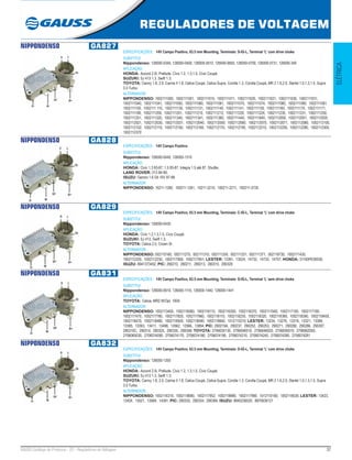 37GAUSS Catálogo de Produtos - 22 - Reguladores de Voltagem
REGULADORES DE VOLTAGEM
ELÉTRICA
NIPPONDENSO GA827
ESPECIFICAÇÕES: 14V Campo Positivo, 63.5 mm Mounting, Terminais: S-IG-L, Terminal ‘L’ com drive choke
SUBSTITUI:
Nippondenso: 126000-0340, 126000-0400, 126000-0510, 126000-0650, 126000-0700, 126000-0731, 126000-340
APLICAÇÃO:
HONDA: Accord 2.0i, Prellude, Civic 1.2, 1.3,1.5, Civic Coupé;
SUZUKI: SJ 413 1.3, Swift 1.3;
TOYOTA: Camry 1.8, 2.0, Carina II 1.8, Celica Coupé, Celica Supra, Corolla 1.3, Corolla Coupé, MR 2 1.6,2.0, Starlet 1.0,1.3,1.5, Supra
3.0 Turbo.
ALTERNADOR:
NIPPONDENSO: 1002111000, 1002111001, 1002111010, 1002111011, 1002111020, 1002111021, 1002111030, 1002111031,
1002111040, 1002111041, 1002111050, 1002111060, 1002111061, 1002111070, 1002111074, 1002111080, 1002111090, 1002111091,
1002111100, 1002111 110, 1002111130, 1002111131, 1002111140, 1002111141, 1002111150, 1002111160, 1002111170, 1002111171,
1002111180, 1002111200, 1002111201, 1002111210, 1002111212, 1002111220, 1002111224, 1002111230, 1002111231, 1002111250,
1002111251, 1002111320, 1002111340, 1002111341, 1002111360, 1002111440, 1002111840, 1002112000, 1002112001, 1002112020,
1002112021, 1002112030, 1002112031, 1002112040, 1002112050, 1002112060, 1002112070, 1002112071, 1002112080, 1002112100,
1002112102, 1002112110, 1002112150, 1002112160, 1002112170, 1002112190, 1002112210, 1002112250, 1002112280, 1002112300,
1002112370
NIPPONDENSO GA828
ESPECIFICAÇÕES: 14V Campo Positivo
SUBSTITUI:
Nippondenso: 126000-0440, 126000-1310
APLICAÇÃO:
HONDA: Civic 1.3 83-87, 1.5 83-87, Integra 1.5 até 87, Shuttle;
LAND ROVER: 213 84-90;
ISUZU: Gemini 1.6 Gti 16V 87-88
ALTERNADOR:
NIPPONDENSO: 10211-1260, 100211-1261, 10211-2210, 100211-2211, 100211-3720
NIPPONDENSO GA829
ESPECIFICAÇÕES: 14V Campo Positivo, 63.5 mm Mounting, Terminais: C-IG-L, Terminal ‘L’ com drive choke
SUBSTITUI:
Nippondenso: 126000-0430
APLICAÇÃO:
HONDA: Civic 1.2,1.3,1.5, Civic Coupé;
SUZUKI: SJ 413, Swift 1.3;
TOYOTA: Celica 2.0, Crown SI
ALTERNADOR:
NIPPONDENSO: 002110160, 002111270, 002111310, 002111330, 002111331, 002111371, 002119730, 1002111430,
1002112220, 1002112230, 1002117950, 1002117951; LESTER: 13391, 13524, 14732, 14733, 14757; HONDA: 31100PE00030;
ISUZU: 8941373452; PIC: 290210, 290211, 290213, 290315, 290329
NIPPONDENSO GA831
ESPECIFICAÇÕES: 14V Campo Positivo, 63.5 mm Mounting, Terminais: S-IG-L, Terminal ‘L’ sem drive choke
SUBSTITUI:
Nippondenso: 126000-0610, 126000-1110, 126000-1440, 126000-1441
APLICAÇÃO:
TOYOTA: Celica, MR2 W/Opt. 100A
ALTERNADOR:
NIPPONDENSO: 1002113400, 1002116060, 1002116110, 1002116350, 1002116370, 1002117040, 1002117100, 1002117180,
1002117470, 1002117780, 1002117820, 1002117960, 1002118110, 1002118230, 1002118320, 1002118380, 1002118390, 1002118450,
1002118470, 1002118480, 1002118500, 1002118590, 1002119840, 1012115210; LESTER: 13234, 13276, 13319, 13321, 13384,
13385, 13393, 13411, 13498, 13562, 13566, 13894; PIC: 290219A, 290237, 290252, 290253, 290271, 290280, 290286, 290307,
290310C, 290314, 290325, 290330, 290348; TOYOTA: 2706035130, 2706046010, 2706046020, 2706050010, 2706062050,
2706065030, 2706074090, 2706074170, 2706074180, 2706074190, 2706074210, 2706074240, 2706074280, 2706074281
NIPPONDENSO GA832
ESPECIFICAÇÕES: 14V Campo Positivo, 63.5 mm Mounting, Terminais: D-IG-L, Terminal ‘L’ com drive choke
SUBSTITUI:
Nippondenso: 126000-1200
APLICAÇÃO:
HONDA: Accord 2.0i, Prellude, Civic 1.2, 1.3,1.5, Civic Coupé;
SUZUKI: SJ 413 1.3, Swift 1.3;
TOYOTA: Camry 1.8, 2.0, Carina II 1.8, Celica Coupé, Celica Supra, Corolla 1.3, Corolla Coupé, MR 2 1.6,2.0, Starlet 1.0,1.3,1.5, Supra
3.0 Turbo.
ALTERNADOR:
NIPPONDENSO: 1002116310, 1002118680, 1002117952, 1002118980, 1002117990, 1012110160, 1002118530; LESTER: 13423,
13424, 13521, 13569, 14391; PIC: 290333, 290334, 290384; ISUZU: 8940236520, 8970638121
 
