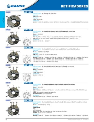 50 GAUSS Catálogo de Produtos - 22 - Retificadores
RETIFICADORES
ELÉTRICA
BOSCH GA1347
ESPECIFICAÇÕES: 95A, Diodos 8 x 35A, C/ Trio Diodo
SUBSTITUI:
Ford: E9YJ-10304A
APLICAÇÃO:
FORD: Mercury, Capri
ALTERNADOR:
BOSCH: 9 120 060 027; FORD: 89JA10300AA, E9JY10346A, E9YJ10346A; LESTER : 13300; MOTORCRAFT: GLE273, 220282
BOSCH GA1638
ESPECIFICAÇÕES: 75A, Diodos 6x35A, Parafuso B+ M6x50, Parafuso W M5/M4x45, Com trio Diodo
SUBSTITUI:
Bosch: 9 122 080 638
APLICAÇÃO:
FIAT ALLIS: Tratores FB80.2 e 100.2, série 4630, 5030, 5060, 6630, 7630, 7830, 8030 (01.97) F 000 LD0 103 K1 75 14;
GM: Pick-up D20, D40, D6000, Bonanza, Veraneio (Maxion) com ar-condicionado (03.92) 9 120 080 197 K1 75 14.
ALTERNADOR:
BOSCH: F000 LD0-103, 9 120 080 197
113
BOSCH GA1651
ESPECIFICAÇÕES: 65A, Diodos 6x35A, Parafuso B+ dupla rosca: M8/M6x50, Parafuso D+M5x45, C/ trio Diodo
SUBSTITUI:
Bosch: 1 127 320 651, 1 127 320 677
APLICAÇÃO:
GM: Ômega, Suprema 2.0i, 2.2i, 3.0i, (após 09.92) c/ar cond.
ALTERNADOR:
BOSCH: 0 120 488 156, 0 120 488 157, 0 120 488 158, 0 120 488 159, 0 120 488 160, 0 120 488 161, 0 120 488 162, 0 120 488 163,
0 120 488 164, 0 120 488 165, 0 120 488 167, 0 120 488 168, 0 120 488 169, 0 120 488 170, 0 120 488 171, 0 120 488 172,
0 120 488 173, 0 120 488 174, 0 120 488 175, 0 120 488 190, 0 120 488 191, 0 120 488 192, 0 120 488 193, 0 120 488 200,
0 120 488 201, 0 120 488 202, 0 120 488 203, 0 120 488 204
113
BOSCH GA1676
ESPECIFICAÇÕES: 95A, Diodos 8x35A, Parafuso B+ M8x50, Parafuso D+ M5x45, Com trio Diodo
SUBSTITUI:
Bosch: 9 122 080 676
APLICAÇÃO:
FORD: Escort 2.0i Xr3
ALTERNADOR:
BOSCH: 9 120 080 167
113
BOSCH GA1677
ESPECIFICAÇÕES: 85A, Diodos 8x35A Avalanche (Zener), Parafuso B+ M8/M6x50, Com trio Diodo
SUBSTITUI:
Bosch: F 000 LD1 006
APLICAÇÃO:
GM: S10 2.5L (após 10.95)(Maxxion High Speed c/ ar condic.). Silverado 4.2 DLX (MWM c/ar condic.) (após 11.96). D6000,D6150 (após
11.96);
FORD: Pick-up Ranger 2.5D(Maxxion Hs4) (após 10.97);
MERCEDES BENZ: Sprinter 310/ 312/ 412.
ALTERNADOR:
F000 LD0-102, F000 LD0-100, 9 120 080 232, 9 120 080 226
113
BOSCH GA1692
ESPECIFICAÇÕES: 95A, Diodos 8x35A Avalanche (Zener), Parafuso B+ M8x50, Parafuso D+ M5x45, Terminal W, Com trio Diodo
SUBSTITUI:
Bosch: 1 127 320 692; Cargo: 138165
APLICAÇÃO:
JOHN DEERE;
KHD;
NEW HOLLAND;
IVECO: 75-9A, 80-9A, 80-13A, 80-16A, 90-13A, 90-9A, 110-13A, 130-13A, 130-16A;
JI CASE : 110, 120, 135 com ar condicionado.
ALTERNADOR:
BOSCH: 0 120 484 001, 0 120 484 011, 0 120 484 012, 0 120 484 015, 0 120 484 118, 0 120 484 020, 0 120 484 022, 0 120 484 024 
 