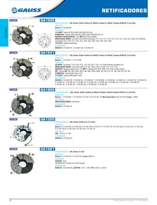 52 GAUSS Catálogo de Produtos - 22 - Retificadores
RETIFICADORES
ELÉTRICA
BOSCH GA1509
ESPECIFICAÇÕES: 95A, Diodos 6x35A, Parafuso B+ M6x50, Parafuso D+ M4x50, Parafuso W M5x45, C/ trio Diodo
SUBSTITUI:
Bosch: 9 122 080 509
APLICAÇÃO:
JI CASE: Tratores W18D e W20D (OM 366A) (93 / 94);
KOMATSU: Tratores D30E (OM 352), D50A, D50P (OM 352A) (05.75);
MASSEY-FERGUSSON: Trator MF3640 (Perkins 6358A);
MERCEDES BENZ: Caminhão 1620 (06.96) Caminhões 1113, 1114, 1117, 1118, 1313, 1314, 1514, 1520, 2014, 2020, 2214 (OM 352)
Caminhões 1214, 1218, 1414, 1418, 1614, 1618, 1924, 1929, 1932, 1933, 1934, 1935;
TOYOTA: Utilitário Bandeirante.
ALTERNADOR:
BOSCH: 9 120 080 181, 9 120 080 183, 9 120 080 219 
113
BOSCH GA1541
ESPECIFICAÇÕES: 95A, Diodos 6x35A, Parafuso B+ M6x50, Parafuso D+ M4x50, Parafuso W M5x45, C/ trio Diodo
SUBSTITUI:
Bosch: 1 127 320 541, 1 127 011 095
APLICAÇÃO:
SCANIA: Caminhões T112 e 142, R112, 113 e 142, DN 11, Ds11 e 14, Motor Marítimo Geradores Ind;
MERCEDES BENZ: Caminhões O365, 812, 1621, 2020, L1625, LG1825,1114, 1214, 1418;
MAXION: Retroescavadeira série 1175, MF86, Tratores 9070, 9075, 9090, 9110, 9130 c/ motor Perkins;
MF: Tratores MF1630, 3640, 5650, 5650 Turbo, 6845, 6855 e 6865, 235, 265, 272, 275 , 283, 290, 292, 297, 299;
KOMATSU: Tratores D30E após 11/78;
JI CASE: Tratores W36B (após 01/88)
ALTERNADOR:
BOSCH: 0 120 489 728, 0 120 489 730, 0 120 489 827, 0 120 489 886, 0 120 489 944, 9 120 080 114, 9 120 080 130, 9 120 080 136,
9 120 080 137, 9 120 080 144, 9 120 080 157, 9 120 080 159, 9 120 080 160, 9 120 080 162, 9 120 080 166, 9 120 080 182,
9 120 080 184, 9 120 080 187, 9 120 080 188, 9 120 080 202, 9 120 080 207
113
BOSCH GA1909
ESPECIFICAÇÕES: 120A, Diodos 6x50A, Parafuso B+ M8x30, Parafuso L M4x19, Parafuso W M5x19, C/ trio Diodo
SUBSTITUI:
Bosch: 1 127 320 909, 1 127 320 992, 9 127 041 132, 9 127 041 133; Mercedes Benz: 000 154 7016; Cargo: 133995
APLICAÇÃO:
MERCEDES BENZ: Caminhões
ALTERNADOR:
BOSCH: 0 120 489 316
BOSCH GA1320
ESPECIFICAÇÕES: 85A, Diodos 6x35A, Com Trio Diodo
SUBSTITUI:
Bosch: 9 121 067 300, 9 121 067 303, 9 121 067 304, 9 121 067 317, 9 121 067 319, 9 121 067 320, 9 121 067 324, 9 121 067 325,
9 121 067 328, 9 121 067 329, 9 121 067 330, 9 121 067 331
APLICAÇÃO:
GM : Chev.Luv 2.2 98>
ALTERNADOR:
BOSCH: 9 120 060 910
BOSCH GA1321
ESPECIFICAÇÕES: 85A, Diodos 6 x 35A
SUBSTITUI:
Bosch: 9 121 067 301, 9 121 067 316; Lucas: UBB 416
APLICAÇÃO:
DODGE: Omni;
IMPORTADOS: Chrysler com motor Peugeot
ALTERNADOR:
BOSCH: 9 120 060 684; LESTER: 13187, 14787; PIC: 220125, 220184
 
