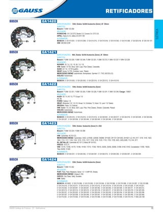 55GAUSS Catálogo de Produtos - 22 - Retificadores
RETIFICADORES
ELÉTRICA
BOSCH GA1420
ESPECIFICAÇÕES: 120A, Diodos 6x50A Avalanche (Zener), Ø: 120mm
SUBSTITUI:
Bosch: F 00M 133 200
APLICAÇÃO:
PORSCHE: 911 3.6 GT3, Boxter 2.5, Correra 3.4, GT3 3.6;
OPEL: Astra G 2.0, Zafira 2.0 DTH 16V
ALTERNADOR:
BOSCH: 0 124 515 001, 0 124 515 008, 0 124 515 015, 0 124 515 016, 0 124 515 043, 0 124 515 058, 0 124 525 016, B 120 516 147;
VW: 038 903 018F
BOSCH GA1421
ESPECIFICAÇÕES: 90A, Diodos 6x35A Avalanche (Zener), Ø: 120mm
SUBSTITUI:
Bosch: F 00M 133 228, F 00M 133 246, F 00M 123 201, F 00M 123 212, F 00M 123 227, F 00M 123 228
APLICAÇÃO:
ROVER: 25 1.4, 1.6, 1.8, 45, 1.6, 1.8;
VW: Beetle 1.9 TDI, Bora, Golf, Lupo, Polo Classic, Caravelle;
AUDI: A3 1.6, 1.9 TDI quattro;
SEAT: Arosa 1.4 TDI, Cordoba, Leon, Toledo;
MERCEDES BENZ: automóveis, Kompressor, Sprinter 2.7, 715C (ACCELLO);
VOLVO: Automóveis
ALTERNADOR:
BOSCH: 0 124 315 003, 0 124 325 003, 0 124 225 010, 0 124 225 012, 0 124 415 010
BOSCH GA1422
ESPECIFICAÇÕES: 120A, Diodos 6x50A Avalanche (Zener)
SUBSTITUI:
Bosch: F 00M 133 201, F 00M 133 205, F 00M 133 228, F 00M 133 241, F 00M 133 246; Cargo: 139921
APLICAÇÃO:
AUDI: A2 1.4, A3 1.6, TT Coupe 1.8;
A4, A6;
FORD: Galaxy 1.9;
SEAT: Alhambra 1.8, 1.9, 2.0, Arosa 1.4, Córdoba 1.9, Ibiza 1.9, Leon 1.9, Toledo;
SKODA: Fabia 1.9, Octavia;
VW: Beetle 1.9, 2.0, Bora, Golf, Lupo, Polo, Polo Classic, Sharan, Caravelle, Passat;
VOLVO: Automóveis;
MERCEDES BENZ: Automóveis
ALTERNADOR:
BOSCH: 0 124 225 010, 0 124 315 010, 0 124 315 014, 0 124 320 001, 0 124 325 017, 0 124 325 019, 0 124 325 020, 0 124 325 036,
0 124 325 037, 0 124 325 039, 0 124 325 040, 0 124 325 043, 0 124 325 045, 0 124 325 055
BOSCH GA1423
ESPECIFICAÇÕES: 120A, Diodos Avalanche (Zener) 6 x 50A
SUBSTITUI:
Bosch: F 00M 133 224, F 00M 133 286
APLICAÇÃO:
VW: Caminhão 16.210 CO;
MERCEDES BENZ: Caminhão L1622, LS1938, LS2638, O500M, OF1620, OF1721,OH1420, OH1621 LG, 915, 917, 1218, 1418, 1622,
1944, 1114, 1117, 1120, 1124, 1215, 1315, 1317, 1318, 1418, 1518, 1718, 1725, 1728, 2423, 2425,2428, 712, 814, 817;
EL DETALLE: Caminhão AO 101 C/ Motor BF 6-913C;
IVECO: 70 E 21;
VW: 13170, 13180, 15170, 15180, 15190, 17210, 17250, 18310, 23250, 24250, 26260, 31260, 8150, 9150, Constallation 17250, 19320,
Titan 24250, 31320
ALTERNADOR:
BOSCH: 0 124 555 001, 0 124 555 002, 0 124 555 007, 0 124 555 015, 0 124 655 026, 0 124 655 007, 0 124 055 004
BOSCH GA1424
ESPECIFICAÇÕES: 120A, Diodos 6x50A Avalanche (Zener)
SUBSTITUI:
Bosch: F 00M 113 202
APLICAÇÃO:
FIAT: Palio, Palio Weekend, Siena 1.0, 1.5 MPI 8V, Strada;
MERCEDES BENZ: Classe A 160;
IVECO: City Class, Daily, Scudato;
GM: Safira
ALTERNADOR:
BOSCH: 4315002, 0 124 215 006, 0 124 315 003, 0 124 315 004, 0 124 315 005, 0 124 315 006, 0 124 315 007, 0 124 315 008,
0 124 315 010, 0 124 315 011, 0 124 315 012, 0 124 315 013, 0 124 315 014, 0 124 315 018, 0 124 315 020, 0 124 315 021,
0 124 315 022, 0 124 320 001, 0 124 325 001, 0 124 325 002, 0 124 325 003, 0 124 325 004, 0 124 325 011, 0 124 325 012,
0 124 325 013, 0 124 325 014, 0 124 325 015, 0 124 325 016, 0 124 325 017, 0 124 325 018, 0 124 325 019, 0 124 325 020,
0 124 325 021, 0 124 325 022, 0 124 325 023, 0 124 325 032, 0 124 325 033, 0 124 325 034, 0 124 325 035, 0 124 325 036,
0 124 325 037, 0 124 325 039, 0 124 325 040, 0 124 325 041, 0 124 325 042, 0 124 325 043, 0 124 325 045, 0 124 325 049,
0 124 415 001, 0 124 415 002, 0 124 415 005, 0 124 415 006, 0 124 415 008, 0 124 415 009, 0 124 415 010, F 000 LD0 700
 