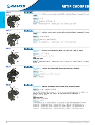 58 GAUSS Catálogo de Produtos - 22 - Retificadores
RETIFICADORES
ELÉTRICA
BOSCH GA1570
ESPECIFICAÇÕES: 90A, Diodos Avalanche (Zener), Parafuso B+ M6, Com trio Diodo, Com Capacitor | Não acompanha Terminal da
Lâmpada
SUBSTITUI:
Bosch: 1 127 319 570 
APLICAÇÃO:
FORD: Ka 1.0, 1.3i, Courrier 1.0, 1.3i, Fiesta 1.0, 1.3
ALTERNADOR:
BOSCH: 0 123 320 050, 0 123 310 023, 0 123 310 048, 0 123 310 054, 0 123 310 055, 0 123 310 067 
BOSCH GA1584
ESPECIFICAÇÕES: 90A, Diodos Avalanche (Zener), Parafuso B+ M6, Com trio Diodo, Com Capacitor | Não acompanha Terminal da
Lâmpada
SUBSTITUI:
Bosch: 1 127 319 584, 1 127 320 870
APLICAÇÃO:
FORD: Escort Zetec 16v 1.8i. , Fiesta, Orion, Scorpio II
ALTERNADOR:
BOSCH: 0 120 485 029, 0 123 310 014, 0 123 310 015, 0 123 310 029, 0 123 310 053, 0 123 320 014 
BOSCH GA1667
ESPECIFICAÇÕES: 90A, Diodos 8x35A Avalanche (Zener), Parafuso B+ M8, Com trio Diodo, 4 Fases, Com Capacitor
SUBSTITUI:
Bosch: 1 127 319 667, 1 127 320 850
APLICAÇÃO:
VW: Cabrio, Corrado, Eurovan, Golf, Jetta, Passat;
BMW;
MERCEDES BENZ
ALTERNADOR:
BOSCH: 0 120 485 036, 0 120 485 038, 1 120 485 039, 0 123 320 001, 0 123 320 002, 0 123 320 005, 0 123 340 002, 0 123 340 003,
0 123 340  005 
BOSCH GA1671
ESPECIFICAÇÕES: 75A, Diodos 6x35A Avalanche (Zener), Parafuso B+ M6, Com trio Diodo, Com Capacitor
SUBSTITUI:
Bosch: 1 127 319 671
APLICAÇÃO:
HONDA: Civic 1.4i 95-01, Civic 1.5i 94-01, 1.4, 1.5, 1.6 de 95>01
ALTERNADOR:
BOSCH: 0 123 315 020 
BOSCH GA1852
ESPECIFICAÇÕES: 90A, Diodos : 6x35A Avalanche (Zener), Parafuso B+ M8, Com trio Diodo, Com Capacitor
SUBSTITUI:
Bosch: 1 127 319 552 , 1 127 320 852, 1 127 319 728
APLICAÇÃO:
VW: Golf GL 2.0 e GLX (após 03.96). Polo Classic 1.6 Mi, 1.8 Mi (AP) Van 1.6 Mi c/ ar cond. (após 02.97) Gol e Parati 1.0 Mi e 1.0 Mi 16V
sem ar cond. (após 09.97), Polo, Classic 1.6 Mi, 1.8 Mi (AP), Van 1.6 Mi s/ ar cond. (após 02.97), Bora, New Batle 2.0;
Caravelle, Eurovan, Jetta, Passat;
BMW;
MERCEDES BENZ;
SEAT: Cordoba, Ibiza, Inca, Toledo;
AUDI: A3 1.6, 1.8 e Diesel
ALTERNADOR:
AUDI / VW: 023 903 023, 028 903 018, 023 903 025G, 023 903 025P, 023 903 025Q, 030 903 023B  BOSCH: 0 120 335 007,
0 120 340 003, 0 120 485 034, 0 120 485 043, 0 120 485 044, 0 123 310 001, 0 123 310 002, 0 123 310 018, 0 123 310 019,
0 123 310 020, 0 123 310 024, 0 123 310 025, 0 123 310 032, 0 123 310 034, 0 123 310 035, 0 123 310 037, 0 123 310 038,
0 123 310 039, 0 123 310 040, 0 123 310 046, 0 123 310 049, 0 123 315 001, 0 123 315 002, 0 123 315 006, 0 123 315 021,
0 123 315 501, 0 123 320 006, 0 123 320 007, 0 123 320 008, 0 123 320 017, 0 123 320 018, 0 123 320 019, 0 123 320 024
 