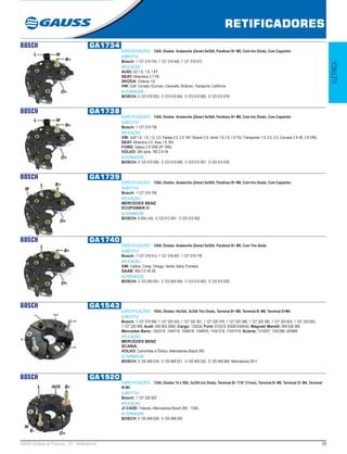 59GAUSS Catálogo de Produtos - 22 - Retificadores
RETIFICADORES
ELÉTRICA
BOSCH GA1734
ESPECIFICAÇÕES: 120A, Diodos Avalanche (Zener) 6x50A, Parafuso B+ M8, Com trio Diodo, Com Capacitor
SUBSTITUI:
Bosch: 1 127 319 734, 1 127 319 540, 1 127 319 572
APLICAÇÃO:
AUDI: A3 1.6, 1.8, 1.8T;
SEAT: Alharmbra 2.7 V8;
SKODA: Octavia 1.6;
VW: Golf, Corrado, Eurovan, Caravelle, Multivan, Transports, California
ALTERNADOR:
BOSCH: 0 123 510 053, 0 123 510 054, 0 123 510 065, 0 123 515 016
BOSCH GA1738
ESPECIFICAÇÕES: 130A, Diodos Avalanche (Zener) 8x50A, Parafuso B+ M8, Com trio Diodo, Com Capacitor
SUBSTITUI:
Bosch: 1 127 319 738
APLICAÇÃO:
VW: Golf 1.6, 1.8, 1.9, 2.0, Passta 2.0, 2.0 16V, Sharan 2.0, Vento 1.6,1.8, 1.9 TDi, Transporter 1.9, 2.0, 2.5, Conrado 2.8 V6, 2.9 VR6;
SEAT: Alhambra 2.0, Ibiza 1.8 16V;
FORD: Galaxy 2.8 VR6 UP 1995;
VOLVO: 260 série, 760 2.8 V6
ALTERNADOR:
BOSCH: 0 123 510 005, 0 123 510 006, 0 123 510 007, 0 123 515 032
BOSCH GA1739
ESPECIFICAÇÕES: 120A, Diodos Avalanche (Zener) 6x50A, Parafuso B+ M8, Com trio Diodo, Com Capacitor
SUBSTITUI:
Bosch: 1 127 319 708
APLICAÇÃO:
MERCEDES BENZ;
ECOPOWER 90
ALTERNADOR:
BOSCH: 6 004 LA9, 0 123 512 501, 0 123 512 502
BOSCH GA1740
ESPECIFICAÇÕES: 120A, Diodos Avalanche (Zener) 6x50A, Parafuso B+ M8, Com Trio diodo
SUBSTITUI:
Bosch: 1 127 319 013, 1 127 319 597, 1 127 319 778
APLICAÇÃO:
GM: Calibra, Corsa, Omega, Vectra, Astra, Frontera;
SAAB: 900 2.5 V6 SE
ALTERNADOR:
BOSCH: 0 123 505 001, 0 123 505 004, 0 123 510 003, 0 123 510 020
BOSCH GA1543
ESPECIFICAÇÕES: 105A, Diodos 14x35A, 3x35A Trio Diodo, Terminal B+ M8, Terminal B- M6, Terminal D+M4
SUBSTITUI:
Bosch: 1 127 319 560, 1 127 320 543, 1 127 320 361, 1 127 320 379, 1 127 320 388, 1 127 320 395, 1 127 320 653, 1 127 320 655,
1 127 320 959; Audi: 049 903 359D; Cargo: 133530; Ford: 613319, 83DB10304AA; Magneti Marelli: 940 038 360;
Mercedes Benz: 1543316, 1544716, 1546616, 1546916, 11541216, 11541516; Scania: 1314207, 1342386, 424968
APLICAÇÃO:
MERCEDES BENZ;
SCANIA;
VOLVO: Caminhões e Ônibus. Alternadores Bosch 28V.
ALTERNADOR:
BOSCH: 0 120 469 518, 0 120 469 521, 0 120 469 532, 0 120 469 569  Alternadores 28 V 
BOSCH GA1920
ESPECIFICAÇÕES: 135A, Diodos 14 x 50A, 3x35A trio Diodo, Terminal B+ 7/16’ (11mm), Terminal B- M6, Terminal D+ M4, Terminal
W M5
SUBSTITUI:
Bosch: 1 127 320 920
APLICAÇÃO:
JI CASE: Tratores. Alternadores Bosch 28V - 135A.
ALTERNADOR:
BOSCH: 0 120 468 028, 0 120 468 055 
 