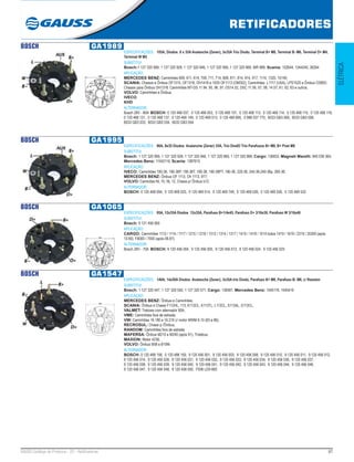 61GAUSS Catálogo de Produtos - 22 - Retificadores
RETIFICADORES
ELÉTRICA
BOSCH GA1989
ESPECIFICAÇÕES: 105A, Diodos 8 x 35A Avalanche (Zener), 3x35A Trio Diodo, Terminal B+ M8, Terminal B- M6, Terminal D+ M4,
Terminal W M5
SUBSTITUI:
Bosch:1 127 320 989, 1 127 320 928, 1 127 320 946, 1 127 320 956, 1 127 320 969, IBR 989; Scania: 102644, 1344240, 36264 
APLICAÇÃO:
MERCEDES BENZ: Caminhões 609, 611, 614, 709, 711, 714, 809, 811, 814, 914, 917, 1114, 1320, 15140;
SCANIA: Chassis e Ônibus OF1315, OF1318, OH1418 e 1635 OF1113 (OM352), Caminhões L1117 (USA), LPS1525 e Ônibus O390D.
Chassis para Ônibus OH1318. Caminhões MT-DS 11.94, 95, 96, 97, DS14.52, DSC 11.56, 57, 58, 14.57, 61, 62, 63 e outros;
VOLVO: Caminhões e Ônibus;
IVECO;
KHD
ALTERNADOR:
Bosch 28V - 80A  BOSCH: 0 120 468 037, 0 120 468 053, 0 120 468 107, 0 120 468 113, 0 120 468 114, 0 120 468 115, 0 120 468 118,
0 120 468 131, 0 120 468 137, 0 120 468 149, 0 120 469 013, 0 120 469 895, 0 986 037 770, 6033 GB3 006, 6033 GB3 008,
6033 GB3 033, 6033 GB3 034, 6033 GB3 054 
122
BOSCH GA1995
ESPECIFICAÇÕES: 90A, 8x35 Diodos Avalanche (Zener) 35A, Trio DiodO Trio Parafusos B+ M8, B+ Post M8
SUBSTITUI:
Bosch: 1 127 320 995, 1 127 320 928, 1 127 320 946, 1 127 320 969, 1 127 320 989; Cargo: 136832; Magneti Marelli: 940 038 364;
Mercedes Benz: 11542116; Scania: 1387615
APLICAÇÃO:
IVECO: Caminhões 190-36, 190-36P, 190-36T, 190-38, 190-38PT, 190-36, 220-36, 240-36,240-36p, 260-36;
MERCEDES BENZ: Ônibus OF 1113, Oh 1113, 917;
VOLVO: Caminões NL 10, NL 12, Chassi p/ Ônibus b12.
ALTERNADOR:
BOSCH: 0 120 468 094, 0 120 469 025, 0 120 469 014, 0 120 469 749, 0 120 469 026, 0 120 469 526, 0 120 469 532 
BOSCH GA1065
ESPECIFICAÇÕES: 95A, 12x35A Diodos 12x35A, Parafuso B+1/4x45, Parafuso D+ 3/16x30, Parafuso W 3/16x40
SUBSTITUI:
Bosch: 9 121 456 065 
APLICAÇÃO:
CARGO: Caminhões 1113 / 1114 / 1117 / 1215 / 1218 / 1313 / 1314 / 1317 / 1415 / 1418 / 1514 todos 1419 / 1619 / 2319 / 35300 (após
10.90). F6000 / 7000 (após 06.87).
ALTERNADOR:
Bosch 28V - 70A  BOSCH: 9 120 456 004, 9 120 456 005, 9 120 456 013, 9 120 456 024, 9 120 456 025 
147
BOSCH GA1547
ESPECIFICAÇÕES: 140A, 14x50A Diodos Avalanche (Zener), 3x35A trio Diodo, Parafuso B+ M8, Parafuso B- M8, c/ Resistor
SUBSTITUI:
Bosch: 1 127 320 547, 1 127 320 550, 1 127 320 571; Cargo: 136581; Mercedes Benz: 1545116, 1545416
APLICAÇÃO:
MERCEDES BENZ: Ônibus e Caminhões;
SCANIA: Ônibus e Chassi F112HL, 113, K113CL, K113TL, L113CL, S113AL, S113CL;
VALMET: Tratores com alternador 90A;
VME: Caminhões fora de estrada;
VW: Caminhões 16.180 e 16.210 c/ motor MWM 6.10 (83 a 86);
RECROSUL: Chassi p /Ônibus;
RANDOM: Caminhões fora de estrada;
MAFERSA: Ônibus M210 e M240 (após 91), Trolebus;
MAXION: Motor 4236;
VOLVO: Ônibus B58 e B10M.
ALTERNADOR:
BOSCH: 0 120 488 158, 0 120 488 159, 9 120 456 001, 9 120 456 003, 9 120 456 008, 9 120 456 010, 9 120 456 011, 9 120 456 012,
9 120 456 014, 9 120 456 028, 9 120 456 031, 9 120 456 032, 9 120 456 033, 9 120 456 034, 9 120 456 036, 9 120 456 037,
9 120 456 038, 9 120 456 039, 9 120 456 040, 9 120 456 041, 9 120 456 042, 9 120 456 043, 9 120 456 044, 9 120 456 046,
9 120 456 047, 9 120 456 048, 9 120 456 050, F006 LD0-800 
147
 