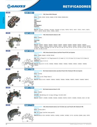 64 GAUSS Catálogo de Produtos - 22 - Retificadores
RETIFICADORES
ELÉTRICA
DELCO GA1627
ESPECIFICAÇÕES: 120A, Diodos 6x50A, Reforçada
SUBSTITUI:
Delco: 1852209, 1875627, 1891055, 1984638, 1971987, DR5042, DR5000,D3915
APLICAÇÃO:
AMC;
CHEVROLET;
GMC;
JEEP;
OLDSMOBILE;
PONTIAC.
ALTERNADOR:
DELCO: 1100 series, 1102 series, 1103 series, 1105 series, 321 series, 1100109, 1100110, 1100111, 1100113, 1100115, 1100116,
1100117, 1100119, 1100120, 1100121, 1100122, 1100124
DELCO GA1400
ESPECIFICAÇÕES: 120A, Diodos Avalanche (Zener) 6 x 50A
SUBSTITUI:
Delco: 10494503
APLICAÇÃO:
Chevrolet;
GMC
ALTERNADOR:
DELCO: 10464439 , 10464455, 10464459, 10464478, 10464481, 10464483, 10464484, 10464490, 10464491, 10480229,
10480241, 10480271, 10480285, 10480326, 10480388, 10480411, 10480476, 10480479, 10480497, 15087020, 15087021 15087023,
15755616W, 15768829, 25744164W, 321-1748, 321-1784, 321-1798, 321-1799, 321-1811, 321-1815, 321-1819, 321-1847, 321-1850,
321-1852, 321-1853, 321-1857
DELCO GA1658
ESPECIFICAÇÕES: 105A, Diodos Avalanche (Zener), tipo Bosch Press-fit 35A, Com Capacitor
SUBSTITUI:
Delco: 1989658, 10456401, 10472597, DR5162
APLICAÇÃO:
GM: Corsa 1.6, Ômega CD 4.1, 20.i, Ômega Suprema 2.0i, 2.2i, Kadett 1.6, 1.8, 2.0, S10, Astra 1.8i, 2.0i, Vectra 1.8i, 2.0i, Calibra 2.0i,
Cavalier III 2.0i;
DAEWOO: Espero 1.8, 2.0, 2.2
ALTERNADOR:
DELCO: Séries CS 121 / CS 130, 10430484, 10456300, 10456301, 10456302, 10456303, 10456312, 10463001, 10463002,
10463003
68
DELCO GA1758
ESPECIFICAÇÕES: 85A, Diodos Avalanche (Zener), tipo Bosch Press-fit 35A, Parafusos B+ M8, Com Capacitor
SUBSTITUI:
Delco: 10475758
APLICAÇÃO:
GM: Corsa c/ ar cond., Ômega, Vectra 2.2.
ALTERNADOR:
DELCO: Séries CS 130 D, 10463407, 10463443, 10463630, 10463654, 10463966, 10464075, 10464407, 10464409, 10464414
68
DELCO GA1759
ESPECIFICAÇÕES: 85A, Diodos Avalanche (Zener) 6 x 35A
SUBSTITUI:
Delco: 10492300
APLICAÇÃO:
SATURN: 1998-2000 Saturn SC1, SL Sedan, SW Wagon 1.9L SOHC, DOHC
ALTERNADOR:
DELCO: 10464477, 21022992, 21023969, 21024485, 21024486, 21024726, 21024727, 21025094, 21025339, 219214, 321-1846
DELCO GA1714
ESPECIFICAÇÕES: 120A, Diodos Avalanche (Zener), Com Trio Diodo, tipo Lucas Press-fit, 50A, Parafusos B+ M8
SUBSTITUI:
Delco: 10475034, 589714
APLICAÇÃO:
GM: Astra, Ômega, Corsa Wind, Vectra (após 95)
ALTERNADOR:
DELCO Séries CS 130 D: 10475039, 10479914, 10479923, 10479947, 10479955, 1217101, QX 24C3A, QX26K2, QX5L2, QX7K2
82
 