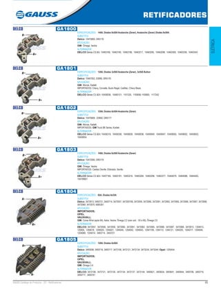 65GAUSS Catálogo de Produtos - 22 - Retificadores
RETIFICADORES
ELÉTRICA
DELCO GA1800
ESPECIFICAÇÕES: 140A, Diodos 6x50A Avalanche (Zener), Avalanche (Zener) Diodes 6x50A.
SUBSTITUI:
Delco: 10475800, DR5178
APLICAÇÃO:
GM: Ômega, Vectra.
ALTERNADOR:
DELCO Séries CS &S: 10463169, 10463190, 10463196, 10463217, 10463295, 10463298, 10463300, 10463338, 10463343
DELCO GA1801
ESPECIFICAÇÕES: 120A, Diodos 3x50A Avalanche (Zener), 3x50A Button
SUBSTITUI:
Delco: 10467052, D3990, DR5176
APLICAÇÃO:
GM: Monza, Kadett;
IMPORTADOS: Chevy, Corvette, Buick Regal, Cadillac, Chevy Blaze.
ALTERNADOR:
DELCO Séries CS &SI: 10459036, 10480121, 1101325, 1105656,1105683, 1117242
DELCO GA1802
ESPECIFICAÇÕES: 120A, Diodos 6x50A Avalanche (Zener)
SUBSTITUI:
Delco: 10470609 , D3992, DR5177
APLICAÇÃO:
GM: Monza, Kadett;
IMPORTADOS: GM Truck B6 Series, Kodiak.
ALTERNADOR:
DELCO Séries CS &SI: 10456319, 10456336, 10459028, 10459038, 10459040, 10459047, 10459050, 10459052, 10459053,
10459054
DELCO GA1803
ESPECIFICAÇÕES: 140A, Diodos 6x50A Avalanche (Zener)
SUBSTITUI:
Delco: 10472095, DR5179
APLICAÇÃO:
GM: Ômega, Vectra;
IMPORTADOS: Cadilac Deville, Eldorado, Seville.
ALTERNADOR:
DELCO Séries CS &SI: 10457160, 10463191, 10463216, 10463294, 10463296, 10463377, 10464079, 10464088, 10464403,
104799821
DELCO GA1804
ESPECIFICAÇÕES: 85A, Diodos 6x35A
SUBSTITUI:
Delco: 3472813, 3493721, 3493714, 3472057, 347205758, 3472059, 3472060, 3472061, 3472062, 3472065, 3472066, 3472067, 3472068,
3472069, 3472070, 6065301
APLICAÇÃO:
IMPORTADOS;
OPEL;
VAUXHALL;
GM: Corsa Wind (após 94), Astra, Vectra, Ômega 2,2 (s/ar cod. - 93 a 95), Ômega 2.0.
ALTERNADOR:
DELCO: 3472057, 3472058, 3472059, 3472060, 3472061, 3472062, 3472065, 3472066, 3472067, 3472068, 3472813, 1204012,
120405, 1204018, 1204020, 1204021, 1204040, 1204042, 1204043, 12041109, 1204112, 1204121, 1204203, 1204217, 1204045,
1204068, 1204014, 3493714, 3493721
DELCO GA1805
ESPECIFICAÇÕES: 120A, Diodos 6x50A
SUBSTITUI:
Delco: 3493008, 3493716, 3493717, 3472106, 3472121, 3472134, 3473234, 3473244; Opel: 1205454
APLICAÇÃO:
IMPORTADOS;
OPEL;
VAUXHALL;
GM: Ômega 3.4
ALTERNADOR:
DELCO: 3472106, 3472121, 3472130, 3472134, 3472137, 3472144, 3493621, 3493634, 3493641, 3493644, 3493706, 3493716,
3493717, 3493741
 