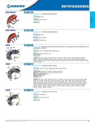 69GAUSS Catálogo de Produtos - 22 - Retificadores
RETIFICADORES
ELÉTRICA
LEECE NEVILLE GA1600
ESPECIFICAÇÕES: 150A, Diodos 3x50A, Placa Positiva
SUBSTITUI:
Leece Neville: 97084
APLICAÇÃO:
Caminhão corpo de bombeiro.
ALTERNADOR:
LESTER 7613
LEECE NEVILLE GA1601
ESPECIFICAÇÕES: 150A, Diodos 3x50A, Placa Negativa
SUBSTITUI:
Leece Neville: 97085
APLICAÇÃO:
Caminhão corpo de bombeiro.
ALTERNADOR:
LESTER: 7613; PIC: 270423
LUCAS GA1137
ESPECIFICAÇÕES: 85A, Diodos: 6x35 Amp. Dish, Com Trio Diodo Ø ext: 115 mm, Parafuso B+: M6 x 42 mm, Parafuso D+: M4 x 19
mm, Parafuso B -: M5 x 56 mm
SUBSTITUI:
Lucas: 80150, 80367, 84469, 84469H, 84886, 84886E, UBB137
APLICAÇÃO:
FORD: Trator, Fiesta com alternador Lucas;
LAND ROVER
ALTERNADOR:
LUCAS: 24129, 24161, 24616A, 24206, 24207, 24217, 24220, 24221, 24221A, 24221D, 24240, 54022058A, 54022058B,
54022060A, 54022097A, 54022097B, 54022162, 54022191, 54022192, 54022193, 54022197,54022229, 54022235, 54022242,
5402244, 54022255, 54022262, 54022282, 54022306, 54022309, 54022379, 54022483, 54022552, 54022616, 54022635, 54022648,
54022663, 54022666
LUCAS GA1138
ESPECIFICAÇÕES: 85A, Diodos 6 x 35A, C/ Trio Diodo
SUBSTITUI:
Lucas: 80556, 84201, 84422, 84455, 84499, 84499F, UBB133, UBB135, UBB141
APLICAÇÃO:
LAND ROVER: Range Rover 3.5, Defender 2.5 Diesel, Land Rover 2.5;
FORD: Escort, Fiesta, Granada 1.8, 2.0, Orion, Scorpio, Sierra, Transit.;
MASSEY FERGUSSON: tratores;
NEW HOLLAND: tratores;
PERKINS: motores
ALTERNADOR:
LUCAS: 24129, 24145, 24145A, 24145D, 24156, 24157, 24157AVE, 24158, 24161, 24161A, 24169, 24198, 24198A, 24198B,
24198E, 24199, 24199A, 24199B, 24200, 24200A, 24208, 24240, 24245, 24246, 24246B, 24256, 24256A, 24256B, 24256C,
24256D, 24273, 24273A, 24274, 24274D, 24276, 24277, 24294, 24294B, 24327, 24327A, 51022337D, 54022053, 54022054,
54022058A, 54022058B, 54022059, 54022060A, 54022096, 54022097A, 54022097B, 54022108, 54022109, 54022162, 54022167,
54022178, 54022182, 54022186, 54022188, 54022191, 54022192, 54022193, 54022193, 54022195, 54022196, 54022196B,
54022206, 54022211, 54022212, 54022214, 54022217, 54022218, 54022219, 54022220, 54022225, 54022225A, 54022226,
54022227, 54022228, 54022229, 54022234D
LUCAS GA1139
ESPECIFICAÇÕES: 85A, Diodos 6 x 35A, C/ Trio Diodo
SUBSTITUI:
Lucas: 84976, 28500, 28506
APLICAÇÃO:
NISSAN: Primera 1.6 sedan, Hatch/b
ALTERNADOR:
LUCAS: 24286
 