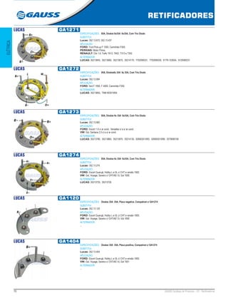 70 GAUSS Catálogo de Produtos - 22 - Retificadores
RETIFICADORES
ELÉTRICA
LUCAS GA1271
ESPECIFICAÇÕES: 85A, Diodos 6x35A 6x35A, Com Trio Diodo
SUBSTITUI:
Lucas: 352.13.672, 352.13.437
APLICAÇÃO:
FORD: Ford Pick-up F 1000, Caminhão F350;
PERKINS: Motor Prima;
RENAULT: Clio 1.6, Trafic TA12, TA52, T312 e T352.
ALTERNADOR:
LUCAS: 35213845, 35213680, 35213670, 35214170, 7702099331, 7702099330, 91TR-10300A, 9120080231
LUCAS GA1272
ESPECIFICAÇÕES: 85A, Diodos6x 35A 6x 35A, Com Trio Diodo
SUBSTITUI:
Lucas: 352.13.894
APLICAÇÃO:
FORD: ford F 1000, F 4000, Caminhão F350.
ALTERNADOR:
LUCAS: 35213855, TNM 903015RA
LUCAS GA1273
ESPECIFICAÇÕES: 85A, Diodos 6x 35A 6x35A, Com Trio Diodo
SUBSTITUI:
Lucas: 352.13.682
APLICAÇÃO:
FORD: Escort 1.8 c/ ar cond., Versalles c/ e s/ ar cond;
VW: Gol, Santana 2.0 c/ e s/ ar cond.
ALTERNADOR:
LUCAS: 35213790, 35213865, 35213970, 35214130, 026903015RD, 026903015RB, 0279090156
LUCAS GA1274
ESPECIFICAÇÕES: 85A, Diodos 6x 35A 6x35A, Com Trio Diodo
SUBSTITUI:
Lucas: 352.13.274
APLICAÇÃO:
FORD: Escort Guarujá, Hobby L e GL c/ CHT e versão 1000;
VW: Gol, Voyage, Saveiro c/ CHT/AE1.6, Gol 1000.
ALTERNADOR:
LUCAS: 35213725, 35213730
LUCAS GA1120
ESPECIFICAÇÕES: Diodos 35A 35A, Placa negativa, Compatível c/ GA1274
SUBSTITUI:
Lucas: 352.13.120
APLICAÇÃO:
FORD: Escort Guarujá, Hobby L e GL c/ CHT e versão 1000;
VW: Gol, Voyage, Saveiro c/ CHT/AE1.6, Gol 1000
ALTERNADOR:
...
LUCAS GA1404
ESPECIFICAÇÕES: Diodos 35A 35A, Placa positiva, Compatível c/ GA1274
SUBSTITUI:
Lucas: 352.13.404
APLICAÇÃO:
FORD: Escort Guarujá, Hobby L e GL c/ CHT e versão 1000;
VW: Gol, Voyage, Saveiro c/ CHT/AE1.6, Gol 1001
ALTERNADOR:
...
 