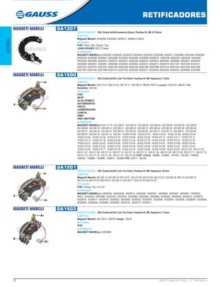 72 GAUSS Catálogo de Produtos - 22 - Retificadores
RETIFICADORES
ELÉTRICA
MAGNETI MARELLI GA1307
ESPECIFICAÇÕES: 85A, Diodos 6x35A Avalanche (Zener), Parafuso B+ M6, Ø 105mm
SUBSTITUI:
Magneti Marelli: 54209382, 63320303, 54209741, 00084574, 84574
APLICAÇÃO:
FIAT: Punto, Palio, Tempra, Tipo;
LAND ROVER: 820 2.0 Diesel
ALTERNADOR:
MAGNETI MARELLI: 63320283, 63320292, 63320333, 63320304, 63320332, 63320286, 63320277, 63320280, 63320348, 63320339,
63320338, 63320256, 63320341, 63320298, 63320303, 63320340, 63320296, 63320279; 54022238, 54022437, 54022453, 54022458,
54022459, 54022469, 54022470, 54022510, 54022527, 54022536, 54022547, 54022591, 54022592, 54022606, 54022631, 54022633,
54022646, 54022647, 54022651, 54022656, 63320235, 63320303, 63320312, 63320313, 63320314, 63321227, 63321229, 63321231,
63321232, 63321237, 63321241, 63321245, 63321246, 63321253, 63321285, 63321299, 63321313, 63321324, 63321343, 63321358,
63321397, 63321405, 63321406, 63321412, 63321422, 63324235, 63324271, 63324320, 63324322, 63324332, 63324380, 63324390
MAGNETI MARELLI GA1500
ESPECIFICAÇÕES: 85A, Diodos 6x35A, Com Trio Diodo, Parafuso B+ M6, Espessura 17,5mm
SUBSTITUI:
Magneti Marelli: 636 215 01, 636 215 03, 748 774 71, 748 786 91, PRD4A, RDD15; Lucas: 21222124, UBB 812; VL-
Ducellier: 593 054
APLICAÇÃO:
FIAT;
SEAT;
ALFA ROMEO;
AUTOBIANCHI;
IVECO;
LAMBORGHINI;
LANCIA;
SIMIT;
UNIC MOTORE
ALTERNADOR:
MAGNETI MARELLI: 633 117 75, 633 200 01, 633 200 02, 633 200 03, 633 200 04, 633 200 05, 633 200 06, 633 200 07,
633 200 08, 633 200 10, 633 200 12, 633 200 21, 633 200 22, 633 200 23, 633 200 24, 633 200 25, 633 200 28, 633 200 30,
633 200 31, 633 200 34, 633 200 47, 633 200 52, 633 200 53, 633 200 56, 633 200 57, 633 200 73, 633 200 91, 633 200 94,
633 200 97, 633 201 02, 633 201 12, 633 201, 18 633 210 00, 18 633 210 01, 18 633 210 02, 18 633 210 03, 18 633 210 04,
18 633 210 05, 18 633 210 06, 18 633 210 07, 18 633 210 08, 18 633 210 09, 18 633 210 10, 18 633 210 11, 18 633 210 13,
18 633 210 15, 18 633 210 16, 18 633 210 28, 18 633 210 29, 18 633 210 35, 18 633 210 36, 18 633 210 37, 18 633 210 39,
18 633 210 41, 18 633 210 42, 18 633 210 44, 18 633 210 45, 18 633 210 46, 18 633 210 47, 18 633 210 48, 18 633 210 49,
18 633 210 50, 18 633 210 52, 18 633 210 55, 18 633 210 58, 18 633 210 59, 18 633 210 60, 18 633 210 61, 18 633 210 63,
18 633 210 67, 18 633 210 71, 18 633 210 78, 18 633 210 79, 18 633 210 80, 18 633 210 95, 18 633 210 97, 633 211 02, 633 211 03,
633 211 07, 633 211 09, 633 211 10, 633 211 12, 633 211 13, 633 211 37, 633 211 38, 633 211 59, 633 211 65, 633 211 71, 633 211 72,
633 211 75, 633 211 76, 633 211 89, 633 211 97, 633 214 28; FIAT: 5999868, 599986, 7533853, 7541822, 7541823, 7546342,
7546343, 7546660, 7546686, 7552675, 7554830; PIC: 202111, 202128
MAGNETI MARELLI GA1501
ESPECIFICAÇÕES: 85A, Diodos 6x35A, Com Trio Diodo, Parafuso B+ M6, Espessura 19,5mm
SUBSTITUI:
Magneti Marelli: 633 200 13, 633 200 18, 633 210 21, 633 210 56, 633 210 64, 633 210 22, 633 200 26, RDD 16, 633 200 16,
633 210 19, 633 210 23, 636 216 01, 633 200 15, 633 200 17, 633 210 20, 633 210 25
APLICAÇÃO:
FIAT: Tempra, Tipo 1.6 e 2.0
ALTERNADOR:
MAGNETI MARELLI: 5402243B, 54022443B, 54022510, 54022536, 54022591, 54022646, 54022647, 54022651, 54022653,
54022, 63324233, 63324286, 63324322, 63324374, 63324380, 63324390, 64022656, 64280325, 64280328, 63320013, 63320015,
63320016, 63320017, 63320018, 63320020, 63320026, 63320032, 63320035, 63320040, 63320044, 63320045, 63320048, 63320049,
63320055, 63320058, 63320082, 63320083, 63320105, 63320110, 63320111
MAGNETI MARELLI GA1503
ESPECIFICAÇÕES: 85A, Diodos 6x35A, Com Trio Diodo, Parafuso B+ M8, Espessura 17,5mm
SUBSTITUI:
Magneti Marelli: 636 229 01, RDD29; Cargo: 139218
APLICAÇÃO:
FIAT
ALTERNADOR:
MAGNETI MARELLI: 63320060
 