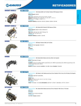 73GAUSS Catálogo de Produtos - 22 - Retificadores
RETIFICADORES
ELÉTRICA
MAGNETI MARELLI GA1504
ESPECIFICAÇÕES: 120A, Diodos 6x50A, Com Trio Diodo, Parafuso B+ M6, Espessura 19,5mm
SUBSTITUI:
Magneti Marelli: 63622001
APLICAÇÃO:
FIAT: Tempra 1.8ie SW, SLX, SX, Tipo 1.6ie, 1.8ie 16V, 1.8 ie DGT;
RENAULT: Express GTL, R11 1.4 Turbo, R5 1.1 TL, GTL, R9 1.1, 1.2 TC, 1.4;
SEAT: Ibiza 1.2, 1.5, Malaga 1.5, Ronda 1.2, 1.5
ALTERNADOR:
MAGNETI MARELLI: 63321084, 63321083, 63320046, 63320042, 63321096
MAGNETI MARELLI GA1505
ESPECIFICAÇÕES: 85A, Diodos 6x35A, Parafuso B+ M6, Espessura 19,5mm
SUBSTITUI:
Magneti Marelli: 63622201, RDD22, 063622201010
APLICAÇÃO:
FIAT: Tempra 1.8ie, Tipo 1.6ie, 1.8ie 16V, Marengo 1.9d;
LANCIA: Delta 1.9d, Prisma 1.9d, td
ALTERNADOR:
MAGNETI MARELLI: 63320041, 63321083
MANDO GA1218
ESPECIFICAÇÕES: 85A Diodos, Parafuso B+ M6, Com Trio Diodo
SUBSTITUI:
Mando: AR175AA; Hyundai: 37300-32510
APLICAÇÃO:
KIA;
HYUNDAI
ALTERNADOR:
...
MANDO GA1358
ESPECIFICAÇÕES: 95A, Diodos 8x35A, Distância entre furos: 90mm, Com Capacitor
SUBSTITUI:
Mando: TA600C04602, RTF49900
APLICAÇÃO:
HYUNDAI: Accent w/1.5L w/DOHC 1997-98, Hyundai Elantra w/1.8L 1996-98, Hyundai Elantra w/2.0L 1999-00, Hyundai Tiburon w/1.8L
1997-98, Hyundai Tiburon w/2.0L 1997-00
ALTERNADOR:
MANDO: AB190058, 3730022200; LESTER: 13702; PIC: 203304; HYUNDAI: 3730022200.
MITSUBISHI GA1270
ESPECIFICAÇÕES: 85A, Diodos 6 x 35A, Distância entre furos: 85 mm, Parafuso B+: M5 x 18 mm, Com Trio Diodo, Com Capacitor
SUBSTITUI:
Mitsubishi: A860T38270, B36618W60A
APLICAÇÃO:
FORD: Escort;
MAZDA: RX7, MX3 1.6i, 323 1.3 16V, 1.6, 1.8i, 1.8 GT, 1.8 Turbo;
KIA: Sephia 1.5, 1.6, II 1.5
ALTERNADOR:
FORD: F1CA10346B, F1C210346B; MITSUBISHI: A002T34477, A2T34477, B36618300G, A2T17574, A2T35177
MITSUBISHI GA1340
ESPECIFICAÇÕES: 85A , Diodos 6x35A, Distância entre furos: 85 mm, Parafuso B+: M8 x 25 mm, C/ Trio diodo
SUBSTITUI:
Mitsubishi
APLICAÇÃO:
VOLVO: VM 210, VM 240, VM 260 /98>
ALTERNADOR:
A002TA8891; VOLVO: 20498749
 
