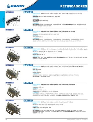 74 GAUSS Catálogo de Produtos - 22 - Retificadores
RETIFICADORES
ELÉTRICA
MITSUBISHI GA1341
ESPECIFICAÇÕES: 85A, Diodos 6x35A, Distância entre furos: 75mm, Parafuso B+ M6, Com Capacitor, Com Trio Diodo
SUBSTITUI:
Mitsubishi: A860T22370, A860T22970, A860T25470, A860T32470
APLICAÇÃO:
KIA: Sportage;
MITSUBISHI: Pajero, Galant, Mirage;
CHRYSLER
ALTERNADOR:
MITSUBISHI: A2T01583, A2T01384, A2T01483, A2T01683, A2T01783, A2T02084;MITSUBISHI MOTORS: MD103564, MD106319,
MD106320, MD106332, MD103372, MD103373;
MITSUBISHI GA1365
ESPECIFICAÇÕES: 85A, Diodos 6x35A, Distância entre furos: 75mm, Com Capacitor, Com Trio Diodo
SUBSTITUI:
Mitsubishi: A002T24570, A2T24570, A860T13170, A860T16970
APLICAÇÃO:
MITSUBISHI (1985-94)
ALTERNADOR:
MITSUBISHI: A2T02271, A2T02471, A2T02671, A2T02977, A2T03171, A2T03471, A2T03477, A2T03972, A2T04191, A2T04277,
A2T09691, A2T28291, A2T41791, A2T41991, A2T42777, A2T43791, A2T43891, A2T43892, A2T48691, A2T48791, A2T49891.
MITSUBISHI GA1370
ESPECIFICAÇÕES: 85A, Diodos : 6 x 35 A, Distância entre furos: 85 mm, Parafuso B+: M6 x 25 mm, Com Trio Diodo, Com Capacitor
SUBSTITUI:
Mitsubishi: A860T31370; Mazda: JE15-18-W60; Mando: A600C3201
APLICAÇÃO:
MAZDA: MPV 2.5L, 2.6L, 3.0L
ALTERNADOR:
LESTER: 13253, 13272, 13282; MAZDA: JE1518300A; MITSUBISHI: A002T13977, A2T13977, A2T19677, A2T20191, A2T32899,
A3T00792, JE1518300A, MD50190
MITSUBISHI GA1371
ESPECIFICAÇÕES: 85A, Diodos 6x35A, Distância entre furos: 85mm, C/ Capacitor, C/ Trio Diodo, Parafuso B+: M6x25 mm.
SUBSTITUI:
Ford: E8PZ10304A
APLICAÇÃO:
FORD: Thunderbird.
ALTERNADOR:
FORD: E8SF10300AA, E8SF10346A, E8SZ10346A; LESTER: 13189. MITSUBISHI: A3T01496, A3T01496MA;
MOTORCRAFT: GLE254; PIC: 203325
MITSUBISHI GA1372
ESPECIFICAÇÕES: 85A, Diodos 6x35A, Distância entre furos: 85mm, Com Trio Diodo, Com Capacitor
SUBSTITUI:
Mitsubishi: A 860 T 34070
APLICAÇÃO:
FORD: Probe 2.2 turbo Itercooler;
MAZDA: MX6, RX7, 929 2.2i, 626 2.0i, 16V, 2.2i, 2.2i Stationcar
ALTERNADOR:
MITSUBISHI: A002T19991, A2T13977,A2T19877, A2T19991, A3T00792, F28518300C; FORD: F02EI0346D, F28518300B,
F29018300A, F29018300B, F8B118300G; PIC: 203354, 203373; MOTORCRAFT: GLE302; LESTER: 13297
MITSUBISHI GA1373
ESPECIFICAÇÕES: 85A, Diodos 6x35A, Distância entre furos: 85mm, C/ Capacitor, C/ Trio Diodo
SUBSTITUI:
Mitsubishi: A 860 T 28670; Ford: E8PZ10301B, E8PZ-10304-B, GYE1380
APLICAÇÃO:
FORD: Tempo, Taurus, Mercury Topaz, Sable.
ALTERNADOR:
MITSUBISHI: A3T01596, A3T01596MA, A3T01598, A3T01598MA; FORD: E83F10300AA, E83F10300AB, 83F10300BA,
E83Z10346A, E8DF10300AB, E8DZ10346A, F73J10346AA; PIC: 203319, 203326; MOTORCRAFT: GLE250, GLE251, GLE439;
LESTER: 13188, 13190
 