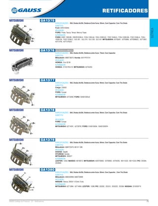 75GAUSS Catálogo de Produtos - 22 - Retificadores
RETIFICADORES
ELÉTRICA
MITSUBISHI GA1375
ESPECIFICAÇÕES: 95A, Diodos 8x35A, Distância Entre furos: 85mm, Com Capacitor, Com Trio Diodo
SUBSTITUI:
Ford: E9PZ10304A
APLICAÇÃO:
FORD: Probe, Taurus, Tempo, Mercury Topaz
ALTERNADOR:
FORD: E9DF-1300-BB, E9DZ910346-A, FO2U-1300-AA, F02U-10300-AC, F02Z-10346-A, F33U-10300-BA, F33Z-10346-A, F3DU-
10300-DA, F3DZ-10346-C, GLE-261, GLE-274, GLE-339, GLE-341; MITSUBISHI: A3T00491, A3T00896, A3T00896ZC, A3T12691,
A3T12792, A3T12792ZC
MITSUBISHI GA1376
ESPECIFICAÇÕES: 95A, Diodos 8x35A, Distância entre furos: 75mm, Com Capacitor
SUBSTITUI:
Mitsubishi: A860T38570; Honda: 04311P01014
APLICAÇÃO:
HONDA: Civic 92-95
ALTERNADOR:
HONDA: 31100-P00-014; MITSUBISHI: A5T04292;
MITSUBISHI GA1377
ESPECIFICAÇÕES: 95A, Diodos 8x35A, Distância entre furos: 85mm, Com Capacitor, Com Trio Diodo
SUBSTITUI:
Cargo: 230593
APLICAÇÃO:
FORD: Europe
ALTERNADOR:
MITSUBISHI: A2T32692; FORD: 92AB10300JA
MITSUBISHI GA1378
ESPECIFICAÇÕES: 85A, Diodos 6x35A, Distância entre furos: 85mm, Com Capacitor, Com Trio Diodo
SUBSTITUI:
...
APLICAÇÃO:
FORD: Europe
ALTERNADOR:
MITSUBISHI: A2T14591, A2T28792; FORD: 91AB10300A, 92AB10300FA
MITSUBISHI GA1379
ESPECIFICAÇÕES: 85A, Diodos 8x35A, Distância entre furos: 85mm, Com Capacitor, Com Trio Diodo
SUBSTITUI:
Mitsubishi: A860T23270, MD 611 586
APLICAÇÃO:
DODGE: Stealth;
HYUNDAI: Sonata;
MITSUBISHI: 3000GT
ALTERNADOR:
LESTER: 13352; MANDO: AB190012; MITSUBISHI: A003T00692, A3T00692, A3T04292, MD112323, MD112323; PIC: 203384,
203384A
MITSUBISHI GA1380
ESPECIFICAÇÕES: 95A, Diodos 8x35A, Distância entre furos: 85mm, Com Capacitor , Com Trio Diodo
SUBSTITUI:
Mitsubishi: A860X29999, A860T29999
APLICAÇÃO:
NISSAN: Stanza, 200SX 1.8 Dohc Turbo
ALTERNADOR:
MITSUBISHI: A2T13894, A2T14694; LESTER: 13286; PIC: 203292, 203310, 203322D, 203364; NISSAN: 2310035F10
EM DESENVOLVIMENTO
 