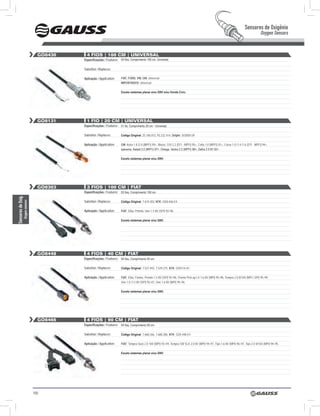 Sensores de Oxigênio
                                                                                                                                                                                              Oxygen Sensors


                                   GO8430     4 fiOS | 100 CM | univerSAl
                                            Especificações / Features: 04 fios, Comprimento 100 cm, Universal.

                                            Substitui / Replaces:

                                            Aplicação / Application:    FIAT, FORD, VW, GM: Universal
                                                                        IMPORTADOS: Universal

                                                                        Exceto sistemas planar e/ou GNV e/ou Honda Civic.




                                   GO8131     1 fiO | 20 CM | univerSAl
                                            Especificações / Features: 01 fio, Comprimento 20 cm - Universal.

                                            Substitui / Replaces:       Código Original: 25.106.073, 93.232.414, Delphi: SOD00139

                                            Aplicação / Application:    GM: Astra 1.8 /2.0 (MPFI) 99>, Blazer, S10 2.2 (EFI - MPFI) 95>, Celta 1.0 (MPFI) 01>, Corsa 1.0 /1.4 /1.6 (EFI - MPFI) 94>,
                                                                        Ipanema, Kadett 2.0 (MPFI) 97>, Omega, Vectra 2.2 (MPFI) 96>, Zafira 2.0 8V 02>.

                                                                        Exceto sistemas planar e/ou GNV.




                                   GO8303     3 fiOS | 100 CM | fiAt
                                            Especificações / Features: 03 fios, Comprimento 100 cm.
Sensores de Oxig.




                                            Substitui / Replaces:       Código Original: 7.619.303; nTK: OZA 446-E4
                Oxygen sensors




                                            Aplicação / Application:    FIAT: Elba, Prêmio, Uno 1.5 8V (SPI) 92>96.

                                                                        Exceto sistemas planar e/ou GNV.




                                   GO8448     4 fiOS | 40 CM | fiAt
                                            Especificações / Features: 04 fios, Comprimento 40 cm.

                                            Substitui / Replaces:       Código Original: 7.527.493, 7.529.275; nTK: OZA114-A1

                                            Aplicação / Application:    FIAT: Elba, Fiorino, Prêmio 1.5 8V (SPI) 92>96, Fiorino Pick-up LX 1.6 8V (MPI) 95>96, Tempra 2.0 8/16V (MPI / SPI) 95>99,
                                                                        Uno 1.0 /1.5 8V (SPI) 92>01, Uno 1.6 8V (MPI) 95>96.

                                                                        Exceto sistemas planar e/ou GNV.




                                   GO8466     4 fiOS | 90 CM | fiAt
                                            Especificações / Features: 04 fios, Comprimento 90 cm.

                                            Substitui / Replaces:       Código Original: 7.668.266, 7.688.286; nTK: OZA 448-E4

                                            Aplicação / Application:    FIAT: Tempra Ouro 2.0 16V (MPI) 93>94, Tempra SW SLX 2.0 8V (MPI) 94>97, Tipo 1.6 8V (MPI) 96>97, Tipo 2.0 8/16V (MPI) 94>95.

                                                                        Exceto sistemas planar e/ou GNV.




                                 100
 