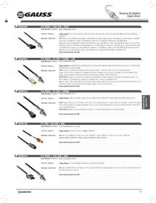 Sensores de Oxigênio
                                                                                                                                                            Oxygen Sensors


GO8468     4 fiOS | 100 CM | fiAt
         Especificações / Features: 04 fios, Comprimento 100 cm.

         Substitui / Replaces:        Código Original: 46.417.969, 46.444.284, 46.447.841, 46.523.129, 46.529.385, 46.481.457, 46.481.458, nTK: OZA112-A4, OZA334-A3,
                                      OZA448-E7
         Aplicação / Application:     FIAT: Brava 1.6 /1.8 16V (MPI) 00>03, Doblô 1.6 16V (MPI) 02>03, Fiorino /Furgão, Palio EX 1.3 8V (MPI) 03>, Fiorino Pick-up 1.5 8V (MPI)
                                      97>99, Uno 1.5 8V (MPI) 97>, Marea 1.8 16V (MPI) 00>, Marea SX 1.6 16V (MPI) 06> /Weekend 2.0 20V (MPI) 99>00
                                      /Weekend 2.0 20V Turbo (MPI) 99>02, Palio 1.0 8V (MPI) 98>02, Uno 1.0 8V (MPI) 01>, Palio 1.6 8V (SPI) 98>99, Siena 1.0 /1.5 /1.6 8 /16V
                                      (MPI) 96>04, Strada 1.3 8V (MPI) 03>05, Palio Weekend 1.5 /1.6 8/16V (MPI) 97>, Siena Fire 1.0 8V (MPI) 02>03 /1.6 8V (SPI) 98>99, Siena
                                      1.5 8V (MPI) 03>04, Strada 1.5 /1.6 8/16V (MPI) 99>, Strada Fire 1.3 8V (MPI) 03>, Tempra 2.0 8V Turbo (MPI) 95>98, Tempra SW 2.0 8V
                                      (MPI) 94>97, Tipo 1.6 8V (SPI) 93>95, Tipo 2.0 16V (MPI) 94, Uno 1.3 (Fire) 8V (MPI), Uno Mille 1.0 8V (MPI) 99>03.
                                      Exceto sistemas planar e/ou GNV.



GO8454     4 fiOS | 70 CM | fOrd - vW
         Especificações / Features: 04 fios, Comprimento 70 cm.

         Substitui / Replaces:        Código Original: 026.906.265.4/5/6, 027.906.265.3/4/5, 1S7F-9F472-AB, 98AB-9F472-BB, F4AZ-9F472-B, F4UZ-9F472-C, F77Z-9F472-BA,
                                      F88Z-9F472-BA, XL3Z-9F472-AA/BA
         Aplicação / Application:     FORD: Escort 1.6 /1.8 AP (CFI) /2.0 AP (EFI) 94>96, F250 4.2L V6 (EFI – OHV) 98>, Focus 1.6 /1.8 /2.0 16V (Zetec) 00>05,
                                      Pampa 1.8 AP (CFI) 96>97, Ranger 2.3L 4 cilindros /4.0L V6 94>97, Ranger 2.3L /2.5L /4.0L 97>01, Ranger 2.3L /4.0 V6 (SOHC) 01>03,
                                      Royale, Verona, Versailles 1.8 AP (CFI) /2.0 AP (EFI) 94>96, Royale, Versailles 1.8 AP /2.0 AP 93>96,
                                      IMPORTADOS: Explorer 4.0L V6 XLT 92>97, Explorer 4.0L V6 (OHV) 04>, Explorer Limited 5.0L V8 (OHV) 98>, Mondeo 2.0L (Zetec – E)
                                      98>01, Mondeo 2.5 16V (Duratec) 01> /Sedan 2.5L V6 (DOHC) 99>01, Taurus 3.0 V6 (DOHC) 94>97;
                                      VW: Gol 1.0 AE /1.6 AP /1.8 AP (CFI) 94>96, Gol, Logus, Parati, Pointer 2.0 AP (EFI) 94>97, Logus 1.6 /1.8 /2.0 AP (CFI) 94>96, Parati 1.6 /1.8
                                      (CFI) 95>97, Pointer 1.8 /2.0 AP (CFI) 94>96, Quantum, Santana 1.8 AP /2.0 AP (EFI) 93>97.
                                      Exceto sistemas planar e/ou GNV.


GO8472     4 fiOS | 75 CM | fOrd
         Especificações / Features: 04 fios, Comprimento 75 cm.




                                                                                                                                                                                        Sensores de Oxig.
         Substitui / Replaces:        Código Original: 2S65-9F472-AB/AC, 93AB-9F472-AA, 93BB-9F472-AA, 96FB-9F472-CA/DA, 96VB-9F472-DA/DB, F5RZ-9F472-B




                                                                                                                                                                                                        Oxygen Sensors
         Aplicação / Application:     FORD: Courier, Fiesta, Ka 1.0 /1.3 (Endura – E) 97>99, Ka 1.0 /1.6 (Zetec Rocan) 99>, Courier, Fiesta 1.4L 16V (Zetec – SE) 96>99, EcoSport
                                      1.0 /1.6 (Zetec Rocan) 03>, EcoSport 2.0L (Duratec E) 03>, Escort 1.6L (Zetec Rocan) 00>02, Escort 1.8L 16V (Zetec) 96>02, F1000 4.9L 98,
                                      Focus 2.0L (Duratec HE) 05;
                                      IMPORTADOS: Mondeo 1.8 /2.0 94>96, Mondeo 2.0L (Zetec – E) 96>98, Mondeo Sedan 2.5L V6 (DOHC) 98>99.

                                      Exceto sistemas planar e/ou GNV.




GO8130     1 fiO | 40 CM | GM
         Especificações / Features: 01 fio, Comprimento 40 cm - fio roxo.

         Substitui / Replaces:        Código Original:25.106.073, 93.232.414, Delphi: SOD00139

         Aplicação / Application:     GM: Astra 1.8 /2.0 (MPFI) 99>, Blazer, S10 2.2 (EFI - MPFI) 95>, Celta 1.0 (MPFI) 01>, Corsa 1.0 /1.4 /1.6 (EFI - MPFI) 94>,
                                      Ipanema, Kadett 2.0 (MPFI) 97>, Omega, Vectra 2.2 (MPFI) 96>, Zafira 2.0 8V 02>.

                                      Exceto sistemas planar e/ou GNV.




GO8378     3 fiOS | 125 CM | GM
         Especificações / Features: 03 fios, Comprimento 125 cm.

         Substitui / Replaces:        Código Original: 25.133.503; Bosch: 0.258.003.017, 90.010.999, 90.448.458


         Aplicação / Application:     GM: Astra 2.0 (MPFI) 94>95, C20, Silverado 4.1 96>, Omega 2.0 (MPI) 94>, Omega, Suprema 3.0 /4.1 92>, S10 4.3 V6 90>95, Vectra CD 2.0
                                      8V 93>96, Vectra CD 2.2 16V 96>.

                                      Exceto sistemas planar e/ou GNV.




                                                                                                                                                                                 101
 