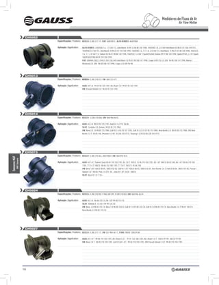 Medidores de Fluxo de Ar
                                                                                                                                                                                 Air Flow Metter


                           GH5052
                                    Especificações / Features: BOSch: 0 280 217 111, FIAT: 60810813 , AlFA ROMEO: 46407008

                                    Aplicação / Application:   AlFA ROMEO: 145(930) 1.6, 1.7i 16V T.S. Hatchback 10.94-12.96 88 120 1598, 145(930) 1.8, 2.0 16V Hatchback 03.98-01.01 106 1441747,
                                                               145(930) 2.0 16V T.S. Hatchback 10.95-01.01 110 150 1970, 146(930) 1.6, 1.7, 1.8, 2.0 16V T.S. Hatchback 11.96-01.01 88 120 1598, 155(167)
                                                               1.6, 1.7, 2.0 16V T.S. Saloon 05.96-01.98 88 120 1598, 156(932) 1.6 16V T.Spark(932A4) Saloon 09.97 88 120 1598, Spider(916S_) 2.0 T.Spark
                                                               16V(916S2C00) 06.95 110 150 1970;
                                                               FIAT: BRAVA (182) 2.0 HGT 20V (182.AD) Hatchback 10.95-07.98 108 147 1998, Coupe (FA/175) 2.0 20V 96-98 108 147 1998, Marea /
                                                               Weekend 2.0 20V 98-00 108 147 1998, Coupe 2.0 20V 96-98




                           GH5013
                                    Especificações / Features: BOSCH: 0 280 218 013; VW: 06B 133 471

                                    Aplicação / Application:   AUDI: A4 1.8 94-01 92 125 1781, A6 /Avant 1.8 99-01 92 125 1781;
                                                               VW: Passat /Variant 1.8 96-03 92 125 1781.




                           GH5014
                                    Especificações / Features: BOSch : 0 280 218 060, VW: 06A 906 461G

                                    Aplicação / Application:   AUDI: A3 1.8 98-03 92 125 1781, Audi Q7 4.2 FSI 06.08,
                                                               SEAT: Cordoba 2.0, Saloon 09.02 85 115 1984;
                                                               VW: Bora 2.0 10.98 85 115 1984, Golf IV 1.6 03-78 107 1595, Golf IV 2.0 01.07 85 115 1984, New Beetle 2.0 00-05 85 115 1984, VW New
                                                               Beetle 1.8 T 04.05 150, Phaeton 4.2 V8 03-246 335 4172, Touareg 4.2 V8 02.06 228 310 4172.




                           GH5015
                                    Especificações / Features: BOSch: 0 280 218 063, 280218064; VW: 06A 906 461L
Sensores MAF
           MAF Sensors




                                    Aplicação / Application:   AUDI: A4 1.8 T Saloon/ Quat 00-04 110 150 1781, A3 1.8 T 150CV 12.96 110 150 1781, A3 1.8T 180CV 00-03 180, A6 1.8 T 00-06 110 150
                                                               1781, TT 1.8 T 180CV 00-06 132 180 1781, TT 1.8 T 150 CV 01.06 150;
                                                               VW: Bora 1.8T 150CV 00-05, 180CV 02-03, Golf IV 1.8 T 150CV 00-03, 180CV 02-07, New Beetle 1.8 T 150CV 00-04, 180CV 01-05, Passat /
                                                               Variant 1.8 T 00-05, Polo 1.8 GTI 05-, Jetta IV 1.8T 03.04 180CV;
                                                               SEAT: Ibiza IV 1.8 T 03>.




                           GH5024
                                    Especificações / Features: BOSch: 0 280 218 002, 0 986 280 205, 0 280 218 003, VW: 06A 906 461 A

                                    Aplicação / Application:   AUDI: A3 1.8 96-06 125 CV, A4 1.8T 99-00 112 CV;
                                                               SEAT: Toldedo II 1.8 20 V 04.99 125 CV;
                                                               VW: Bora 2.0 98-05 115 CV, Bora 1.8 98-00 125CV, Golf IV 1.8 97-00 125 CV, Golf IV 2.0 98-05 115 CV, New Beetle 1.8 T 98-01 150 CV,
                                                               New Beetle 2.0 98-05 115 CV




                           GH5027
                                    Especificações / Features: BOSch: 0 280 217 117, VW: 037 906 461 C, FORD: 98VW 12B529 BA

                                    Aplicação / Application:   AUDI: A3 1.8 T 99-06 110 150 1781, A4 / Avant 1.8 T 97-01 132 180 1781, A6 / Avant 1.8 T 150CV 97-99, 180 CV 97-00;
                                                               VW: Bora 1.8 T 00-05 110 150 1781, Golf IV Gti 1.8 T 99-02 110 150 1781, VW Passat/ Variant 1.8 T 99-00 110 150 1781.




                         104
 