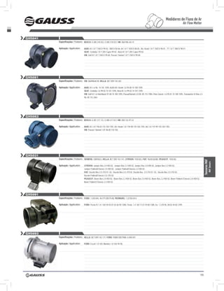 Medidores de Fluxo de Ar
                                                                                                                                                         Air Flow Metter


GH5041
         Especificações / Features: BOSch: 0 280 218 032, 0 280 218 033; VW: 06A 906 461 D

         Aplicação / Application:   AUDI: A3 1.8 T 150CV 99-03, 180CV 00-06, A4 1.8 T 150CV 08-00, A6 / Avant 1.8 T 150CV 98-01 , TT 1.8 T 180CV 98-01;
                                    SEAT: Cordoba 1.8 T 20V Cupra 99-02 , Ibiza III 1.8 T 20V Cupra 99-02;
                                    VW: Golf IV 1.8 T 150CV 99-00, Passat / Variant 1.8 T 150CV 99-00.




GH5061
         Especificações / Features: VW: 06A906461B, hEllA: 8ET 009 142-261

         Aplicação / Application:   AUDI: A3 1.6 96- 74 101 1595, AUDI A4 / Avant 1.6 95-00 74 100 1595;
                                    SEAT: Cordoba 1.6 99-02 74 101 1595, Ibiza III 1.6 99-02 74 101 1595;
                                    VW: Golf IV 1.6 Hatchback 97-00 74 100 1595, Passat/Variant 2.0 00- 85 115 1984, Polo Classic 1.6 95-01 74 100 1595, Transporter IV Box 2.5
                                    96- 85 115 2461




GH5063
         Especificações / Features: BOSch: 0 281 217 112, 0 280 217 013; VW: 058 133 471 A

         Aplicação / Application:   AUDI: A3 1.8 T 96-03 110 150 1781, A4 / Avant 1.8 T 94-98 110 150 1781, A6 1.8 T 97-99 110 150 1781;
                                    VW: Passat / Variant 1.8T 96-00 110 150




GH5031
         Especificações / Features: SIEMEnS: 5WK9623, hEllA: 8ET 009 142-141, cITROEn: 1920.8Q, FIAT: 9628336380, PEUGEOT: 1920.8Q




                                                                                                                                                                                  Sensores MAF
                                                                                                                                                                                             MAF Sensors
         Aplicação / Application:   cITROEn: Jumper Box 2.0 HDI 02, Jumper Box 2.2 HDI 02, Jumper Bus 2.0 HDI 02, Jumper Bus 2.2 HDI 02,
                                    Jumper Flabted/Chassis 2.0 HDI 02, Jumper Flabted/Chassis 2.2 HDI 02;
                                    FIAT: Ducato Box 2.0 JTD 01- 02, Ducato Box 2.0 JTD 02, Ducato Bus 2.0 JTD 01- 02, Ducato Bus 2.0 JTD 02,
                                    Ducato Flatbed/Chassis 2.0 JTD 02;
                                    PEUGEOT: Boxer Box 2.0 HDI 02, Boxer Box 2.2 HDI 02, Boxer Bus 2.0 HDI 02, Boxer Bus 2.2 HDI 02, Boxer Flatbed /Chassis 2.0 HDI 02,
                                    Boxer Flatbed /Chassis 2.2 HDI 02.




GH5091
         Especificações / Features: FORD: 1 030 844, 96 FP12B579 AB; PIERBURG: 7.22184.04.0

         Aplicação / Application:   FORD: Fiesta IV 1.4 I 16V 04.92-01.02 66 90 1388, Fiesta 1.4 16V 11.01 59 80 1388, Ka 1.3 09.96, 08.02 44 60 1299.




GH5093
         Especificações / Features: hEllA: 8ET 009 142-171; FORD: 93BB12B579BA, 6 848 047

         Aplicação / Application:   FORD: Escort 1.8 16V, Mondeo 1.8 16V 94-96.




                                                                                                                                                                            105
 