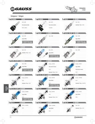 Lâmpadas
                                                                                                                                           Lamps


                 Halógenas / Halogen
                 gL0885           12v                         gL0886        12v                          gL01       H1 12v

                                 Iodo | 50W                                 Iodo | 50W                                 Iodo | 55W

                                 Para farol de milha                        Para farol de milha                        Substitui: Philips 12258

                                 Besta, Dakota                              Caterpillar




                 gL02/ gL55* H1 12v                           gL03       H1 12v                          gL04/ gL56* H1 12v

                                 Iodo | 55W                                 Iodo | 100W                                Iodo | 100W

                                 Super White                                                                           Super White

                                  * Embalagem Blister com 2                                                             * Embalagem Blister com 2
                                    unidades no código GL55                                                               unidades no código GL56


                 gL05         H3 12v                          gL06/ gL57* H3 12v                         gL07       H3 12v

                                 Iodo | 55W                                 Iodo | 55W                                 Iodo | 100W

                                 Substitui: Philips 12336                   Super White

                                                                             * Embalagem Blister com 2
                                                                               unidades no código GL57


                 gL08/ gL58* H3 12v                           gL09       H4 12v                          gL10       H4 12v

                                 Iodo | 100W                                Bi-iodo | 35/35W                           Bi-iodo | 35/35W

                                 Super White                                Para farol de motos                        Super White

                                  * Embalagem Blister com 2                 P43T                                       Para farol de motos
                                    unidades no código GL58
                                                                            Substitui: Philips 12458                   P43T

                 gL11         H4 12v                          gL12/ gL59* H4 12v                         gL13       H4 12v

                                 Bi-iodo | 60/55W                           Bi-iodo | 60/55W                           Bi-iodo | 100/90W


                                 P43T                                       Super White                                P43T


                                 Substitui: Philips 12342                   P43T                                       Substitui: Philips 12569 RA
                                                                             * Embalagem Blister com 2
                                                                               unidades no código GL59
Lâmpadas
       Lamps




                 gL14/ gL60* H4 12v                           gL15       H5 12v                          gL16       H5 12v

                                 Bi-iodo | 100/90W                          Bi-iodo | 60/55W                           Bi-iodo | 60/55W


                                 Super White                                P45T                                       Super White


                                 P43T                                       Substitui: Philips 12596                   P45T
                                  * Embalagem Blister com 2
                                    unidades no código GL60

                 gL17         H5 12v                          gL18       H5 12v                          gL19       H7 12v

                                 Bi-iodo | 100/90W                          Bi-iodo | 100/90W                          Iodo | 55W

                                 P45T                                       Super White                                Substitui: Philips 12972


                                                                            P45T




               112
 
