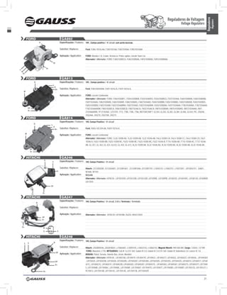 Reguladores de Voltagem




                                                                                                                                                                                                                                        Reguladores
                                                                                                                                                                                                                                                  Regulators
                                                                                                                                                                                                          Voltage Regulators


          FORD                                                        GA892
                                   D-                                Especificações / Features: 14V , Campo positivo / ‘A’ circuit, com porta escovas.

                                                                     Substitui / Replaces:       Ford: F3AU-10316-AA, F3AZ10316A, F3AZ10346A, F3RU10316AA

                                                                     Aplicação / Application:    FORD: Mondeo 1.8, Crown, Victoria w / Police option, Lincoln Town Car
                                                                                                 Alternador / Alternator: FORD: F3AU10300CA, F5AU10300AA, F6PU10300AA, F6PU10300AAA
                                                       DF

                                              b+
L
    w
     b+

          FORD                                                        GA813
                         D-                                          Especificações / Features: 14V , Campo positivo / ‘A’ circuit
                                                       L
                                                           D
                                                            b+       Substitui / Replaces:       Ford: F50U100359AA, F50Y-10316-A, F5OY-10316-A,
      w

                                                                     Aplicação / Application:    FORD: Lincoln Continental
                                                                                                 Alternador / Alternator: FORD: F50U10300FC, F5DU10300DB, F5OU10300FA, F5OU10300GS, F5OY10346A, F60U10300AA, F60U10300AB,
                                                                                                 F60Y10346AA, F68U10300AD, F68U10300AF, F68U10300AS, F68Z10346AD, F6DU10300BB, F6DU10300BD, F6DU10300DB, F6DU10300DC,
                                                                                                 F6DU10300DD, F6DZ10346B, F6DZ10346BRM, F6DZ10346D, F6DZ10346DRM, F6OU10300AA, F6OY10346AA, F78U10300AA, F78Z10346AA,
              DF                                                                                 F78Z10346AARM, F80U10300CA, F80U10300CB, F80Z10346CA, F8OZ10346CA, XW7U10300AA, XW7U10300AD, XW7Z10346AA, XW7-
              b+
                                                                                                 Z10346AARM, YF1Z10346E, LESTER: 7773, 7780, 7780, 7786, MOTORCRAFT: GL354, GL355, GL383, GL384, GL406, GL434, PIC: 250246,
                                                                                                 250246A, 250270, 250270A, 250275 .
          FORD                                                        GA814
                                                                     Especificações / Features: 14V, Campo Positivo / ‘A’ circuit
                         D-
                                                   L
                                                        D
                                                            b+       Substitui / Replaces:       Ford: F6DU-10C359-AA, F6DY-10316-A

          w
                                                                     Aplicação / Application:    FORD: Lincoln Continental
                                                                                                 Alternador / Alternator: FORD: 1L2U-10300-AA, 1L2U-10300-AB, 1L2Z-10346-AB, F6LU-10300-CA, F6LU-10300-CC, F6LU-10300-CD, F6LY-
                                                                                                 10346-A, F6ZU-10300-BB, F6ZU-10300-BC, F6ZU-10300-BE, F6ZU-10300-BG, F6ZZ-10346-B, F77U-10300-AB, F77U-10300-AC, F77Z-10346-
                                                                                                 AB, GL-357, GL-363, GL-423, GL433, GL-454, GL-613, XL2U-10300-AA, XL2Z-10346-AA, XL3U-10300-AA, XL3U-10300-AB, XL3Z-10346-AA
                  DF
                   b+


          HITACHI                                                     GA246
                                         D-
                                                    S                Especificações / Features: 14V, Campo Positivo / ‘A’ circuit

                                                                     Substitui / Replaces:       Hitachi: 23133D0200; 23133Q4601; 23133W1601; 23133W1606; 23133W7101; L15043151; L15063151; L15073301; LR15043151; Q4601;
                                                                 L
                                                                                                 W1606; W7101
                                                                     Aplicação / Application:    NISSAN
                                                                                                 Alternador / Alternator: HITACHI: LR150101B; LR150125B; LR150132B; LR15098E; LR15099B; LR160105; LR160109C; LR160130; LR16085B;
                                                                                                 LR17010
                                                   DF


                                        D+
                    D+
          HITACHI                                                     GA247
                                                                     Especificações / Features: 14V, Campo Positivo / ‘A’ circuit, S-IG-L Terminais / Terminals
                              D-

                                                                     Substitui / Replaces:

                                                                     Aplicação / Application:    Alternador / Alternator: HITACHI: LR15078B, ISUZU: 8942214501
                                        DF
                                        D+


    b+
                                         R
                                         S                       L

          HITACHI                                                     GA248
                                                                     Especificações / Features: 14V, Campo Positivo / ‘A’ circuit
      L       S                                         D-

                                                                     Substitui / Replaces:       Hitachi: 2352805E06, 2352818G01, L15063601, L15093155, L16023153, L16063153, Magneti Marelli: 940 038 069, Cargo: 133543, 137189
                                                                                                  FORD: Maverick 2.7TD; MITSUBISHI: Colt III 1.6 GTi 16V; Galant IV 2.0; Galant IV 2.0 GTI 16V; Galant IV Stufenheck 2.0; Lancer IV 1.8;
                                                             DF
                                                                     Aplicação / Application:    NISSAN: Patrol, Terrano, Vanette Bus, Urvan, Bluebird
                                                                                                 Alternador / Alternator: HITACHI: LR140415B, LR140419, LR140419T, LR140421, LR140421T, LR140422, LR140422T, LR140436, LR140436S
                                                            DF                                   , LR150425, LR150425B, LR150428, LR150428S, LR150428T, LR150430m, LR150430S, LR150435S, LR150443S, LR160414, LR160417, LR160
                                                            D+                                   421C, LR160421E, LR160421F, LR160422B, LR160426S, LR160426T, LR160427S, LR160436S, LR160436T, LR160437S, LR160437T, LR17040
                                                                                                 5, LR170406B, LR170406C, LR170406E, LR170406F, LR170406T, LR170407S, LR170407T, LR170408S, LR170408T, LR170412S, LR170412T, L
                                         b+                                                      R170413, LR170414B, LR170414C, LR170414E, LR170417B, LRT150430T


                                                                                                                                                                                                                                   21
 