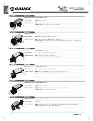 Reguladores de Voltagem
Reguladores
          Regulators
                                                                                                                                                                                                                         Voltage Regulators


                                HITACHI                                           GA249
                                                                                 Especificações / Features: 14V, Campo Positivo / ‘A’ circuit
                               IG w S                                       D-
                                                                                 Substitui / Replaces:       Hitachi: FA8065A, L170-G1315

                                                                                 Aplicação / Application:    OPEL: Astra 1.7; Corsa B 1.5; Vectra A 1.7td; Corsavan 1.7; Cavalier Mk
                                                                                                             Alternador / Alternator: HITACHI: LR160412B, LR170420, LR170420B
                 L
                                                                       DF
                                                                       D+

                                              b+


                                HITACHI                                           GA250
                                                                                 Especificações / Features: 14V, Campo Positivo / ‘A’ circuit
                                     IG   S                                 D-
                                                                                 Substitui / Replaces:       Hitachi: 8941674100, 8970260520, L15033155, L160G1315

                                                                                 Aplicação / Application:    ISUZU: Trooper 2.8 TD; Midi 2.0, 2.2 OPEL: Campo 2.5 ,3.1; Monterey 3.1TD
                                                                                                             Alternador / Alternator: HITACHI: LR150-431,LR150-432,LR150-439, LR150-439B, LR170-401, LR170-410, R170-410B, LR170-418
                           L                                               DF
                                                                                                             LR170-418B, LR170-418C
                                                                           D+
                                D+
                                                        b+



                                HITACHI                                           GA251
                                                    D-                           Especificações / Features: 14V, Campo Positivo / ‘A’ circuit
                                                                            w
                                                                                 Substitui / Replaces:       Hitachi: L170G-3319, L170G-6308, L170G-7315, LR170G-7315

                                                                                 Aplicação / Application:    OPEL: Astra 1.7, Corsa 1.5D, Vectra 1.7 XT, Combo 1.7D
                                                                                                             Alternador / Alternator: HITACHI: L170G3319, L170G6308, LR170G7315

                       L                                                    b+
                       w                           DF

                                                   w

                                HITACHI                                           GA252
                                                                  D-             Especificações / Features: 14V, Campo Positivo / ‘A’ circuit

                                                                                 Substitui / Replaces:       Hitachi: L180G2340, L180G6340, L165G2315, 2321585L00

                                                                                 Aplicação / Application:    NISSAN: Primera 1.6 stationcar 90-94; Sunny 1.4i 90-95; Sunny 1.4i Stationcar 90-95; Sunny 1.6i
                                                                                                             Alternador / Alternator: HITACHI: LR165-708C, LR170-738C, LR170-744, LR180-731B
                                                                                  w
                                                         DF                      b+
                       S
                       L



                                HITACHI                                           GA253
                                                             D-                  Especificações / Features: 14V, Campo Positivo / ‘A’ circuit
                                                                       D+

                                                                                 Substitui / Replaces:       Hitachi: L170-33152, LR170-33152

                                                                                 Aplicação / Application:    NISSAN: 100NX 1.6; Primera 1.6 stationcar; Sunny 1.4i; Sunny 1.6i stationcar; Pulsar; Sentra
                                                                                                             Alternador / Alternator: HITACHI: LR170-738, LR170-738B
                                                             DF
                       S
                       L



                                HITACHI                                           GA254
                                                              L        S         Especificações / Features: 14V, Campo Positivo / ‘A’ circuit

                                                                                 Substitui / Replaces:       L190 G33 401
                                     D-

                                                                                 Aplicação / Application:    NISSAN: 1998-02 Nissan Frontier 2.4L 1999-01 Nissan Frontier 3.3L 2000-02 Nissan Xterra 2.4L 2000-01 Nissan Xterra 3.3L
                                                                                                             Alternador / Alternator: HITACHI: LR1100-709, LR1100-709B, LR170-757B
                                                                            b+
                                                             DF
                                                                  b+


                                      w


                           22
 