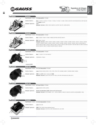 Reguladores de Voltagem




                                                                                                                                                                                                         Reguladores
                                                                                                                                                                                                                   Regulators
                                                                                                                                                                          Voltage Regulators


      ISKRA                          GA401
                    D+              Especificações / Features: 14V, Campo positivo / ‘A’ circuit

                                    Substitui / Replaces:       Iskra: 11 125 019, 11 125 053, 11 125 054, 11 125 056, 11 125 065, 11 125 085, 16 905 323, AER 1401, AER 1406, AER 1505, AER 1506, AER
     D-                                                         1510, Zastava: 1301670.
                                    Aplicação / Application:    YUGO
                               D+                               Alternador / Alternator: ISKRA: 11201273, AAK1314, LESTER: 13225, PIC: 220188, 282100.
                              DF




      ISKRA                          GA402
                    D+              Especificações / Features: 28V, Campo positivo / ‘A’ circuit

                                    Substitui / Replaces:       Iskra: 11125029; 11125047; 11125087; 16905304; AER1404; AER1504; AER1511

     D-
                                    Aplicação / Application:    KHD: Tratores / Tractors
                               D+                               Alternador / Alternator: ISKRA: 11201050; 11201052; 11201066; 11201069; 11201087; 11201098; 11201107; 11201151; 11201162; 11201186;
                               DF                               11201201; 11201360; 11201522; 11201555; 11201557; 11201574; 11201586; 11201633; 11201635; 11201699; 1120170; 3120105; AAK1107;
                                                                AAK1109; AAK1110; AAK1113; AAK1115; AAK1125; AAK1131; AAK1134; AAK1153; AAK1160; AAK1167; AAK1309; AAK1347; AAK1352; AAK1367;
                                                                AAK3520; AAK3557; AAK4179; AAK4507; AAK4509; AAK4531; AAK4560



      ISKRA                          GA444
                    D-              Especificações / Features: 14V, Campo positivo / ‘A’ circuit

                                    Substitui / Replaces:       Iskra: 11 125 204 / 11 125 165 / AER1613
                              D+

                                    Aplicação / Application:    Colheitadeiras e Tratores


                                     D+
                                     DF


                                     Lançamento Dez/2010


      LUCAS                          GA148
                         L          Especificações / Features: 14V / 75A, Campo positivo / ‘A’ circuit

                                    Substitui / Replaces:       Lucas: UCB148, UCB150, UCB151, 37701, 37703, 37705, 37707, 54205986, 54206177, 5420448, 5420467, 5420645.

                                    Aplicação / Application:    FORD: Fiesta. MF: Tratores / Tractors, J. I. CASE
                              D+                                Alternador / Alternator: LUCAS: 24145/ 156/ 157/ 158/ 161/ 169/ 198/ 199/ 200/ 206/ 207/ 208/ 223/127 .
                              DF




               D-

      LUCAS                          GA149
                         L          Especificações / Features: 28V Campo Positivo / ‘A’ Circuit.

                                    Substitui / Replaces:       Lucas: 54022415, 84 959, UCB155.

                                    Aplicação / Application:    Veiculos com alternadores LUCAS / Vehicles whit LUCAS alternator
                              D+
                                                                Alternador / Alternator: LUCAS: NAB903 , A127 , 24299, M. MARELLI: 54022415, 54022578, 63324299, 63324406 NAB901, 24406.
                              DF




               D-

      LUCAS                          GA695
                                    Especificações / Features: 14V / 55A, Campo positivo / ‘A’ circuit

                                    Substitui / Replaces:       Lucas: 353.81.695.

                                    Aplicação / Application:    FORD: F100 e F4000; Veículos Argentinos diversos.
                                                                Alternador / Alternator: LUCAS: 352.13.295/ 740/ 800/ 855/ 352, 352.14.090.


                         D-
DF        D+




                                                                                                                                                                                                   25
 
