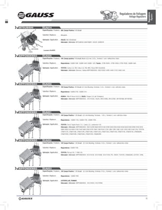 Reguladores de Voltagem




                                                                                                                                                                                                                          Reguladores
                                                                                                                                                                                                                                    Regulators
                                                                                                                                                                                            Voltage Regulators


    mITSUBISHI                                    GA874
                               D-                Especificações / Features: 28V, Campo Positivo / ‘A’ Circuit

                                                 Substitui / Replaces:        Mitsubishi:
P
                                                 Aplicação / Application:     VOLVO: VM 210/240/260
                                            b+                                Alternador / Alternator: MITSUBISHI: A002TA8891; VOLVO: 20498749


                            DF               w
    L
                        (INFERIOR)
                     D+                           Lançamento Dez/2010
                   (TRIO)


    nIPPOnDEnSO                                   GA820
                              S IG L             Especificações / Features: 14V, Campo positivo / ‘A’ circuit, Mount. 63,5 mm, S-IG-L, Terminal ‘L’ sem / without drive choke

                                                 Substitui / Replaces:        Nippondenso: 126000-1580, 126000-1640 126000- 1670, Toyota: 27700-35040, 27700-74030, 27700-75030, 126000-1660

                                                 Aplicação / Application:     TOYOTA: Camry 2.2L 70A, Celica 2.2L 70A, MR2, Paseo W/O Heatshield.
                                                                              Alternador / Alternator: Diversos / Various NIPPONDENSO: 1002115020 / 6390 / 6440 / 5110 / 6460 / 644.




        D-         w   DF              b+

    nIPPOnDEnSO                                   GA850
                             C IG L              Especificações / Features: 14V Campo Positivo / ‘A’ Circuit; 63.5 mm Mounting; Terminais: C-IG-L, Terminal ‘L’ com / with drive choke

                                                 Substitui / Replaces:        Nippondenso: 126000-2150, 126000-2151.

                                                 Aplicação / Application:     HONDA: 1996-97 Acura SLX3.2L, ISUZU: Trooper 3.2L (all 75 Ampere).
                                                                              Alternador / Alternator: NIPPONDENSO: 1012114220, ISUZU: 2901237800, 2901237801, 8971097800, 8971097801.




              D-   w    DF             b+

    nIPPOnDEnSO                                   GA851
                              S IG L             Especificações / Features: 14V Campo Positivo / ‘A’ Circuit; 63.5 mm Mounting; Terminais: S-IG-L, Terminal ‘L’ com / with drive choke

                                                 Substitui / Replaces:        Nippondenso: 126000-1730, 126000-1750, 126000-1930.

                                                 Aplicação / Application:     TOYOTA: Tercel, Toyota Paseo 1.5 L, Camry 2.2L, Landcruiser 4.5L.
                                                                              Alternador / Alternator: NIPPONDENSO: 1002116390/ 0060/ 0070/ 0120/ 0190/ 0340/ 0350/ 0420/ 0430/ 0520/ 0530/ 0590/ 0740/ 5010/
                                                                              5080/ 5090/ 510/ 0450/ 5150/ 5160/ 5460/ 5550/ 5970/ 7060/ 7180/ 9510/ 1270/ 1280/ 1290/ 1300/ 1320/ 1330/ 5100/ 5140/ 5150, TOYOTA:
                                                                              2706011270, 2706011280, 2706011290, 2706011300, 2706011320, 2706011330, 2706015100, 2706015140, 2706035150, 2706066040,
                                                                              2706072920, 2706074390, 2706075040, 2706075100, 2706082090.

             D-    w   DF              b+
    nIPPOnDEnSO                                   GA852
                              S IG L             Especificações / Features: 14V Campo Positivo / ‘A’ Circuit; 63.5 mm Mounting; Terminais: S-IG-L, Terminal ‘L’ sem / without drive choke

                                                 Substitui / Replaces:        Nippondenso: 126000-7100.

                                                 Aplicação / Application:     TOYOTA: Pick-up 3.0L, T-1000 3.0L .
                                                                              Alternador / Alternator: NIPPONDENSO: 1012110130, 1012110300, 1012117010, PIC: 290351, TOYOTA: 2706065040, LESTER: 13496.




             D-    w    DF             b+

    nIPPOnDEnSO                                   GA853
                              P IG L             Especificações / Features: 14V Campo Positivo / ‘A’ Circuit; 63.5 mm Mounting; Terminais: P-IG-L, Terminal ‘L’ sem / without drive choke

                                                 Substitui / Replaces:        Nippondenso: 126000-1940

                                                 Aplicação / Application:     CATERPILLAR, YANMAR .
                                                                              Alternador / Alternator: NIPPONDENSO: 1012119010, 1012119940.




             D-    w     DF             b+


                                                                                                                                                                                                                     33
 
