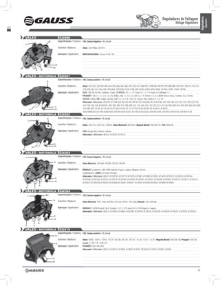 Reguladores de Voltagem




                                                                                                                                                                                                                                                  Reguladores
                                                                                                                                                                                                                                                            Regulators
                                                                                                                                                                                                                Voltage Regulators


      VALEO                                                       GA996
                                                  b-             Especificações / Features: 14V, Campo Negativo / ‘B’ circuit
          L
                                                                 Substitui / Replaces:       Valeo: 2541996B, 2541915

                                                                 Aplicação / Application:    MERCEDES-BENZ: Classe A 160, 190



                                                            b-
b+                                                     DF
                                V       w


      VALEO - mOTOROLA GA501
                                                                 Especificações / Features: 14V, Campo positivo / ‘A’ circuit
                                             D-

                                                                 Substitui / Replaces:       Valeo: 2521335; 2541392 /404 /433 /493 /666 /667 /682 /701 /702 /721 /800 /972; 2590768; 592791 /797 /800 /801 /910 /911; 593131 /133 /137
                                                                                             /139 /258 /301 /312 /326 /350; 9RC6065; YM1940G /1949 /1950 /3953 /6555 /6952 /6955 /9980; YV1965 /1965T /1969T /3970H
                                                                 Aplicação / Application:    AUDI: 100, 80, A4, A6, Cabriolet, Coupe; CITRöEN: ZX 1.1, 1.4; Saxo 1.0, 1.1, 1.4; Xsara 1.4; Berlingo 1.1;
                                                                                             PEUGEOT: 106 1.1, 1.3, 1.4, 1.6, Xsi, Rallye, 306 1.1, 1.4, 1.6; 405 1.4, 1.9, Partner 1.1, 1.4; SEAT: Arosa, Ibiza, Cordoba, Inca, Toledo;
                                                                                             SKODA: Felicia; Vw: Caddy, Corrado, Golf 1.4, 1.6, 1.8, 1.9d, 2.0, Passat, Polo, Vento 1.4, 1.6, 1.8
                                                                                             Alternador / Alternator: 2542101, A11VI8/ I23/ I26/ I36/ I45/ I49/ I57/ I61/ I64/ I85/ I93, A13VI100/ 104/ 105/ 106/ 121/ 123/ 124/ 125/ 132/ 135/
                                                                                             141/ 155/ 156/ 164, A13VI184 / 185/ 186/ 189/ 191/ 198/ 209/ 212/ 213/ 216/ 218 / 22/ 220/ 222 / 231/ 24/ 258/ 260/ 261/ 264/ 265/ 266/ 267/ 268/
                                                        D+
                  D+                                    DF                                   274/ 280/ 281/ 31/ 40/ 41/ 44/ 45/ 52/ 57/ 60/ 67/ 69/ 70/ 71/ 74/ 75/ 81/ 85/ 94/ 96/ 99, A14VI14, A14VI31;
                                                                                             VOLKSWAGEN: 021-903-023N/ 025F, 030-903-023E/ 023F, 037-903-023G/ 023Q, 058-903-016E, 078-903-015B/ 015D, 078-903-017B
      VALEO - mOTOROLA GA502
                                             D-                  Especificações / Features: 14V, Campo positivo / ‘A’ circuit
               L
                                                                 Substitui / Replaces:       Valeo: 2541715; 2541715C; 590932, Valeo Motorolla: 9RC6074, Magneti Marelli: 940 038 191, Fiat: 9946195,

                                                                 Aplicação / Application:    FIAT: Ducato Bus, Pritsche, Kasten
                                                                                             Alternador / Alternator: VALEO: A13VI72, A13V173



                                                        D+
                       D+                               DF
     b+
      VALEO - mOTOROLA GA503
          L                                                      Especificações / Features: 14V, Campo Negativo / ‘B’ circuit

                                                        b-       Substitui / Replaces:       Valeo-Motorola: 2541668; 593290; 593310; 593349

                                                                 Aplicação / Application:    RENAULT: a partir de / after 1996 Safrane, Espace, Laguna, Megane, Scenic,
                                                                                             Empilhadeiras: LINDE com motor Renault
                                                                                             Alternador / Alternator: VALEO: A11VI105; A11VI179; A11VI79; A11VI81; A11VI85; A11VI92; A11VI93; A13VI157; A13VI163; A13VI164;
                                                            b-
                                                                                             A13VI165; A13VI166; A13VI167; A13VI179; A13VI184; A13VI185; A13VI201; A13VI207; A13VI208; A13VI209; A13VI210; A13VI211; A13VI213;
                                                            DF
                                                                                             A13VI217; A13VI218; A13VI224; A13VI266; A13VI267; A14VI17; A14VI18; A14VI24; A14VI25; A14VI85; A14VI92
                                    w
          b+                V
      VALEO - mOTOROLA GA504
              L                             N/C                  Especificações / Features: 14V, Campo negativo / ‘B’ circuit

                                                       b-        Substitui / Replaces:       Valeo-Motorola: 9 RC 7108; 2541952; 593 316; 593411; YM 1620, Renault: 7701 049 500

                                                                 Aplicação / Application:    RENAULT: -03/98 Renault Clio II, Kangoo 1,4 1,9 -97 Espace III 2,0 -98 Megane & Laguna
                                                                                             Alternador / Alternator: VALEO: A11VI87; A11VI88; A13VI188; A13VI195; A13VI235; A13VI238; A13VI249; A13VI251; A13VI252; A13VI253

                                                        b-
                                                        DF

                                    w
      b+                V

      VALEO - mOTOROLA GA515
                                                                 Especificações / Features: 14V, Campo positivo / ‘A’ circuit
                                                            D+
                                                                 Substitui / Replaces:       Valeo: 92856; 92913; 92973; 97729; NC168; NC170; NC173; YL120; YL121; YL127, Magneti Marelli: 940 038 164, Peugeot: 5761.40,
                                                            D-                               Lucas: 2 1225 178, UCB 224
                                                                 Aplicação / Application:    PEUGEOT: 504, 505, 604
                                                                                             Alternador / Alternator: VALEO: A13R214, A14N39, A14R33, A14R35, PEUGEOT: 570272, 570283, 570286



                                                       D+
                                                       DF



                                                                                                                                                                                                                                           41
 