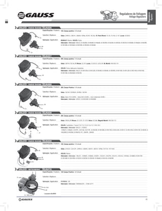 Reguladores de Voltagem




                                                                                                                                                                                                            Reguladores
                                                                                                                                                                                                                      Regulators
                                                                                                                                                                                 Voltage Regulators


     VALEO - PARIS RHOnE GA926
                                              Especificações / Features: 14V, Campo positivo / ‘A’ circuit

                                              Substitui / Replaces:       Valeo: 2590512, 300741, 300692, 92966, NC927, NC362, Vl. Paris Rhone: YL135, YL146, IL 147, Lucas: UCB243
                                     D-
                                              Aplicação / Application:    RENAULT: Marine, VOLVO: Penta.
                                                                          Alternador / Alternator: VALEO: A13N28M, A14N48M, A14N66M, A13N29M, A13N35M, A13N55M, A13N57M, A13N58M, A13N66M, A14N29M,
                                                                          A13N148M, A13N186M, A13N259M, A13N35M, A13N36M.
                                          DF
                                          D+

                         D+

     VALEO - PARIS RHOnE GA927
                                              Especificações / Features: 28V, Campo positivo / ‘A’ circuit

                                              Substitui / Replaces:       Valeo: 300744, NC184, P. Rhone: ZL129, Lucas: 21225372, UCB 239, M. Marelli: 940 038 174.


                                         D-
                                              Aplicação / Application:    VOLVO: Penta, Aplicações Industriais.
                                                                          Alternador / Alternator: VALEO: A13N143M, A13N152M, A13N36M, A13N56M, A13N59M, A14N110M, A14N112M, A14N115M, A14N116M,
                                                                          A14N118M, A14N206M, A14N47M.
                                              DF

                                    D+
                    D+


     VALEO - PARIS RHOnE GA969
                                              Especificações / Features: 28V, Campo Positivo / ‘A’ circuit

                                              Substitui / Replaces:       Valeo: 182169; ZV3902H; ZH3902; 182769

                                     D-       Aplicação / Application:    Volvo: Volvo FH12 05/98 >, Volvo NH12 05/98 >, Serie Globetroter 05/98 >.
                                                                          Alternador / Alternator: 439231 / A14N183M / A14N208M


                                                   DF


             D+                           D+


     VALEO - PARIS RHOnE GA928
                                              Especificações / Features: 28V, Campo positivo / ‘A’ circuit

                                              Substitui / Replaces:       Valeo: 590536, P. Rhone: ZV 3729; ZY 3729, Volvo: 872368, Magneti Marelli: 940 038 173
                               b-

                                              Aplicação / Application:    VOLVO: Caminhões / Trucks F10; F12; FL10; FL6; FL7; N10; N12
                                    DF
                                                                          Alternador / Alternator: VALEO: 2102052,
             D+                                                            2180619, 2180620, 2181991, 2541168, 2541199, A13N33M, A14N100M, A14N119M, A14N122M, A14N137, A14N137M, A14N141M, A14N200, A
                    b+              +D                                    14N200M, A14N30M, A14N81M, PIC: 208399, 208400




     VALEO - PARIS RHOnE GA929
                                              Especificações / Features: 14V, Campo positivo / ‘A’ circuit

                                              Substitui / Replaces:       Valeo: 2518337; 2541291; 2590512; 300692; 300741; 300747; 92966; YV7735; YV7735H
                                    b-
                                              Aplicação / Application:    VOLVO: Marine
                                                                          Alternador / Alternator: VALEO: 2100605; 2100606; 2102051; 2102341; 2102794; 2103141; 2103142; 2105582; 2518088; A13N147M;
                                          DF
                                                                          A13N148M; A13N149M; A13N1M; A13N35M; A13N55M; A13N66M; A14N148; A14N29M
                                           D+
        D+
                          b+




     VALEO - mITSUBISHI                        GA979
                          L    S              Especificações / Features: 14V Campo Positivo / ‘A’ Circuit


D-                                            Substitui / Replaces:

                                              Aplicação / Application:    HYUNDAI: HR
                                                                          Alternador / Alternator: TA000A64201, 37300-42711

                                                   D+ ESC
                                                     DF

                                                   Lançamento Dez/2010
          D+ TRIO


                                                                                                                                                                                                       43
 