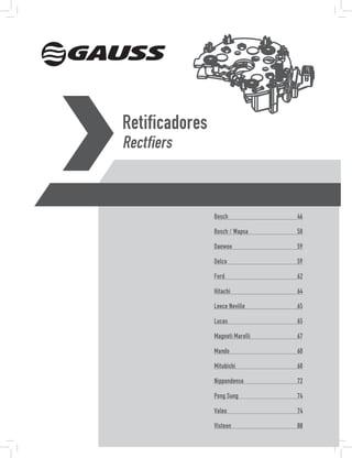 Retificadores
Rectfiers


                Bosch             46

                Bosch / Wapsa     58

                Daewoo            59

                Delco             59

                Ford              62

                Hitachi           64

                Leece Neville     65

                Lucas             65

                Magneti Marelli   67

                Mando             68

                Mitubishi         68

                Nippondenso       72

                Pong Sung         74

                Valeo             74

                Visteon           80
 