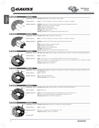 Retificadores
                                                                                                                                                                                                                                   Rectifiers


                                BOSCH                                   GA1001
Retificadores




                                                                   Especificações / Features: 55A, Diodos / Diodes 3x35A, Triodo não incluido / Triode not included
            Rectifiers




                                                    B+


                                                                   Substitui / Replaces:        Bosch: 1.125.715.064, 9.121.080.349, 1.125.715.065, 9.121.080.671, 9.121.080.244, 9.121.080.849

                                                                   Aplicação / Application:     DIVERSOS: Tratores Agrale, CBT, Fiat-Allis, Komatsu, Massey Perkins (até 85). Equipamentos Yanmar. MB;
                                                                                                SCANIA: Caminhões, Ônibus, Motor marítimo / Estacionário;
                                                                                                TOYOTA: Bandeirantes e Utilitários (até 87);
                                                                                                VOLVO: Caminhões N10, N12 e Ônibus B58 (até 85);
                                                                                                FIAT DIESEL: Todos modelos (até 82).
                                                                                                Alternador / Alternator: BosCh: 9.120.080.020/ 031/ 054/ 084/ 091/ 082/ 110/ 125.

                                BOSCH                                   GA1003
                                                    B+             Especificações / Features: 55A, Diodos / Diodes 3x35A, Triodo incluido / Triode included

                                                                   Substitui / Replaces:        Bosch: 1.125.715.064, 9.121.080.349, 1.125.715.065, 9.121.080.671, 9.121.080.244 , 9.121.080.849

                                                                   Aplicação / Application:     DIVERSOS: Tratores Agrale, CBT, Fiat-Allis, Komatsu, Massey Perkins (até 85). Equip. Yanmar;
                                                                                                MB;
                                                                                                SCANIA: Caminhões, Ônibus, Motor marítimo /Estacionário;
                                                                                                TOYOTA: Bandeirantes e Utilitários (até 87);
                                                                                                VOLVO: Caminhões N10, N12 e Ônibus B58 (até 85);
                                                                                                FIAT DIESEL: Todos modelos (até 82).
                                                                                                Alternador / Alternator: BosCh: 9.120.080.020/ 031/ 054/ 084/ 091/ 082/ 110/ 125.
                                BOSCH                                   GA1089
                                                                   Especificações / Features: 65A, Diodos / Diodes 6x35A, Parafuso B+ M8x50 / B+ Post M8x50, Parafuso D+ M5x45 D+ / Post M5x45, Com Trio Diodo / With Diode Trio
                                        l
                                                         B+
                                                                   Substitui / Replaces:        Bosch: 9.123.080.089
                          Aux

                                                                   Aplicação / Application:     FORD: Escort e Verona 1.6i e 1.8i s/ ar cond. (após 06.94), Royale e Versailles 1.8i (AP) s/ ar cond. (até 01.93),
                                                                                                VW: Gol, Parati e Voyage 1.6i, 1.8i e 2.0i (após 10.96), Logus 1.6i, 1.8 CL, GL, GLs, 1.8i e 2.0i (AP) Pointer 1.6i, 1.8i, 2.0i (após 02.93), santana e
                                                              d+                                Quantum 1.8i, 2.0i, e 2.0 GLs s/ ar cond. (após 03.93).
                         B-                                                                     Alternador / Alternator: BosCh: 9.120.080.501.




                                BOSCH                                   GA1129
                                        l                          Especificações / Features: 65A, Diodos / Diodes 6x35A, Paraf. B+ M8x50, B+ Post M8x50, Paraf. D+ M5x45, B+ Post M5x45, Paraf. W M5x45, W Post M5x45, C/ Trio
                                    w                    B+                                     Diodo / With Diode Trio
                                                                   Substitui / Replaces:        Bosch: 9.123.080.129

                                                                   Aplicação / Application:     VW: Gol 1.0 MI (AT 1000 MI hitork 10.96).
                                                                                                Alternador / Alternator: BosCh: 9.120.080.502.
                                                              d+

                         B-




                                BOSCH                                   GA1012
                                            l            B+
                                                                   Especificações / Features: 70A, Diodos / Diodes 6x35A , Parafuso B+ M6x50 / B+ Post M6x50, ComTrio Diodo / With Diode Trio


                          Aux
                                                                   Substitui / Replaces:        Bosch: F000 LD1-012

                                                                   Aplicação / Application:     FORD: Pick-up F1000 hsD (Maxion high speed) e F1000T (MWM-4.10T) (10.95) 9 120 080 230 K1 70 14;
                         B-                                        d+
                                                                                                MB: sprinter 310D com motor oM-014A sem ar-condicionado (09.96) 9 120 080 212 K1 70 14.
                                                                                                Alternador / Alternator: BosCh: 9.120.080.230, 9.120.080.212.




                                                w

                                BOSCH                                   GA1652
                                                l         B+       Especificações / Features: 85A Diodos / Diodes 6x35A, Parafuso B+ M6 / B+ Bolt M6, Com Trio Diodo / With Diode trio
                                            l
                              Aux
                                                                   Substitui / Replaces:        Bosch: 9 122 080 652

                                                                   Aplicação / Application:     GM: Vectra07>, s10, Blazer 2.2 05>, Kadet, Ipanema 89> c e s AC
                                                                                                Alternador / Alternator: 9 120 080 172; 9 120 080 180
                                                                   d+

                          B-
                                                                   Lançamento JuL/2010




                          46
 