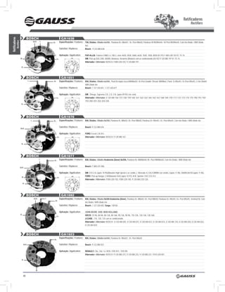 Retificadores
                                                                                                                                                                                                                              Rectifiers


                                   BOSCH                               GA1638
Retificadores




                                                   l                 Especificações / Features: 75A, Diodos / Diodes 6x35A , Parafuso B+ M6x50 / B+ Post M6x50, Parafuso W M5/M4x45 / W Post M5/M4x45, Com trio Diodo / With Diode
            Rectifiers




                                             Aux           B+
                                                                                                 trio.
                                                                     Substitui / Replaces:       Bosch: 9.122.080.638

                                                                     Aplicação / Application:    FIAT-ALLIS: Tratores FB80.2 e 100.2, série 4630, 5030, 5060, 6630, 7630, 7830, 8030 (01.97) F 000 LD0 103 K1 75 14;
                         w                                      d+
                                                                                  113
                                                                                                 GM: Pick-up D20, D40, D6000, Bonanza, Veraneio (Maxion) com ar-condicionado (03.92) 9 120 080 197 K1 75 14.
                                                                                                 Alternador / Alternator: BosCh: F000 LD0-103, 9.120.080.197.

                          B-




                                   BOSCH                               GA1651
                                     l                     B+        Especificações / Features: 65A, Diodos / Diodes 6x35A , Paraf.B+dupla rosca:M8/M6x50 / B+Post Double Thread: M8/M6x5, Paraf. D+M5x45 / D+Post M5x45, C/ trio Diodo/
                                                                                                 With Diode trio
                                                                     Substitui / Replaces:       Bosch: 1.127.320.651, 1.127.320.677

                                                                     Aplicação / Application:    GM: Ômega, suprema 2.0i, 2.2i, 3.0i, (após 09.92) c/ar cond.
                                                                d+                113            Alternador / Alternator: 0 120 488 156/ 157/ 158/ 159/ 160/ 161/ 162/ 163/ 164/ 165/ 167/ 168/ 169/ 170/ 171/ 172/ 173/ 174/ 175/ 190/ 191/ 192/
                                                                                                 193/ 200/ 201/ 202/ 203/ 204.
                          B-




                                   BOSCH                               GA1676
                                         l                 B+        Especificações / Features: 95A, Diodos / Diodes 8x35A, Parafuso B+ M8x50 / B+ Post M8x50, Parafuso D+ M5x45 / D+ Post M5x45, Com trio Diodo / With Diode trio

                                                                     Substitui / Replaces:       Bosch: 9.122.080.676
                         Aux

                                                                     Aplicação / Application:    FORD: Escort 2.0i Xr3 .
                                                                 d+               113            Alternador / Alternator: BosCh: 9 120 080 167.


                          B-




                                   BOSCH                               GA1677
                                                   l
                                                            B+       Especificações / Features: 85A, Diodos / Diodes Avalanche (Zener) 8x35A, Parafuso B+ M8/M6x50 /B+ Post M8/M6x50, Com trio Diodo / With Diode trio

                                                                     Substitui / Replaces:       Bosch: F 000 LD1 006
                         Aux

                                                                     Aplicação / Application:    GM: s10 2.5L (após 10.95)(Maxxion high speed c/ ar condic.). silverado 4.2 DLX (MWM c/ar condic.) (após 11.96). D6000,D6150 (após 11.96),
                          w                                                       113            FORD: Pick-up Ranger 2.5D(Maxxion hs4) (após 10.97), M.B: sprinter 310/ 312/ 412.
                                                                 d+
                                                                                                 Alternador / Alternator: F000 LD0-102, F000 LD0-100, 9.120.080.232/ 226.
                              B-




                                   BOSCH                               GA1692
                                             Aux       l             Especificações / Features: 95A, Diodos / Diodes 8x35A Avalanche (Zener), Parafuso B+ M8x50 / B+ Post M8x50, Parafuso D+ M5x45 / D+ Post M5x45, Terminal W, Com
                                                            B+
                                                                                                 trio Diodo / With Diode trio
                                                                     Substitui / Replaces:       Bosch: 1.127.320.692, Cargo: 138165

                                                                     Aplicação / Application:    JOHN dEERE; KHd; NEw HOllANd;
                         B-                                                                      IVECO: 75-9A, 80-9A, 80-13A, 80-16A, 90-13A, 90-9A, 110-13A, 130-13A, 130-16A;
                                                                d+
                                                                                                 JI.CASE : 110, 120, 135 com ar condicionado.
                                                                                                 Alternador / Alternator: BosCh: 0.120.484.001, 0.120.484.011, 0.120.484.012, 0.120.484.015, 0.120.484.118, 0.120.484.020, 0.120.484.022,
                                                                                                 0.120.484.024.

                                              w

                                   BOSCH                               GA1923
                                                                     Especificações / Features: 90A, Diodos / Diodes 6x35A, Parafuso B+ M6x50 / B+ Post M6x50
                                                            B+

                               Aux                                   Substitui / Replaces:       Bosch: 9.122.080.923

                                                                     Aplicação / Application:    RENAULT: Clio, Clio 1.6, REN: 1595 R11, 1593 R9.
                                                                                                 Alternador / Alternator: BosCh: 9.120.080.215, 9.120.080.222, 9.120.080.231, F010 LD0 001.

                          B-




                                               w


                              48
 