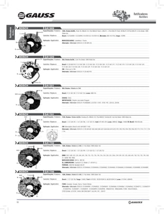 Retificadores
                                                                                                                                                                                                                                    Rectifiers


                                    BOSCH                                   GA1909
Retificadores




                                                                          Especificações / Features: 120A, Diodos 6x50A , Paraf. B+ M8x30 / B+ Post M8x30, Paraf. L M4x19, L Post M4x19, Paraf. W M5x19, W Post M5x19, C/ trio Diodo / With
            Rectifiers




                                                                     B+
                                    l                                                                  Diode trio.
                                                                          Substitui / Replaces:        Bosch: 1127320909; 1127320992; 9127041132; 9127041133, Mercedes: 000 154 7016, Cargo: 133995

                                                                          Aplicação / Application:     MERCEDES-BENZ: Caminhões / Trucks
                          w                                                                            Alternador / Alternator: BosCh: 0.120.489.316
                                                                           d+

                         B-




                                    BOSCH                                   GA1320
                                                                 B+       Especificações / Features: 85A, Diodos 6x35A , Com Trio Diodo / With Diode trio.
                                        l
                                                                          Substitui / Replaces:        Bosch: 9.120.060.910; 9.121.067.300; 9.121.067.303; 9.121.067.304; 9.121.067.317; 9.121.067.319; 9.121.067.320; 9.121.067.324;
                                                                                                       9.121.067.325; 9.121.067.328; 9.121.067.329; 9.121.067.330; 9.121.067.331
                                                                          Aplicação / Application:     GM : Chev.Luv 2.2 98>
                                                                                                       Alternador / Alternator: BosCh: 9.120.060.910
                              B-




                                                                d+

                                    BOSCH                                   GA1321
                                                                          Especificações / Features: 85A, Diodos / Diodos 6 x 35A
                                                                     B+
                                                                          Substitui / Replaces:        Bosch: 9 121 067 301; 9 121 067 316, Lucas: UBB 416
                         Aux

                                                                          Aplicação / Application:     DODGE: omni;
                                                                                                       IMpORTADOS: Chrysler com motor Peugeot
                                                                                                       Alternador / Alternator: BosCh: 9120060684, LEsTER: 13187, 14787, PIC: 220125, 220184
                          B-




                                    BOSCH                                   GA1701
                                            Aux       l                   Especificações / Features: 115A, Diodos / Diodes 8x50A, Parafuso B+ M8x50 / B+ Post M8x50, Terminal W, Com trio Diodo / With Diode trio.
                                                                     B+
                                                                          Substitui / Replaces:        Bosch: 1.127.320.701, 1 127 320 708, 1 127 320 731, Audi: 075 903 359, Lucas: UBB432, Cargo: 134003 M. Marelli: 940 038 206

                                                                          Aplicação / Application:     VW: Alternadores Bosch série 469 IR/EF 115A.
                                                                                       123             Alternador / Alternator: BosCh: 0.120.469.601 /602 /604 /605 /637 /638 /654 /674 /675 /701 /702 /703 /704 /705 /706 /707 /711 /714 / 717 / 718
                         w                                            d+                               / 719.

                         B-




                                    BOSCH                                   GA1702
                                              l                           Especificações / Features: 120A, Diodos / Diodes 6 x 50A, C/ Trio Diodo / With Diode Trio
                                                                     B+
                              Aux                                         Substitui / Replaces:        Bosch: 1.127.320.702; 1.127.320.709; 1.127.320.722; 1.127.320.733

                                                                          Aplicação / Application:     BMW: 525i, 528i, 533, 535, 628, 635, 728, 732, 733, 735, 745, 316, 318, 320, 323, 325e, 518, 520, 525, 535, 628, 635, 728, 732, 735, 745, 528,
                                                                                                       Z1. sAAB: 900; 9000;
                                                                                                       MERCEDES BENS: 500 sL; 300 sD;
                              B-                                                                       SL LAMBORGHINI: Countach 5 s; Diablo 5.7; LM i29 5.2;
                                                                                                       FERRARI: 328GTB; Mondial 8 85-87
                                                          d+                                           Alternador / Alternator: BosCh: 0120469644, 0120469645, 0120469682, 0120469683, 0120469684,,0120469685, 0120469880, 0120469881

                                    BOSCH                                   GA1706
                                                  l                       Especificações / Features: 130A, Diodos / Diodes 8 x 50A, C/ Trio Diodo / With Diode Trio
                                    Aux
                              w                                      B+
                                                                          Substitui / Replaces:        Bosch: 1.127.320.706, Cargo: 134002, Ford: 6153350, 85GB10304CA, 86GB10304CA, Lucas: 2131044, UBB405

                                                                          Aplicação / Application:     FORD: Granada, scorpio, sierra, Transit, Merkur
                                                                                                       Alternador / Alternator: BosCh: 0120469009, 0120469032, 0120469659, 0120469660, 0120469661, 0120469662, 0120469713, 0120469747
                                                                                                       , 0120469748, 0120469871, 0120469874, 0120469899, 0120469958, 0986034140, 0986036000, FoRD: 85GX10300LA,
                                                                                                       E7RY10346A, LEsTER: 14944, MoToRCRAFT: GLE245, PIC: 220197
                              B-

                                                           d+



                              50
 