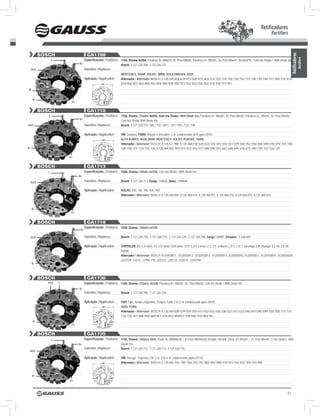 Retificadores
                                                                                                                                                                                              Rectifiers


           BOSCH                        GA1708




                                                                                                                                                                                                                 Retificadores
                                                                                                                                                                                                                             Rectifiers
                  l                   Especificações / Features: 115A, Diodos 8x50A, Parafuso B+ M8x50 / B+ Post M8x50, Parafuso D+ M5x45, D+ Post M5x45, Terminal W, Com trio Diodo / With Diode trio
                                B+                                Bosch: 1.127.320.708, 1.127.320.731
     Aux                              Substitui / Replaces:
                                                                  MERCEdES; SAAB; VOlVO; BMw; VOlKSwAGEN; AudI.
                                      Aplicação / Application:    Alternador / Alternator: BosCh: 0.120.469.603/ 610/ 015/ 020/ 021/ 663/ 722/ 723/ 724/ 734/ 735/ 736/ 737/ 738/ 739/ 740/ 741/ 768/ 774/ 813//
                                                   123            814/ 856/ 857/ 863/ 884/ 903/ 904/ 908/ 929/ 930/ 931/ 932/ 933/ 934/ 953/ 975/ 976/ 977/ 991.
w


      B-
                           d+


           BOSCH                        GA1710
              l                       Especificações / Features: 115A, Diodos / Diodes 8x50A, Com trio Diodo / With Diode trio, Parafuso B+ M8x50 / B+ Post M8x50, Parafuso D+ M5x45, D+ Post M5x45,
                                B+
                                                                  Com trio Diodo/ With Diode trio
Aux                                   Substitui / Replaces:       Bosch: 1.127.320.710 / 565 / 732 / 681 / 737 / 705 / 723 / 739.

                                      Aplicação / Application:    VW: santana; FORD: Royale e Versailles c/ ar condicionado (AP) após 03/92;
                                                    123           AlFA ROMEO; AudI; BMw; MERCEdES; VOlVO; PORSHE; SAAB.
                                                                  Alternador / Alternator: BosCh: 0.120.427.988, 0.120.468.018/ 020/ 022/ 024/ 025/ 026/ 027/ 029/ 044/ 052/ 056/ 068/ 069/ 070/ 079/ 101/ 106/
B-                                                                108/ 109/ 121/ 123/ 125/ 126, 0.120.469.002/ 003/ 011/ 012/ 016/ 017/ 589/ 590/ 591/ 642/ 648/ 649/ 676/ 677/ 690/ 709/ 725/ 726/ 729.

                          d+


           BOSCH                        GA1713
              l                       Especificações / Features: 120A, Diodos / Diodes 6x50A, Com trio Diodo / With Diode trio
                                B+

     Aux
                                      Substitui / Replaces:       Bosch: 1.127.320.713, Cargo: 138620, Valeo: 1398640

                                      Aplicação / Application:    VOLVO: 740, 760, 780, 940, 960
                                                                  Alternador / Alternator: BosCh: 0.120.468.009, 0.120.468.010, 0.120.468.011, 0.120.468.012, 0.120.468.015, 0.120.468.016



     B-
                           d+


           BOSCH                        GA1718
                                      Especificações / Features: 120A, Diodos / Diodes 6x50A
                                 B+

     Aux                              Substitui / Replaces:       Bosch: 1.127.320.718; 1.127.320.719; 1.127.320.729; 1.127.320.748, Cargo:138987, Chrysler: 5 226 600

                                      Aplicação / Application:    CHRYSLER: Es 2.2i turbo; Es 2.5i turbo; GsII turbo; GTs 2.2i T; Lancer 2.2, 2.5; LeBaron 2.2i T, 2.5i T; saratoga 3.0i; Voyager 3.3 V6, 3.8 V6
                                                                  Dodge
                                                                  Alternador / Alternator: BosCh: 0120450011, 0120450012, 0120450013, 0120450014, 0120450016, 0120450017, 0120450019, 0120450020,
                                                                  LEsTER: 13315, 14789, PIC: 220123, 220124, 220270, 220270A
     B-




           BOSCH                        GA1730
              Aux     l               Especificações / Features: 115A, Diodos / Diodes 8x50A, Parafuso B+ M8x50 / B+ Post M8x50, Com trio Diodo / With Diode trio.
                                B+
                                      Substitui / Replaces:       Bosch: 1.127.320.700, 1.127.320.730.

                                      Aplicação / Application:    FIAT: Tipo, Tempra Argentino, Tempra Turbo 2.0i c/ ar condicionado após 04/94;
                                                    123           AudI; FORd.
                                                                  Alternador / Alternator: BosCh: 0.120.469.028/ 029/ 034/ 035/ 631/ 632/ 633/ 635/ 636/ 637/ 671/ 672/ 696/ 697/ 698/ 699/ 700/ 708/ 712/ 715/
                                                                  716/ 720/ 847/ 848/ 859/ 860/ 861/ 875/ 892/ 893/937/ 939/ 940/ 979/ 980/ 981.
      B-
                           d+


           BOSCH                        GA1735
                  l                   Especificações / Features: 115A, Diodos / Diodes 8x50, Paraf. B+ M8/M6x50 / B+Post M8/M6x50 (Double Thread), Paraf. D+ M5x45 / D+ Post M5x45, C/ trio Diodo / With
                                B+                                Diode trio.
                                      Substitui / Replaces:       Bosch: 1.127.320.712, 1.127.320.713, 1.127.320.735.
 Aux

                                      Aplicação / Application:    GM: Ômega, suprema 2.0i, 2.2i, 3.0i c/ ar condicionado (após 03.93).
                                                    123           Alternador / Alternator: BosCh: 0.120.469.784 / 785/ 786/ 787/ 793/ 882/ 883/ 909/ 910/ 915/ 916/ 923/ 924/ 935/ 988.



     B-
                          d+



                                                                                                                                                                                                            51
 
