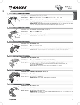 Retificadores
                                                                                                                                                                                                   Rectifiers


          BOSCH / wApSA                      GA1006




                                                                                                                                                                                                                     Retificadores
                                                                                                                                                                                                                                 Rectifiers
                                           Especificações / Features: 55A, 3x35A Diodos, com Trio Diodo / with Trio diode


B+                                         Substitui / Replaces:       Bosch:9.121.450.310, 9.121.450.311, 9.121.450.533, Wapsa: 415-1 , 415-26 , 415-36 , 415-38 ,415-39.

                                           Aplicação / Application:    FORD: Del Rey, scala, Corcel II, Belina, Pampa (após 10.82), caminhão com motor MWM 4/6 e tratores;
                                                                       VW: Caminhão E-11, E-13, com motor álcool 8cil., Micro ônibus, caminhão 6.80 com motor Perkins, caminhão 6.90, 7.90, 7.110, 12.140, 11.130,
                                                                       11.160, 13.130, 13.160 com motor MWM.
                                                                       Alternador / Alternator: WAPsA: ARA13037/14020 /15024, ARC13029/ 13030/ 14028/ 14056/ 15077/ 15151, ART13035/ 13036/ 13041/ 13063/
                                                                       13136/ 15168. BosCh: 9.120.450.042/ 044/ 052/ 053/ 058/ 071/ 085/ 090/ 092/ 093 / 100/ 102/ 113/ 130/ 132/ 132.



          BOSCH / wApSA                      GA1522
                   l                       Especificações / Features: 85A, 3x35A Diodos / Diodes, com Trio Diodo / Whit Diode Trio
                       B+

                                           Substitui / Replaces:       Bosch: 9.121.450.587, Wapsa: 415/22.
Aux
                                           Aplicação / Application:    VW: Kombi diesel, Gol gas/alcool, Passat, Voyage, santana.
                                                                       Alternador / Alternator: BosCh: 9.120.450.110.

                                      d+




          BOSCH / wApSA                      GA1529
                                           Especificações / Features: 60A, 3x35A Diodos / Diodes
             B+
                                           Substitui / Replaces:       Bosch: 9.121.450.313 , Wapsa: 415-29.

                                           Aplicação / Application:    FORD: Caminhão Cargo 1218 / 1415 / 1418 / 1519 / 1521 / 1618 / 1621 / 2218 / 2319 / 2321 / 3021 / 3223 c/ motor FoRD 6.6 / 7.8 litros.
                                                                       Alternador / Alternator: WAPsA: ARC14096, ARC16097. BosCh: 9.120.450.080, 9.120.450.083, 9.120.450.128, 9.120.450.006.




          BOSCH / wApSA                      GA1574
                                           Especificações / Features: 60A, 3x35A Diodos / Diodes

                                           Substitui / Replaces:       Bosch: 9.121.450.574, 9.120.450.073, 9.120.450.129, 9.120.450.133, 9.120.450.134.

                                           Aplicação / Application:    FORD: Cargo 1218/1415/1418/1618/2218 c/ motor FoRD 6.6 litros; NEW HOLLAND: Colheitadeira 8040/8055;
                       B+                                              VW: Caminhão / Truck 16.170/14.170/14.210/16.210 com motor cummins série (Ref. original 9120450013). Caminhão / Truck
                                                                       13.210/15.210/22.210 com cummins série C.
                                                                       Alternador / Alternator: BosCh: 9.120.450.073/ 129/ 133/ 134/ 014/ 137, WAPsA : AKC16123, AKC14122.




          DAEwOO                             GA1940
                                           Especificações / Features: 120A, Diodos 6 x 50A, Com Trio Diodo / With Diode Trio

                                           Substitui / Replaces:       Daewoo: 266000

                                           Aplicação / Application:    GM: Mercury Marine V8; DAEWOO: Matiz
                                                                       Alternador / Alternator: DELCo: 19020601; 19020612; DAEWoo: 219170; 96314258

     B+
                            d+




          DELCO                              GA1828
                                           Especificações / Features: 85A, 3x35A Diodos / Diodes
                                 B+

                                           Substitui / Replaces:       Delco: 1.959.828.

                                           Aplicação / Application:    GM: opala, Veraneio, Pick up, Caminhão / Truck.
                                                                       Alternador / Alternator: DELCo: A124N, A12M, A19326-1, ALB40N68, ALB40N86, 1100074, 1100748, 7111, 7113, 7122, 7140, 7142, 7143, 7146,
                                                                       7149, 7156, 7167, 7208, 7212, 7214, 7218, 7219.




                                                                                                                                                                                                                59
 