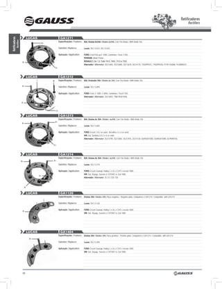 Retificadores
                                                                                                                                                                                                                  Rectifiers


                                LUCAS                              GA1271
Retificadores




                                                                 Especificações / Features: 85A, Diodos 6x35A / Diodes 6x35A, Com Trio Diodo / With Doide Trio
            Rectifiers




                                                  B+

                                                                 Substitui / Replaces:        Lucas: 352.13.672, 352.13.437.

                                                                 Aplicação / Application:     FORD: Ford Pick-up F 1000, Caminhão / Truck F350;
                                                                                              pERKINS: Motor Prima;
                          B-                                                                  RENAULT: Clio 1.6, Trafic TA12, TA52, T312 e T352.
                                                                                              Alternador / Alternator: 35213845, 35213680, 35213670, 35214170, 7702099331, 7702099330, 91TR-10300A, 9120080231.
                                                           d+



                                LUCAS                              GA1272
                                         l             w         Especificações / Features: 85A, Diodos6x 35A / Diodes 6x 35A, Com Trio Diodo / With Doide Trio

                          B+                                     Substitui / Replaces:        Lucas: 352.13.894.

                                                                 Aplicação / Application:     FORD: Ford F 1000, F 4000, Caminhão / Truck F350.
                                                                                              Alternador / Alternator: 35213855, TNM 903015RA.

                         B-



                                                            d+

                                LUCAS                              GA1273
                                                                 Especificações / Features: 85A, Diodos 6x 35A / Diodes 6x35A, Com Trio Diodo / With Doide Trio
                                                           B+
                          B-
                                                                 Substitui / Replaces:        Lucas: 352.13.682.

                                                                 Aplicação / Application:     FORD: Escort 1.8 c/ ar cond., Versalles c/ e s/ ar cond;
                                                                                              VW: Gol, santana 2.0 c/ e s/ ar cond.
                                                                                              Alternador / Alternator: 35213790, 35213865, 35213970, 35214130, 026903015RD, 026903015RB, 0279090156.

                                                       d+



                                LUCAS                              GA1274
                                                                 Especificações / Features: 85A, Diodos 6x 35A / Diodes 6x35A, Com Trio Diodo / With Doide Trio
                         B+                            B+

                                                                 Substitui / Replaces:        Lucas: 352.13.274.

                                                                 Aplicação / Application:     FORD: Escort Guarujá, hobby L e GL c/ ChT e versão 1000;
                                                                                              VW: Gol, Voyage, saveiro c/ ChT/AE1.6, Gol 1000.
                                             d+
                                                                                              Alternador / Alternator: 35 213 725/ 730



                               B-


                                LUCAS                              GA1120
                                                                 Especificações / Features: Diodos 35A / Diodes 35A, Placa negativa / Negative plate, Compatível c/ GA1274 / Compatible with GA1274 .

                                                                 Substitui / Replaces:        Lucas: 352.13.120.

                                                                 Aplicação / Application:     FORD: Escort Guarujá, hobby L e GL c/ ChT e versão 1000;
                          B-
                                                                                              VW: Gol, Voyage, saveiro c/ ChT/AE1.6, Gol 1000




                                LUCAS                              GA1404
                                                                 Especificações / Features: Diodos 35A / Diodes 35A, Placa positiva / Positive plate, Compatível c/ GA1274 / Compatible with GA1274.
                                    B+
                                                                 Substitui / Replaces:        Lucas: 352.13.404.

                                                                 Aplicação / Application:     FORD: Escort Guarujá, hobby L e GL c/ ChT e versão 1000;
                                                                                              VW: Gol, Voyage, saveiro c/ ChT/AE1.6, Gol 1000.




                          66
 