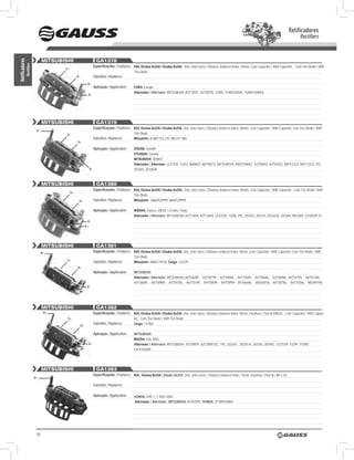 Retificadores
                                                                                                                                                                                                                         Rectifiers


                               MITSUBISHI                             GA1378
Retificadores




                                                                    Especificações / Features: 85A, Diodos 6x35A / Diodes 6x35A, Dist. entre furos / Distance between holes: 85mm, Com Capacitor / With Capacitor, Com Trio Diodo / With
            Rectifiers




                                      d+
                                                                                                 Trio Diode
                                                B+                  Substitui / Replaces:
                                                           B+
                                                                    Aplicação / Application:     FORD: Europe
                                                                                                 Alternador / Alternator: MITsUBIshI: A2T14591, A2T28792, FoRD: 91AB10300A, 92AB10300FA
                                                               B-




                               MITSUBISHI                             GA1379
                                                                    Especificações / Features: 85A, Diodos 6x35A / Diodes 6x35A, Dist. entre furos / Distance between holes:: 85mm, Com Capacitor / With Capacitor, Com Trio Diodo / With
                          B+
                                       d+                                                        Trio Diode
                                                                    Substitui / Replaces:        Mitsubishi: A 860 T23 270, MD 611 586
                                                B+

                                                                    Aplicação / Application:     DODGE: stealth;
                                                                                                 HYUNDAI: sonata;
                                                                                                 MITSUBISHI: 3000GT
                                                                                                 Alternador / Alternator: LEsTER: 13352, MANDo: AB190012, MITsUBIshI: A003T00692, A3T00692, A3T04292, MD112323, MD112323, PIC:
                                                               B-                                203384, 203384A



                               MITSUBISHI                             GA1380
                                                                    Especificações / Features: 95A, Diodos 8x35A / Diodes 8x35A, Dist. entre furos / Distance between holes: 85mm, Com Capacitor / With Capacitor , Com Trio Diodo / With
                                           B+
                                                                                                 Trio Diode
                                                 d+                 Substitui / Replaces:        Mitsubishi: A860X29999, A860T29999

                                                                    Aplicação / Application:     NISSAN: stanza, 200sX 1.8 Dohc Turbo
                                                                                                 Alternador / Alternator: MITsUBIshI: A2T13894, A2T14694, LEsTER: 13286, PIC: 203292, 203310, 203322D, 203364, NIssAN: 2310035F10
                                                           B-
                                                          B+




                               MITSUBISHI                             GA1381
                               B+                                   Especificações / Features: 85A, Diodos 6x35A / Diodes 6x35A, Dist. entre furos / Distance between holes: 85mm, Com Capacitor / With Capacitor, Com Trio Diodo / With
                                                                                                 Trio Diode
                                       d+
                                                                    Substitui / Replaces:        Mitsubishi: A860T29370, Cargo: 135229
                                                B+
                                                                    Aplicação / Application:     MITSuBISHI
                                                                                                 Alternador / Alternator: MITsUBIshI: A4T58289, A4T58799 , A4T59086, A4T75589, A4T58686, A4T58986, A4T59199, A6T55186,
                                                                                                 A4T58689 , A4T58989 , A4T59786 , A6T55189 , A4T58699, A4T58999 A4T66486, ME060076, A4T58786, A4T75586, ME090198
                                                           B-




                               MITSUBISHI                             GA1382
                                B+                                  Especificações / Features: 85A, Diodos 6x35A / Diodes 6x35A, Dist. entre furos / Distance between holes: 85mm, Parafuso / Post B+M8x25, Com Capacitor / With Capaci-
                                       d+                                                        tor, Com Trio Diodo / With Trio Diode
                                                                    Substitui / Replaces:        Cargo: 137861
                                                     B+

                                                                    Aplicação / Application:     MITSuBISHI;
                                                                                                 MAZDA: 626; MX6
                                                               B-                                Alternador / Alternator: MITsUBIshI: A2T20091, A2T20091ZC, PIC: 203341, 203341A, 203356, 203442, LEsTER: 13299, FoRD:
                                                                                                 F2F818300B




                               MITSUBISHI                             GA1383
                                                                    Especificações / Features: 95A , Diodos 8x35A / Diodes 8x35A . Dist. entre furos / Distance between holes: 75mm. Parafuso / Post B+ M6 x 20
                         B+

                                                                    Substitui / Replaces:

                                                                    Aplicação / Application:     HONdA CIVIC 1.7 2001-2004
                                                                                                 Alternador / Alternator: MITSuBISHI: A5TA7091, HONdA: 31100PLMA01




                          70
 