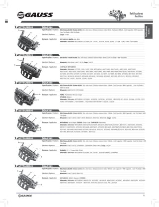 Retificadores
                                                                                                                                                                                                Rectifiers


      MITSUBISHI                               GA1384




                                                                                                                                                                                                                  Retificadores
                                                                                                                                                                                                                              Rectifiers
      B+                                   Especificações / Features: 85A, Diodos 8x35A / Diodes 8x35A, Dist. entre furos / Distance between holes: 85mm, Parafuso:B+M8x25, Com Capacitor / With Capacitor,
                d+                                                      Com Trio Diodo / With Trio Diode
                                           Substitui / Replaces:        Cargo: 137861
                           B+

                                           Aplicação / Application:     MITSuBISHI; MAZDA: 626, MX6
                                                                        Alternador / Alternator: MITsUBIshI: A2T20091, PIC: 203341, 203341A, 203356, 203442, LEsTER: 13299, FoRD: F2F818300B
                                     B-




      MITSUBISHI                               GA1385
                                           Especificações / Features: 85A Diodos / Diodes 6x35A, Dist. entre furos / Distance between holes: 85mm, Com Trio Diodo / With Trio Diode
     B+
                 B+                        Substitui / Replaces:        Mitsubishi: MD618568; A 860 T 38770, Cargo: 136979
                           d+
B-
                                           Aplicação / Application:     CHRYSlER; MITSuBISHI
                                                                        Alternador / Alternator: LEsTER: 13430, 13439, 13450, MITsUBIshI: A002T34892, A002T34991, A002T34992, A002T35091,
                                                                        A002T36391, A002T36392, A002T38491, A002T38891, A002T38892, A002T39891, A002T40092, A002T83291, A002TA3491, A2T20091,
                                                                        A2T34892, A2T34992, A2T35091, A2T35092, A2T36391, A2T36392, A2T38491, A2T38891, A2T38892, A2T40092, MD175810, MD175811,
                                                                        MD177244, MD184278, MD184279, MD184280, MD184281, MD189658, MD189659, MD191402, MD193323, MD19543, MD309837,
                                                                        MD317401, PIC: 203297, 203297A, 203298, 203299

      MITSUBISHI                               GA1390
                                           Especificações / Features: 95A, Diodos 8x35A / Diodes 8x35A, Dist. entre furos / Distance between holes: 100mm, Com Capacitor / With Capacitor , Com Trio Diodo /
           d+
                                                                        With Trio Diode
                     B+                    Substitui / Replaces:        Mitsubishi: A860T35270, E9PZ10304B

                                    B+ Aplicação / Application:         FORD: Thunderbird, Mercury Cougar;
                                                                        HYUNDAI: Alliance
                                B-                                      Alternador / Alternator: MITsUBIshI: A3T45694 , A4T00790 , A4T00796 , A4T03591, MD149750, PIC: 203324, 203360A, LEsTER: 13212
                                                                        FoRD: E9sF10300DA , F3sU10300AA , F3sZ10346A, MoToRCRAFT: GLE265, GLE338




      MITSUBISHI                               GA1391
                                           Especificações / Features: 95A, Diodos 8x35A / Diodes 8x35A, Dist. entre furos / Distance between holes: 100mm, Com Capacitor / With Capacitor, Com Trio Diodo / With
                d+
                                                                        Trio Diode
                           B+              Substitui / Replaces:        Mitsubishi: A 860 T 23070, A 860 T 28070, MD602227, MD611564, MD611768, Cargo: 132793

                                           Aplicação / Application:     MITSUBISHI: Van & Wagon; DODGE: Dodge Eagle; CHRYSLER: Importados
                                                                        Alternador / Alternator: MITsUBIshI: A003T02193, A3T03393, MD126110, A003T03392, A3T03471, MD133171, A003T03393, A3T03492,
                                      B-                                MD135171, A003T03493, A3T03493, MD136838, A003T06591, A3T04493, MD136839 , A003T08293, A3T08293, MD141855, A003T41876,
                                      B+                                A3T41876 , MD158495, A003T45694, A3T41892, MD162518, A3T02192, A3T45693, MD168989, A3T02193, A4T41876, MD611564, A3T03391,
                                                                        A4T41892, MD611678, A3T03392, A4T45694 , MD111233



      MITSUBISHI                               GA1392
                                           Especificações / Features: 95A, Diodos 8x35A / Diodes 8x35A, Dist. entre furos / Distance between holes: 100mm, Com Capacitor / With Capacitor, Com Trio Diodo / With
      B+
                                                                        Trio Diode
                d+
                                           Substitui / Replaces:        Mitsubishi: A 860 T 30170, 23700AA061, 23830AA030, A860T29870, Cargo: 135229

                               B+
                                           Aplicação / Application:     SUBARU: XT 2.7, Canter f60d, FE444
                                                                        Alternador / Alternator: MITsUBIshI: A3T03891 , PIC: 203387, 203387A sUBARU: 23700AA061

                                          B-




      MITSUBISHI                               GA1393
                                           Especificações / Features: 85A, Diodos 6x35A / Diodes 6x35A, Dist. entre furos / Distance between holes: 100mm, Com Capacitor / With Capacitor , Com Trio Diodo / With
     B+                                                                 Trio Diode
                d+
                                           Substitui / Replaces:        Mitsubishi: A 860 T 26070, MD611742
                          B+
                                           Aplicação / Application:     MITSuBISHI: 3000GT, Diamont; CITRÖEN
                                                                        Alternador / Alternator: MITsUBIshI: A004T01793 A4T01893 MD160539 A004T01893 A4T02991 MD160540 A004T02991 A4T03091
                                                                        MD197468 A004T03091 A4T03191 MD197469 A4T01793, LEsTER: 13435, PIC: 203440A
                                          B-




                                                                                                                                                                                                             71
 