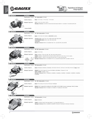 Reguladores de Voltagem
Reguladores
          Regulators
                                                                                                                                                                                                      Voltage Regulators


                            BOSCH                           GA023
                                                          Especificações / Features: 14V, Campo positivo / ‘A’ circuit

                                                          Substitui / Replaces:       Bosch: 1 197 311 032, 1 197 311 033, 1 197 311 045


                                                          Aplicação / Application:    CASE: 110, 120, 135, 180, 181, 182 97>
                                                                                      Alternador / Alternator: 0 120 484 011/ 018/ 022/ 024/ 025/ 026/ 027/ 050/ 051 , 0 120 488 134 / 138/ 205/ 285 /293/ 299
                                                     D+
                                                     DF

                                                           Lançamento ago/2010
                                D-

                            BOSCH                           GA025
                                                          Especificações / Features: 14V / 140A Campo positivo / ‘A’ circuit

                                                          Substitui / Replaces:       Bosch: 1.197.311.034 / IH 111.899.A1 / JOHN DEERE: AL30420

                                                          Aplicação / Application:    TRATORES CASE: IH7120/ 7130 / 7140 , IH8910 / 8920 / 8930 / 8940 / 8950;
                                                                                      COLHEITADEIRAS CASE: IH2155 / 2166 / 2188 / 2366 / 2555;
                                                     D+
                                                                                      JOHN DEERE
                                                     DF
                                                                                      Alternador / Alternator: BOSCH: 0.120.468.028 / 055 / 155 , 6.033.G00.1BY, 6.033.G30.03B.


                                 D-

                            BOSCH                           GA304
                                                          Especificações / Features: 28V / 80A Campo positivo / ‘A’ circuit

                                                          Substitui / Replaces:       Bosch: 1.197.311.304

                                                          Aplicação / Application:    IVECO: Caminhões / Trucks série 180E, 190E, 240E, 260E, 400E (até 09.92 );
                                                    D+
                                                                                      SCANIA: Caminhões / Trucks MT-DS11.94, 95, 96, 97, DS14.52, DSC11.56, 57, 58, 14.57, 61, 62, 63 e outros;
                                                    DF                                VOLVO: Caminhões / Trucks F12 e N12 (até 01.90 ) B12, NL10, 12, Chassi B12 (até 01.96).
                                                                                      Alternador / Alternator: BOSCH: 0.120.468.094/ 114/ 131, 0.120.469.014/ 026/ 643/ 999, 0.120.488.271/ 303/ 410.


                                D-

                            BOSCH                           GA365
                                                          Especificações / Features: 28V Campo positivo / ‘A’ circuit

                                                          Substitui / Replaces:       Bosch: 0192035020; 0192053015; 0192053020; 1197311308; 1197311312; 1197311327; 2197311308; 2197311312, Cargo: 136545


                                               D+         Aplicação / Application:    RENAULT: Ares 300, 340; Agora Line; Kerax; M210 Midliner; M250 Midliner; Premium 210 – 400;
                                                                                      VOLVO e SCANIA: Caminhões / Trucks
                                               DF
                                                                                      Alternador / Alternator: BOSCH: 0120468132, 0120469024, 0120469036, 0120469037, 0120469693, 0120469952, 0120469963,
                                                                                      0120469983


                           D-

                            BOSCH                           GA306
                       L                  D-              Especificações / Features: 14V / 90A Campo positivo / ‘A’ circuit
                IG

                                          DF              Substitui / Replaces:       Bosch: 9.191.337.306, 9.191.337.307, 919133702, F010RS0201

                                                          Aplicação / Application:    RENAULT: Clio 1.6i (após 02.97), Clio Motor C3L, R19, R19RN 1.6i, R19, R19RN 1.6i com ar condicionado, Trafic 2.2 e Diesel.
                                                                                      Alternador / Alternator: BOSCH: 9.120.080.215, 9.120.080.231, 9.120.080.225, F010 LD0-001.

                                                b+



                                      w

                            BOSCH                           GA397
                                                          Especificações / Features: 14V Campo positivo / ‘A’ circuit
                       L
                DF                                  D-    Substitui / Replaces:       Bosch: 0192052023

                                                          Aplicação / Application:    TALBOT: 1510 80-82; Horizon 79-86; Matra Rancho 1.4 78; Solara 80-86; Murena 1.6.
                                                    D+                                Alternador / Alternator: BOSCH: 0120489059; 0120489999; 9120144219; 9120144220; 9120144232; 9120144233
                                                DF




                       8
 