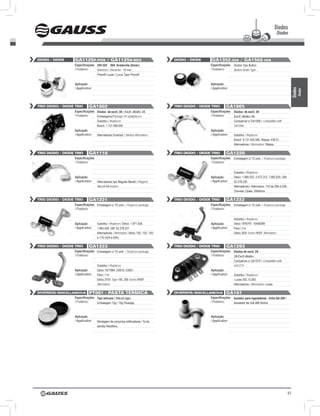 Diodos
                                                                                                                                                                           Diodes



diodo / diode            GA1125p-pos / GA1125n-neG                                          diodo / diode            GA1352-35A / GA1502-50A
                         Especificações 24V-32V 50A Avalanche (Zener).                                              Especificações   Diodos Tipo Button
                         / Features:    Diâmetro / Diameter: 10 mm.                                                 / Features:      Button Diode Type.
                                          Pressfit Lucas / Lucas Type Pressfit.


                         Aplicação                                                                                  Aplicação
                         / Application:                                                                             / Application:




                                                                                                                                                                                          Diodos
                                                                                                                                                                                               Diodes
trio diodo / diode trio             GA1002                                                  trio diodo / diode trio             GA1005
                         Especificações Diodos de excit. 3A / Excit. diodes 3A.                                     Especificações   Diodos de excit. 3A
                         / Features:    Embalagens/Package: 01 unid/pieces                                          / Features:      Excit. diodes 3A,
                                          Substitui / Replaces:                                                                      Compatível c/ GA1006 / Compatible with
                                          Bosch: 1.121.099.005                                                                       GA1006
                         Aplicação                                                                                  Aplicação
                         / Application:   Alternadores Diversos / Various Alternators                               / Application:   Substitui / Replaces:
                                                                                                                                     Bosch: 9.121.450.594, Wapsa: 436-01.
                                                                                                                                     Alternadores / Alternators: Wapsa.

trio diodo / diode trio        GA1116                                                       trio diodo / diode trio       GA1220
                   Especificações                                                                             Especificações Embalagem c/ 10 unid. / 10 pieces package.
                   / Features:                                                                                / Features:


                                                                                                                                     Substitui / Replaces:
                         Aplicação                                                                                  Aplicação        Delco: 1.984.032, 3.472.312, 7.982.635, GM:
                         / Application:   Alternadores tipo Magneti Marelli / Magneti                               / Application:   52.278.220.
                                          Marelli Alternators.                                                                       Alternadores / Alternators: 11S de 28A à 55A,
                                                                                                                                     Chevete, Opala, Utilitários.

trio diodo / diode trio             GA1221                                                  trio diodo / diode trio             GA1222
                         Especificações Embalagem c/ 10 unid. / 10 pieces package.                                  Especificações   Embalagem c/ 10 unid. / 10 pieces package.
                         / Features:                                                                                / Features:

                                                                                                                                     Substitui / Replaces:
                         Aplicação        Substitui / Replaces: Delco: 1.971.528,                                   Aplicação        Delco 1876797, 10456389
                         / Application:   1.984.459, GM: 52.278.221                                                 / Application:   Para / For:
                                          Alternadores / Alternators: Delco 10S, 12S, 15S                                            Delco 30SI Series IR/EF Alternators
                                          e 17S (42A a 65A).

trio diodo / diode trio        GA1223                                                       trio diodo / diode trio       GA1293
                   Especificações Embalagem c/ 10 unid. / 10 pieces package.                                  Especificações Diodos de excit. 2A
                   / Features:                                                                                / Features:    2A Excit diodes
                                                                                                                                     Compatível c/ GA1274 / Compatible with
                                          Substitui / Replaces:                                                                      GA1274.
                         Aplicação        Delco 1977064, D3918, D3921                                               Aplicação
                         / Application:   Para / For:                                                               / Application:   Substitui / Replaces:
                                          Delco 27SI/ Type 100, 200 Series IR/EF                                                     Lucas 352.13.293.
                                          Alternators                                                                                Alternadores / Alternators: Lucas.

diversos/miscellAneous pt001 - pAstA térmicA                                                diversos/miscellAneous GA197
                 Especificações Tipo silicone / Silicon type.                                                Especificações Isolador para reguladores - linha GA 200 /
                 / Features:    Embalagem 15g / 15g Package.                                                 / Features:    Insulator for GA 200 Series.



                         Aplicação                                                                                  Aplicação
                         / Application:   Montagem de conjuntos retificadores / To As-                              / Application:
                                          sembly Rectifiers.




                         Especificações                                                                             Especificações
                         / Features:                                                                                / Features:



                         Aplicação                                                                                  Aplicação
                         / Application:                                                                             / Application:




                                                                                                                                                                                     83
 
