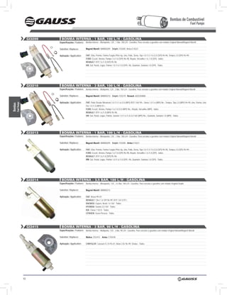 Bombas de Combustível
                                                                                                                                                                                            Fuel Pumps


                       Gi3209     BOMBA internA - 1 BAr, 100 l/H - GASOlinA
                                Especificações / Features: Bomba Interna – Monoponto, 12V , 1 Bar, 100 L/H - Gasolina. Para veículos a gasolina com módulo Original Marwal/Magneti Marelli

                                Substitui / Replaces:        Magneti Marelli: MAM00209; Delphi: FE0285 Airtex:E10221


                                Aplicação / Application:     FIAT: Elba, Prêmio, Fiorino Furgão /Pick-Up, Uno, Palio, Siena, Tipo 1.0 /1.5 /1.6 /2.0 (SPI) 94>96, Tempra 2.0 (SPI) 94>99;
                                                             FORD: Escort, Verona, Pampa 1.6 /1.8 (SPI) 96>98, Royale, Versailles 1.6, 1.8 (SPI) - todos;
                                                             REnAUlT: R19 1.6 /1.8 (SPI) 95>96;
                                                             VW: Gol, Parati, Logus, Pointer 1.0 /1.6 /1.8 (SPI) >96, Quantum, Santana 1.8 (SPI) - Todos.




                       Gi3210     BOMBA internA - 3 BAr, 100 l/H - GASOlinA
                                Especificações / Features: Bomba Interna – Multiponto, 12V , 3 Bar, 100 L/H - Gasolina. Para veículos a gasolina com módulo Original Marwal/Magneti Marelli

                                Substitui / Replaces:        Magneti Marelli: MAM00210; Delphi: FE0219; Renault: 6025304880

                                Aplicação / Application:     FIAT: Palio /Strada /Weekend 1.0 /1.5 /1.6 /2.0 (MPI) /RST /16V 99>, Siena 1.0 /1.6 (MPI) 96>, Tempra, Tipo 2.0 (MPI) 94>99, Uno, Fiorino, Uno
     Fuel Pumps
Bombas




                                                             Fire 1.0 /1.5 (MPI) 97>;
                                                             FORD: Escort, Verona, Pampa 1.6 /1.8 /2.0 (MPI) 96>, Royale, Versailles (MPI) - todos;
                                                             REnAUlT: R19 1.6 /1.8 (MPI) 95>96;
                                                             VW: Gol, Parati, Logus, Pointer, Saveiro 1.0 /1.6 /1.8 /2.0 16V (MPI) 96>, Quantum, Santana 1.8 (MPI) - Todos.




                       Gi3213     BOMBA internA - 1 BAr, 100 l/H - GASOlinA
                                Especificações / Features: Bomba Interna – Monoponto, 12V , 1 Bar, 100 L/H - Gasolina. Para veículos a gasolina com módulo Original Marwal/Magneti Marelli

                                Substitui / Replaces:        Magneti Marelli: MAM00209; Delphi: FE0285; Airtex:E10221

                                Aplicação / Application:     FIAT: Elba, Prêmio, Fiorino Furgão /Pick-Up, Uno, Palio, Siena, Tipo 1.0 /1.5 /1.6 /2.0 (SPI) 94>96, Tempra 2.0 (SPI) 94>99;
                                                             FORD: Escort, Verona, Pampa 1.6 /1.8 (SPI) 96>98, Royale, Versailles 1.6 /1.8 (SPI) - todos;
                                                             REnAUlT: R19 1.6 /1.8 (SPI) 95>96;
                                                             VW: Gol, Parati, Logus, Pointer 1.0 /1.6 /1.8 (SPI) >96, Quantum, Santana 1.8 (SPI) - Todos.




                       Gi3214     BOMBA internA – 3,5 BAr, 100 l/H - GASOlinA
                                Especificações / Features: Bomba Interna – Monoponto, 12V , 3.5 Bar, 100 L/H - Gasolina. Para veículos a gasolina com módulo Original Delphi

                                Substitui / Replaces:        Magneti Marelli: MAM00214

                                Aplicação / Application:     FIAT: Brava 99>01;
                                                             REnAUlT: Clio I 1.6 SPI 96>99, R19 1.6/1.8 97>;
                                                             DAEWOO: Espero, Nexia 1.6 16V - Todos;
                                                             hYUnDAI: Sonata 2.0 16V - Todos;
                                                             KIA: Clarus 1.5/2.0 - Todos;
                                                             cITROEn: Xsara Picasso - Todos.




                       Gi3415     BOMBA internA - 3 BAr, 90 l/H - GASOlinA
                                Especificações / Features: Bomba Interna – Multiponto, 12V , 3 Bar, 90 L/H - Gasolina. Para veículos a gasolina com módulo Original Marwal/Magneti Marelli

                                Substitui / Replaces:        Walbro: ERJ415; Airtex: E7041M

                                Aplicação / Application:     chRYSlER: Caravan II 2.4i 95>01, Néon 2.0L 96>99, Stratus - Todos.




                  92
 