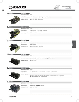 Bobinas de Ignição
                                                                                                                                                             Ignition Coils


BOSCH     GC4504
         Especificações / Features: 2 PINOS

         Substitui / Replaces:        Bosch: 9.220.081.504, F 000 ZSO 105; Magneti Marelli: BI0016MM

         Aplicação / Application:     VW: Gol, Parati, Quantum, Santana, Saveiro




BOSCH     GC4506
         Especificações / Features: 3 PINOS

         Substitui / Replaces:        Bosch: F000 ZS0 104, 9 220 081 506; VW: 377 905 105B

         Aplicação / Application:     VW: Gol II 1.0 8V 98-05, Kombi 1.6 Mpi, 98-05




BOSCH     GC4509
         Especificações / Features:




                                                                                                                                                                                     Ignition Coils
                                                                                                                                                                               Bobinas
         Substitui / Replaces:        Bosch: 9.220.081.509

         Aplicação / Application:     GM: Ipanema, Kadett, Monza 1.8/2.0 Efi 91-97.




delpHi    GC4038
         Especificações / Features: 4 PINOS

         Substitui / Replaces:        Delphi: DF20013; GM: 01104038, 10450424, 10490192; Magneti Marelli: BI0013MM

         Aplicação / Application:     GM: Corsa 1.0/1.4/1.6




delpHi    GC4483
         Especificações / Features: 3 PINOS

         Substitui / Replaces:        Daewoo/GM: 93 363 483, 96 253 555; Delphi: 10001; Opel: 19005265; Bosch: F000ZS0222

         Aplicação / Application:
                                      GM: Celta 1.0/1.4 8V 00>, Corsa/ Sedan, 1.4, 1.8 MPFi 02>, Meriva 1.4, 1.8 02>, Montana 1.4/1.8, 03, Prisma 1.4 06>;
                                      FIAT: Stilo, Palio, Siena, Idea, Dobló, Strada, Punto 1.8 8V.




delpHi    GC4905
         Especificações / Features: 4 PINOS

         Substitui / Replaces:        Delphi: BID 00001; Magneti Marelli: BI0012MM

         Aplicação / Application:     GM: Blazer, Corsa, S10




                                                                                                                                                                          97
 