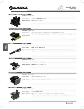Bobinas de Ignição
                                                                                                                                                                                                         Ignition Coils


                            MAGneti MArelli    GC4029
                                              Especificações / Features: 3 PINOS

                                              Substitui / Replaces:      988F-12029-AC; Magneti Marelli: BI005SSM

                                              Aplicação / Application:   FORD: Fiesta,Courrier, Escort Zetec




                            MAGneti MArelli    GC4103
                                              Especificações / Features: 2 PINOS

                                              Substitui / Replaces:      Bosch: F 000 ZS0 103; Champion: BAE800B; Cód. original: 46548037; Magneti Marelli: 0780002010
                                                                         FIAT: Siena 1.3, 1.5 98-05, UNO 1.5 Spi, Mile Mpi 93-03 Fiorino 94-04, Elba 93- 96, Premio 92- 93, Palio 1.0, 1.5 8V 98-02, Strada 1.0/1.5 8V,TE
                                              Aplicação / Application:




                            renAult            GC4131
                                              Especificações / Features: 2 PINOS
      Ignition Coils
Bobinas




                                              Substitui / Replaces:      Renault: 7700875000; Bosch: 0986221001

                                              Aplicação / Application:   REnAUlT: Clio/ Sedan, 1.6 16V HI Flex 04>, Scenic 1.6 1.6V Hi Flex 05>, Megane/ Grand Tour 1.6 16V 06>, Kangoo 1.6 16V 07>, Logan 1.6
                                                                         16V 07>




                            renAult            GC4269
                                              Especificações / Features: 3 PINOS

                                              Substitui / Replaces:      Renault: 7700107269; Bosch: 0986 221033

                                              Aplicação / Application:   RENAULT: Scenic 2.0 96-03/ Megane 2.0 97-03




                            vW / fOrd          GC4104
                                              Especificações / Features: 2 PINOS

                                              Substitui / Replaces:      VW: 867.905.104-A; Bosch: 0 986 221 000

                                              Aplicação / Application:   VW: Golf III 1.8, 2.0 94- 98, Polo Classic 1.6, 1.8 Mi 98-03




                            vW / fOrd          GC4105
                                              Especificações / Features: 2 PINOS

                                              Substitui / Replaces:      547.905.105B; Bosch: F000ZS0102

                                              Aplicação / Application:   FORD: Escort 1.6, 1.8 2.0 XR3, 94-96, Pampa 1.896-97, Versailes/ Royale, 97-96, Verona 1.8i, 2.0i 94-96,
                                                                         VW: Gol II 1.0, 1.6, 1.8, 2.0, 94-97, Logus 1.6, 1.8, 2.0, 94-96, Parati II 1.6, 1.8, 2.0, 95-96, Pointer, 1.8, 2.0 94-96, Santana/ Quantum 2.0, 94-96




                       98
 
