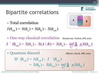 Bipartite correlations
• Total correlation
• One-way classical correlation Henderson, Vedral, JPA 2001
• Quantum discord Ollivier, Zurek, PRL 2001
12
Imperial College London 10/08/2010Quantum versus Classical Correlations in Gaussian States
( ) ( ) ( ) ( )AB A B AB
I S S S= + -ð ð ð ð
|
( ) ( ) ( | ) ( ) inf ( )B
i
AB A A i A i
i
S S A B S pS¬
P
= - = - åJ ^ð ð ð ð
|
( ) ( ) ( )
( ) ( ) inf ( )B
i
AB AB AB
B AB i A i
i
I
S S p S
¬ ¬
P
= -
= - + å
D ^ð ð J ^ð
ð ð ð
A B
 